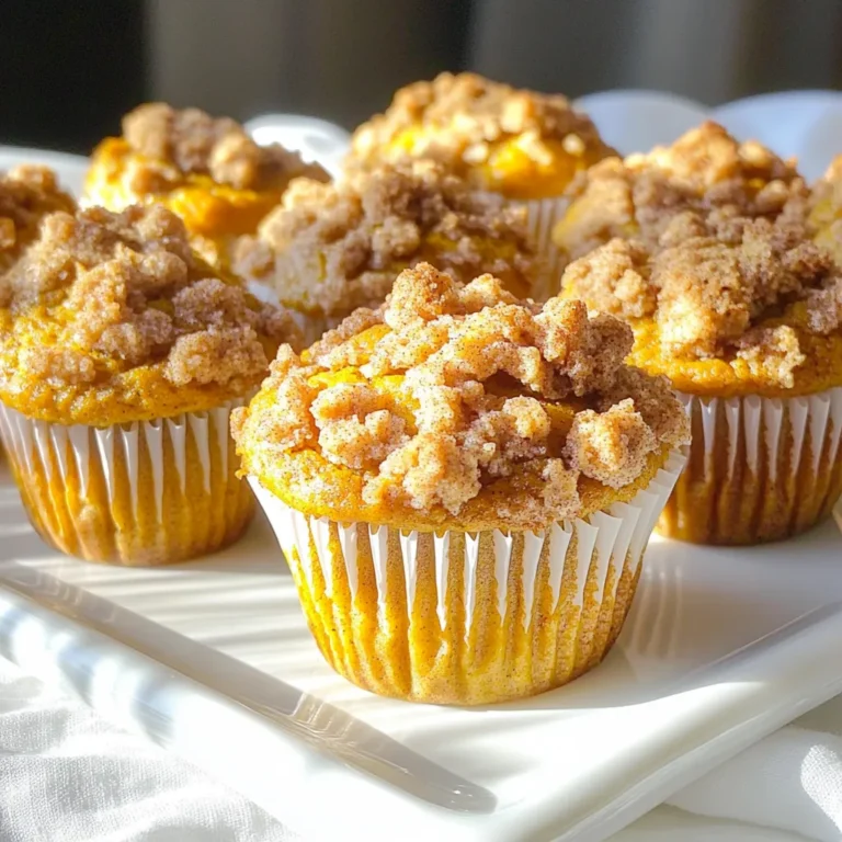 - 1 ½ cups all-purpose flour - 1 cup granulated sugar - ½ cup packed brown sugar - 1 teaspoon baking powder - ½ teaspoon baking soda - ½ teaspoon salt - 1 teaspoon ground cinnamon - ½ teaspoon ground nutmeg - ½ teaspoon ground ginger - 1 cup canned pumpkin puree - ½ cup vegetable oil - 2 large eggs - 1 teaspoon vanilla extract - ½ cup all-purpose flour - ¼ cup packed brown sugar - ¼ teaspoon ground cinnamon - ¼ cup cold unsalted butter, cubed The ingredients for bakery-style pumpkin streusel muffins make this treat special. Using canned pumpkin puree gives you a rich flavor and a moist texture. The blend of spices adds warmth and depth. When I bake these muffins, I love using a mix of both granulated and brown sugar. This combo brings out sweetness and a slight caramel note. The spices, like cinnamon and nutmeg, create that cozy fall scent. For the streusel topping, cold butter is key. It helps form those lovely crumbs. The texture and flavor of the streusel make each muffin feel like a bakery treat. Gather these ingredients, and you will be on your way to a delightful muffin experience. 1. Preheat your oven to 350°F (175°C). Line a muffin tin with paper liners or lightly grease it. 2. In a large bowl, mix together the dry ingredients. This includes the flour, granulated sugar, brown sugar, baking powder, baking soda, salt, cinnamon, nutmeg, and ginger. Whisk well until all the ingredients blend nicely. 3. In another bowl, combine the wet ingredients. Mix together the pumpkin puree, vegetable oil, eggs, and vanilla extract until smooth. 1. Make a well in the center of the dry mix. Carefully pour in the wet mixture. 2. Stir gently until just combined. Be careful not to overmix; this keeps your muffins light and fluffy. 1. In a small bowl, blend the streusel ingredients. Combine flour, brown sugar, and cinnamon. 2. Add the cold cubed butter. Use your fingers or a pastry cutter to blend until the mixture looks like coarse crumbs. 1. Fill each muffin cup about two-thirds full with batter. 2. Sprinkle the streusel topping evenly over each muffin. 3. Place the muffin tin in the oven. Bake for 20-25 minutes. Check for doneness by inserting a toothpick. It should come out clean. To make moist muffins, do not overmix the batter. Mixing too much makes the muffins tough. Stir just until you see no dry flour. Using room temperature ingredients helps too. Cold eggs or oil can cause the batter to clump. Let your eggs and oil sit out for about 30 minutes. This simple step helps create a smooth batter. For the best crumb texture in your streusel, mix cold butter with flour and sugar. Use your fingers to blend them until they look like coarse crumbs. This gives a nice crunch on top. Store your streusel in the refrigerator before using it. Chilling it helps to keep its shape when you bake. Cold butter creates a more crumbly topping. Ovens vary, so you may need to adjust your baking time. If your oven runs hot, check your muffins a few minutes early. If it runs cool, they may need extra time. To check for doneness, use the toothpick method. Insert a toothpick into the center of a muffin. If it comes out clean, your muffins are ready. If it has wet batter, bake for a few more minutes. {{image_2}} You can boost the flavor of your muffins easily. Adding chocolate chips gives a sweet twist. Sprinkle in about a cup for a rich taste. You can also mix in nuts for crunch. Walnuts or pecans work great. Just chop them up and fold them into the batter. If you need gluten-free muffins, swap out the flour. Use a gluten-free blend that fits your taste. This keeps your muffins soft and tasty. For vegan options, try using flax eggs. Mix one tablespoon of flaxseed meal with three tablespoons of water. Let it sit for five minutes to thicken, then use it in place of eggs. You can get creative with swaps in your recipe. If you want a lighter texture, use applesauce instead of pumpkin puree. This change adds sweetness and keeps it moist. You can also experiment with spices. Try adding allspice or cloves for a warm flavor. Just a teaspoon can make a big difference. To keep your muffins fresh, store them in an airtight container. This method keeps them soft for up to three days. If you want to keep them longer, freezing is your best option. Place the muffins in a freezer-safe bag. Remove as much air as possible before sealing. They can last up to three months in the freezer. For the best taste and texture, reheat your muffins in the oven. Preheat the oven to 350°F (175°C). Place the muffins on a baking sheet and warm for about 10 minutes. This method keeps the outside crisp and the inside soft. If you’re in a hurry, use a microwave. Heat each muffin for 15 to 20 seconds. This method is quick but might make them a bit soggy. Choose the method that fits your time and taste! Yes, you can use fresh pumpkin. First, cook the pumpkin until soft. Then, puree it until smooth. Use the same amount as canned pumpkin. This method adds a fresh taste to your muffins. Just remember to drain any excess water from the puree. Check your muffins at 20 minutes. Insert a toothpick into the center of a muffin. If it comes out clean, your muffins are done. If it has wet batter, bake for a few more minutes. Keep an eye on them to avoid overbaking. If your muffins are dense, they may be overmixed. Mix the batter just until combined. You can also add a touch more baking powder. Another tip is to use room-temperature eggs and oil. This helps the batter rise better. Yes! You can make mini muffins. Simply fill mini muffin tins about two-thirds full. Bake them for about 10-15 minutes. Keep an eye on them since they will bake faster. Enjoy bite-sized pumpkin treats! You now have all the tools to make delicious pumpkin muffins. Remember to mix wet and dry ingredients carefully to keep them light and fluffy. Use tips for the best streusel topping and don’t hesitate to try different flavors. Storing muffins properly is key for freshness. Feel free to experiment with variations to suit your taste. Enjoy baking these treats, and watch as they become a favorite for everyone!
