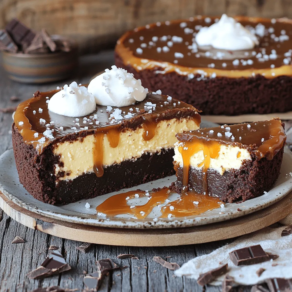 - 1 cup unsalted butter (2 sticks) - 2 cups granulated sugar - 4 large eggs - 1 teaspoon vanilla extract - 1 cup all-purpose flour - 1 cup unsweetened cocoa powder - ½ teaspoon salt The brownie layer is rich and fudgy. You start with melting the butter. This gives the brownies a great texture. Mix in sugar, eggs, and vanilla for sweetness and flavor. Then, add flour, cocoa powder, and salt. This mix creates a perfect base for our cheesecake. - 16 oz cream cheese, softened - 1 cup granulated sugar - 2 large eggs - 1 teaspoon vanilla extract - ½ cup sour cream The cheesecake layer is creamy and smooth. Start with soft cream cheese to make mixing easy. Blend in sugar and eggs for sweetness. Vanilla adds a delightful flavor, while sour cream gives a nice tang. This layer sits perfectly on top of the brownie base. - 1 cup granulated sugar - 6 tablespoons unsalted butter, cubed - ½ cup heavy cream - 1 teaspoon sea salt The salted caramel is where the magic happens. Melt the sugar slowly to get that beautiful amber color. Then, stir in butter and cream for richness. Lastly, add sea salt to bring out the sweet flavors. The caramel adds a perfect finish to your cheesecake. Start by preheating your oven to 350°F (175°C). This temperature is perfect for baking. Next, take a 9-inch springform pan. Grease it well with butter or cooking spray. This helps the cheesecake come out easily. Wrap the bottom of the pan with aluminum foil. This step prevents leaks during baking. In a medium saucepan, melt 1 cup of unsalted butter over low heat. Once melted, take it off the heat. Stir in 2 cups of granulated sugar. Add 4 large eggs and 1 teaspoon of vanilla extract. Mix until smooth. Then, add 1 cup of all-purpose flour, 1 cup of unsweetened cocoa powder, and ½ teaspoon of salt. Stir until everything is well combined. Pour this brownie batter into your prepared springform pan. Spread it evenly across the bottom. Now, it’s time for the cheesecake. In a large mixing bowl, beat 16 oz of softened cream cheese using an electric mixer. Mix until it’s smooth with no lumps. Add 1 cup of granulated sugar and mix again. Beat in 2 large eggs one at a time. Then, add 1 teaspoon of vanilla extract and ½ cup of sour cream. Mix until creamy. Pour this cheesecake mixture over the cooled brownie layer. Smooth it out with a spatula. For the salted caramel, take a saucepan and place it over medium heat. Add 1 cup of granulated sugar. Let it melt without stirring. Gently swirl the pan as the sugar turns golden brown. Once melted, add 6 tablespoons of cubed unsalted butter. Stir until it melts. Slowly pour in ½ cup of heavy cream. Be careful of splatters. Once smooth, add 1 teaspoon of sea salt to taste. Let the caramel cool slightly. After the cheesecake layer has cooled, pour the salted caramel over the top. Spread it evenly. Reserve a bit of caramel for drizzling later. Now, refrigerate your cheesecake for at least 4 hours. For the best flavor, chill it overnight. Once chilled, release the sides of the springform pan. Slice your cheesecake into wedges and enjoy! To get a great brownie layer, start with fresh ingredients. Use real unsalted butter for the best flavor. Melt the butter slowly over low heat. This makes it smooth and creamy. Stir the sugar in right after you take it off the heat. This helps the sugar dissolve well. Mix in the eggs one at a time for even blending. When you add the flour and cocoa powder, fold gently. Over-mixing can make brownies tough. Pour the batter into a greased springform pan. Spread it evenly for a nice base. Bake for just 25 minutes. The center should look slightly soft; it will set as it cools. For a dreamy cheesecake, use softened cream cheese. This helps it mix smoothly. Beat the cream cheese first until fluffy. Then, add the sugar and mix well. Adding eggs one at a time keeps the texture light. Don’t skip the sour cream! It adds rich flavor and creaminess. Mix until there are no lumps. Pour this mix over your cooled brownie layer. Use a spatula to smooth it out. Bake it slowly to avoid cracks. Let it cool in the oven with the door slightly open. This gradual cooling keeps it creamy and prevents cracks. Making salted caramel takes patience. Start with granulated sugar in a saucepan. Heat it over medium without stirring. Swirl the pan gently as it melts. Watch for a golden color to know it’s ready. Once it melts, add butter and stir. Be careful; the mix will bubble up! After it’s smooth, slowly add heavy cream. Stir until it’s combined. Add sea salt to taste for that perfect balance. Let the caramel cool slightly before pouring it on the cheesecake. Save a little for drizzling when you serve. This will make every slice extra special. {{image_2}} You can make your brownie layer even more exciting. Try adding nuts like walnuts or pecans. They add great crunch and flavor. You can also mix in chocolate chips. Dark or white chocolate chips work well. They melt and create gooey bites in every slice. If you love a bit of spice, consider a pinch of cinnamon. It adds warmth and depth to the chocolate. Don’t be afraid to play with flavors in your cheesecake layer. You can add fresh fruits like raspberries or strawberries. They bring a nice tartness to balance the sweetness. A splash of lemon juice or zest can also brighten the flavor. For a warmer taste, consider adding a touch of nutmeg or cinnamon. These spices can make your cheesecake unique. Toppings can change the whole look and taste of your cheesecake. Besides salted caramel, you can drizzle chocolate ganache or berry sauce. A sprinkle of crushed nuts can add texture to the top. If you want a fresh touch, add some whipped cream or fresh fruit slices. Each option gives a new twist to your dessert, making it even more special. After you enjoy your salted caramel brownie cheesecake, store any leftovers in the fridge. Use a large airtight container to keep it fresh. If you have a springform pan, you can cover it tightly with plastic wrap. The cheesecake will stay good for 3 to 5 days. If you want to save the cheesecake for later, freezing works well. First, let the cheesecake cool completely. Then, wrap it in plastic wrap and foil. This keeps out air and prevents freezer burn. You can freeze it for up to 3 months. When you are ready to eat it, thaw it in the fridge overnight. When it's time to enjoy your cheesecake again, avoid reheating it in the microwave. This can make it too soft. Instead, let it sit at room temperature for about 30 minutes. This warms it gently and keeps the texture nice. If you want a warm treat, try placing a slice in a low oven (around 200°F) for a few minutes. Enjoy! The cheesecake is done when the edges look set and the center jiggles slightly. A light brown color on the edges shows it is ready. Use a toothpick to test if it comes out clean from the sides. Let it cool in the oven for one hour to avoid cracks. Yes, you can use a different pan, but adjust the baking time. A square or round pan works well. Just remember to grease it well. If you use a smaller pan, the cheesecake may take longer to bake. If you need a substitute for cream cheese, try Greek yogurt or mascarpone. These options give a creamy texture. You can also use silken tofu for a dairy-free choice. Each will give a different taste, so experiment to find your favorite. To reduce the saltiness of your caramel, simply use less sea salt. Start with a pinch and taste as you go. You can also balance the flavor with more sugar or cream. This will help create a sweeter caramel without the strong salt kick. Serve the cheesecake chilled for the best taste. Slice it into wedges and drizzle with extra salted caramel. Add a sprinkle of flaky sea salt on top for a nice touch. A dollop of whipped cream or chocolate shavings makes it even better. Enjoy every bite! This recipe gives you everything you need to make salted caramel brownie cheesecake. We covered the ingredients, step-by-step instructions, tips, and storage. Each layer adds rich flavors and textures. Use your favorite mix-ins for extra fun. Remember, patience is key when baking. Enjoy every bite of your treat! Share it with friends or savor it alone. Baking is a joy, and this cheesecake is worth the effort. Make it your way, and keep experimenting!