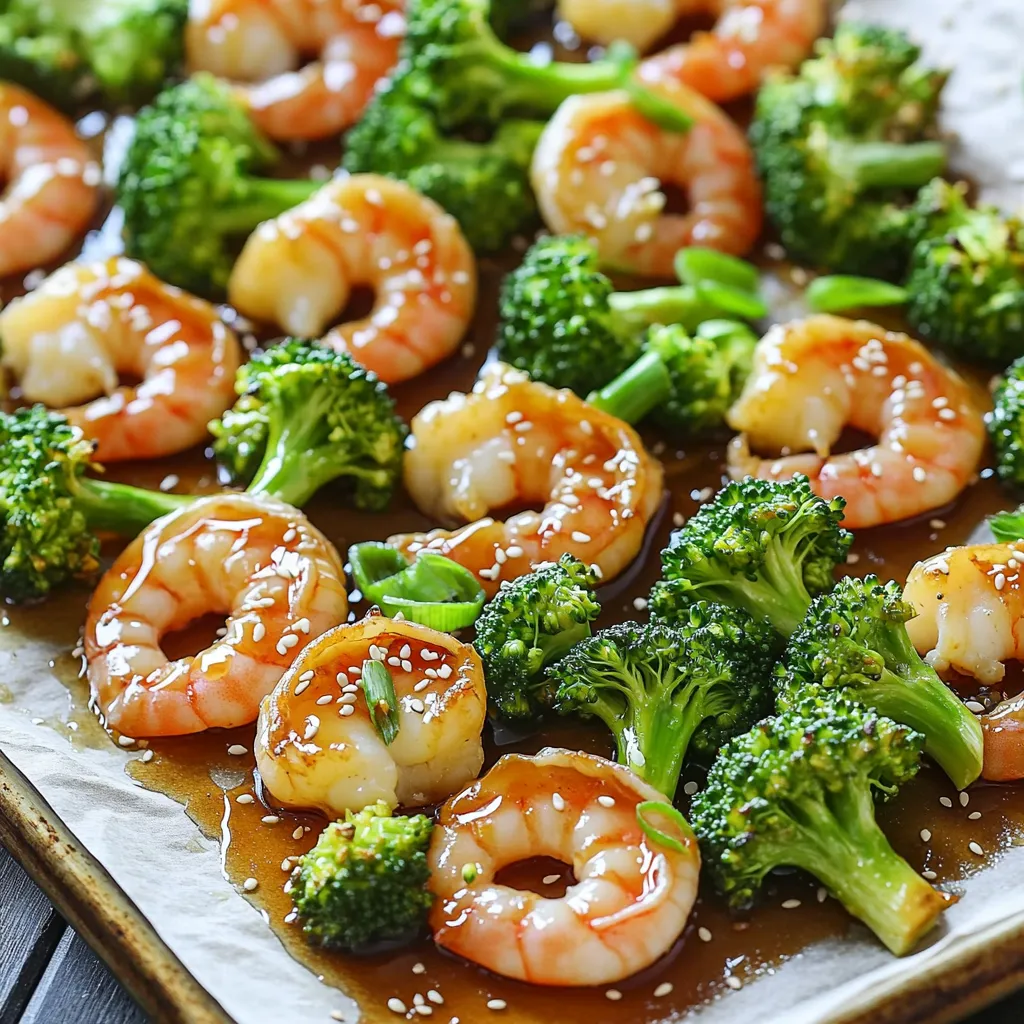 To make Sheet-Pan Honey Garlic Shrimp and Broccoli, you'll need fresh and simple ingredients. Here’s what you will gather: - 1 pound large shrimp, peeled and deveined - 3 cups broccoli florets - 1/4 cup honey - 3 tablespoons soy sauce (or tamari for gluten-free) - 2 teaspoons minced garlic - 1 teaspoon minced ginger - 2 tablespoons olive oil - Salt and pepper to taste - Optional toppings: sesame seeds, sliced green onions Each ingredient plays a key role in this dish. The shrimp brings a sweet and tender bite. Broccoli adds crunch and color. Honey gives a rich sweetness. Soy sauce adds salt and depth. Garlic and ginger provide a warm, fragrant base. Olive oil helps with cooking and flavor. Salt and pepper round out the taste. The optional toppings add a lovely finish and extra flavor. Using fresh ingredients is best for great taste. Be sure your shrimp is large and juicy. Choose bright green broccoli for the best texture. This combination makes a quick meal that everyone will love. 1. First, preheat your oven to 400°F (200°C). This step is key for cooking the shrimp and broccoli just right. 2. Next, line a large sheet pan with parchment paper. This makes cleanup easy and helps food not to stick. 1. In a small bowl, whisk together 1/4 cup honey, 3 tablespoons soy sauce, 2 teaspoons minced garlic, and 1 teaspoon minced ginger. 2. Mix until smooth and set this sauce aside. It adds great flavor to your dish. 1. In a large mixing bowl, toss 1 pound of large shrimp with 2 tablespoons of olive oil, salt, and pepper. Make sure they are all coated well. 2. Add 3 cups of broccoli florets to the bowl. Pour in half of the honey garlic sauce and toss everything together. 3. You want every shrimp and floret to be coated in that tasty sauce. 1. Spread the shrimp and broccoli mixture evenly on the sheet pan in a single layer. This helps everything cook evenly. 2. Bake in the preheated oven for 10 minutes. 3. After 10 minutes, take the sheet pan out. Drizzle the remaining honey garlic sauce over the shrimp and broccoli. 4. Return to the oven and bake for another 5-7 minutes. Look for the shrimp to be opaque and the broccoli to be tender. 5. Once done, remove from the oven and enjoy your delicious meal! - Monitor cooking time: Shrimp cook fast, about 15 minutes total. Keep an eye on them. - Check for desired tenderness: Shrimp should be opaque and firm, not rubbery. - Use fresh florets: Fresh broccoli gives the best crunch. Avoid old or wilted ones. - Avoid overcrowding the pan: Spread the shrimp and broccoli out. This helps them cook evenly. - Pair with rice or quinoa: Both rice and quinoa soak up the sauce well. They make a great base. - Suggested garnishes for extra flavor: Add sesame seeds and sliced green onions on top. They add color and taste. {{image_2}} You can switch shrimp for chicken or tofu. If using chicken, cut it into bite-sized pieces. Make sure you cook it longer. For tofu, use firm or extra-firm. Press it first to remove water. Then, cut it into cubes. Toss it just like the shrimp for great flavor. Feel free to add bell peppers or snap peas. Bell peppers bring sweetness and color. Cut them into strips and mix them with the shrimp and broccoli. Snap peas add a nice crunch. Toss them in during the last few minutes of baking. This keeps them crisp and fresh. You can adjust spices to suit your taste. If you like heat, add chili flakes to the sauce. Start with a pinch and taste. You can also try adding lime juice for a tangy kick. It brightens the dish and pairs well with honey. To keep your sheet-pan honey garlic shrimp and broccoli fresh, transfer leftovers to airtight containers. Make sure to cool the dish before refrigerating. This helps preserve the flavors and texture. Store them in the fridge for up to three days. Freezing can be a great option for leftovers. To freeze shrimp and broccoli, first, let them cool completely. Place them in freezer-safe bags or containers. Remove as much air as possible to prevent freezer burn. These can last up to three months in the freezer. When ready to eat, thaw in the fridge overnight. To reheat, you have a few methods. You can use the oven, microwave, or skillet. For the oven, preheat to 350°F (175°C) and bake for about 10 minutes until warmed through. In the microwave, heat in short bursts. Stir after each burst to avoid uneven heating. If using a skillet, add a splash of water and cover. Heat on low until warm. Enjoy your meal! Yes, you can use frozen shrimp. Just thaw them before cooking. Place them in cold water for about 15 minutes. This will help them cook evenly. Make sure to pat them dry with a paper towel. This step helps the shrimp get a nice sear. If you want to avoid honey, try maple syrup or agave nectar. Both give a sweet flavor. Brown sugar mixed with water can also work. Just make sure to adjust the amount to your taste. Leftovers from this dish last about 3 days in the fridge. Store them in airtight containers. Always let the food cool before putting it away. If you want to keep it longer, you can freeze it. Yes, this recipe can be gluten-free. Use tamari instead of soy sauce. Check that all other ingredients are gluten-free too. Fresh ingredients like shrimp and broccoli are naturally gluten-free. Enjoy this dish without worry! This blog post covers a simple shrimp and broccoli dish. You learned what ingredients to use, like honey and soy sauce. I provided clear steps, tips for cooking, and serving ideas. You can explore variations with different proteins or veggies too. Remember, storing leftovers properly helps keep them fresh. Don't forget, you can adapt this recipe to fit your needs. Enjoy cooking and make this healthy dish your own!