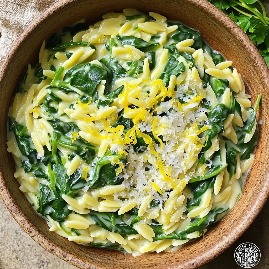 - 1 cup orzo pasta - 2 cups vegetable broth - 1 cup fresh spinach, washed and roughly chopped - 1 cup heavy cream - 1 lemon (zested and juiced) - 1 clove garlic, minced - 1 tablespoon olive oil - ¼ cup grated Parmesan cheese (optional) - Salt and pepper to taste - Fresh parsley, for garnish This creamy lemon spinach orzo is a joy to make and eat. The orzo cooks in vegetable broth, soaking up all the flavors. The heavy cream adds richness. You can adjust the cream based on your taste. Fresh spinach adds nice color and nutrients. You can customize the dish. Add grilled chicken or shrimp for protein. If you want a lighter dish, skip the cream. You can also switch the cheese for a dairy-free option. Using fresh ingredients makes a big difference. Fresh herbs like parsley brighten the dish. Zesting the lemon gives a burst of flavor. Don't skip the salt and pepper. They bring out the best in your dish. Try this recipe for a quick meal. The cooking time is just about 25 minutes. It's easy to make and perfect for any night. 1. Heat the Olive Oil: Start by heating one tablespoon of olive oil in a large pot over medium heat. This step helps to build flavor. 2. Sauté the Garlic: Add one minced clove of garlic to the pot. Stir and cook for about one minute. You want it fragrant, not brown. 3. Toast the Orzo: Next, add one cup of orzo pasta. Stir it often for about two minutes. This adds a nice nutty flavor to the dish. 4. Add Vegetable Broth: Pour in two cups of vegetable broth. Bring it to a gentle boil. Once it’s boiling, lower the heat and cover the pot. 5. Simmer: Let it simmer for about 10 to 12 minutes. The orzo should be tender, and most of the liquid should be absorbed. 6. Mix in Cream and Lemon: Stir in one cup of heavy cream, the juice, and zest of one lemon. Cook for another two to three minutes. This thickens the sauce nicely. 7. Fold in Spinach: Gently add one cup of chopped spinach. Stir it in and let it wilt. If you want a richer taste, mix in ¼ cup of grated Parmesan cheese. 8. Season: Taste the dish and add salt and pepper as needed. Adjust to your preference for flavors. 9. Let It Rest: Turn off the heat and let it sit for a few minutes. This allows the flavors to meld together. 10. Serve: Serve warm, topped with fresh parsley for a pop of color and flavor. - Watch the Garlic: Garlic can burn quickly. Keep an eye on it to prevent bitterness. - Stir Often: Stir the orzo while toasting and cooking to keep it from sticking. - Taste as You Go: Always taste your dish as you cook. Adjust seasonings to suit your palate. - Use Fresh Ingredients: Fresh spinach and lemon make a big difference in flavor. - Presentation Matters: A sprinkle of parsley not only adds flavor but also makes the dish look appealing. To cook orzo perfectly, watch the water level. Use just enough broth to cover the pasta. Stir often to prevent sticking. Toasting the orzo in olive oil adds depth to its flavor. This step is quick, only about two minutes. To enhance creaminess, add heavy cream slowly. This allows it to blend in well. The lemon juice and zest brighten the dish. They add a fresh kick that pairs well with the spinach. For an extra touch, mix in grated Parmesan cheese. It melts smoothly and adds a rich taste. For a complete meal, pair this dish with grilled chicken or fish. A simple side salad complements the flavors nicely. Consider a light vinaigrette for added zest. Presentation matters too! Serve the orzo in a large bowl. Garnish with fresh parsley for color. A sprinkle of extra lemon zest can brighten the plate. Make it eye-catching and inviting! {{image_2}} You can change up the veggies in this dish. Try adding mushrooms, peas, or bell peppers. Each adds a unique taste and texture. For protein, consider grilled chicken, shrimp, or chickpeas. They make the dish heartier. If you want a vegan or dairy-free option, replace heavy cream with coconut milk. Use nutritional yeast instead of Parmesan for a cheesy flavor without dairy. Fresh spinach can be swapped with kale for a different green. To boost flavor, think about herbs and spices. Fresh basil, thyme, or dill can add a lovely touch. A pinch of red pepper flakes gives a nice kick. You can also drizzle some lemon-infused olive oil on top for more brightness. For a different taste, try lime juice or orange juice instead of lemon. These citrus swaps can change the dish's vibe while keeping it fresh and tasty. To keep your creamy lemon spinach orzo fresh, cool it down first. Let it sit at room temperature for about 30 minutes. Then, place it in an airtight container. This helps prevent moisture loss. Store it in the fridge for up to four days. For longer storage, freeze it in a freezer-safe container. It can last for up to three months. When freezing, leave some space at the top of the container. This allows for expansion as it freezes. Reheating orzo can be tricky. You want to keep it creamy without making it mushy. The best way is to use a saucepan. Add the orzo and a splash of broth or cream to the pan. Heat it over low heat while stirring gently. This helps restore its texture. You can also use the microwave. Place the orzo in a microwave-safe bowl. Add a little liquid and cover with a damp paper towel. Heat in short bursts, stirring in between, until warm. This keeps the orzo soft and creamy. How can I make this dish gluten-free? To make this orzo dish gluten-free, use gluten-free orzo pasta. Many brands now offer this option. You can find it in most grocery stores or online. The rest of the recipe remains the same. Just ensure your vegetable broth is also gluten-free. Can I use frozen spinach instead of fresh? Yes, you can use frozen spinach. Just thaw it and squeeze out excess water. Add it to the pot when you fold in the spinach. This way, you still get the same creamy, delicious flavor. What can I do if the orzo absorbs too much broth? If the orzo absorbs too much broth, add a bit more vegetable broth or water. Stir it in slowly, so the orzo gets creamy again. Keep the heat low to avoid overcooking. Can I prepare this dish ahead of time? You can prepare this dish ahead of time. Make it, then cool it down. Store it in an airtight container in the fridge for up to three days. When ready to eat, reheat on the stove with a splash of broth for extra creaminess. This blog post detailed how to create a delicious orzo dish. We explored the key ingredients and their measurements, along with optional ones for your taste. I shared step-by-step cooking instructions and essential tips to guarantee success. We also discussed variations and storage tips to keep your meal fresh. Finally, I answered common questions to help you along the way. Enjoy making your orzo, and remember, cooking is all about fun and exploring new flavors!