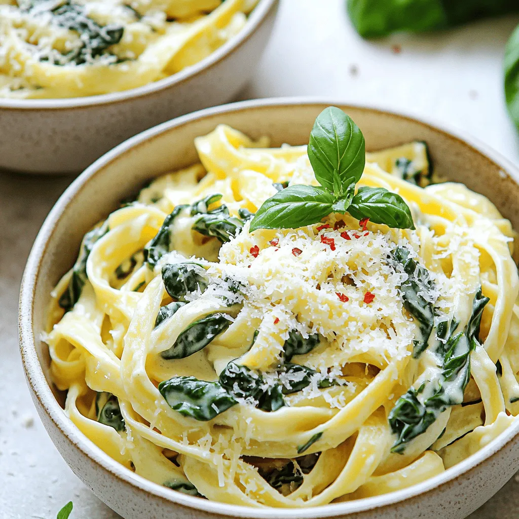 To make One-Pot Alfredo Spinach Pasta, you will need: - 12 oz fettuccine or spaghetti - 4 cups vegetable broth - 1 cup heavy cream - 2 cups fresh spinach, roughly chopped - 1 cup freshly grated Parmesan cheese - 3 cloves garlic, minced - 1 tablespoon olive oil - 1 teaspoon Italian seasoning - Salt and pepper to taste These ingredients form the base of your dish. They blend well to make a creamy, rich sauce. To add a little more kick, consider these optional ingredients: - Red pepper flakes - Fresh herbs like basil or parsley - Lemon zest for brightness These extras can take your pasta to the next level. They add heat, freshness, and depth. If you need to adjust for what you have, here are some swaps: - Use half-and-half instead of heavy cream for fewer calories. - Swap the vegetable broth for chicken broth if you prefer. - Try different pasta shapes like penne or rotini for fun. These substitutions help you make the dish your own. You can still enjoy a delightful meal with what you have on hand. Start by heating the olive oil in a large pot. Use medium heat to warm the oil. Add the minced garlic and stir. Sauté it for about one minute. You want it fragrant but not burnt. Then, pour in the vegetable broth and heavy cream. Stir these together well. This mix creates a creamy base for our pasta dish. Next, add the fettuccine or spaghetti to the pot. Sprinkle in the Italian seasoning. Turn the heat up to high and bring the mixture to a boil. Once boiling, reduce the heat to medium-low. Cover the pot and let it simmer for 10 to 12 minutes. Stir occasionally to prevent sticking. The pasta should be al dente and most of the liquid absorbed. After the pasta cooks, stir in the chopped spinach and grated Parmesan cheese. Mix everything until the cheese melts and the spinach wilts. This takes about two to three minutes. Season with salt and pepper to taste. If you like heat, sprinkle on some red pepper flakes. Remove the pot from heat and let it sit for a couple of minutes. This allows the dish to thicken. Serve in shallow bowls, topped with more Parmesan and black pepper. A sprig of fresh basil makes it look nice! To get that smooth, creamy sauce, start with heavy cream. This cream adds richness. Use it along with vegetable broth for depth. As the pasta cooks, the sauce thickens. Stir often to keep it creamy. If it seems too thick, add a splash of broth. For a richer taste, add more cheese at the end. Always use a large pot to cook your pasta. This gives it room to move. Salt your water well; it should taste like the sea. Add the pasta only when the water is boiling. Stir it gently to prevent sticking. Check the pasta for doneness a minute before the time is up. You want it al dente, firm but not hard. Fresh herbs can take your dish to the next level. Basil and parsley are great choices. Add them right at the end for bright flavor. You can also use dried herbs like Italian seasoning during cooking. If you like a bit of heat, sprinkle in some red pepper flakes. They add a nice kick without overpowering the dish. {{image_2}} You can easily boost your One-Pot Alfredo Spinach Pasta by adding protein. Chicken, shrimp, or tofu works well. If you use chicken, cook it in the pot first. Season it with salt and pepper. Then, add garlic before the broth. For shrimp, cook them right after the garlic. They only need a few minutes to cook. Tofu is a great option for a plant-based dish. Use firm tofu and cube it. Sauté it in olive oil until golden. Then, continue with the recipe as usual. Feel free to mix in other veggies for more color and flavor. Broccoli, peas, or bell peppers are excellent choices. You can add broccoli florets in the last few minutes of cooking. Bell peppers should be sautéed with garlic for a few minutes first. Peas can be added right before you stir in the cheese. Each veggie adds its unique taste and texture. So, get creative and use what you have on hand! Cheese is key to making your pasta creamy and rich. While Parmesan is classic, you can try other cheeses too. Pecorino Romano brings a sharper taste. Cream cheese can add extra creaminess. For a bold twist, consider using gouda or smoked cheese. You can mix these cheeses for a more complex flavor. Just remember to adjust the amount based on your taste. You can store leftover One-Pot Alfredo Spinach Pasta in the fridge. Place it in an airtight container. Make sure it cools down first. It stays fresh for up to three days. When you’re ready to eat, just pull it out. To reheat the pasta, you can use the stove or microwave. If using the stove, add a splash of broth or cream. Heat it over low heat, stirring often. If using the microwave, cover the dish and heat for 1-2 minutes. Stir halfway to warm it evenly. You can freeze this dish for later. Use a freezer-safe container or bag. It keeps well for up to three months. To thaw, move it to the fridge overnight. Reheat as described above. The texture may change slightly but will still taste great! Yes, you can make this recipe vegan. Use plant-based cream and cheese. Swap the heavy cream for coconut cream or cashew cream. For cheese, use nutritional yeast or a vegan Parmesan. This keeps the dish creamy and rich without dairy. To add spice, use red pepper flakes. Add them when you mix in the cheese. Start with a pinch and taste. You can add more if you like heat. For extra flavor, try fresh jalapeños or a dash of hot sauce. Great sides include a fresh salad or garlic bread. A simple Caesar salad pairs well. You can also serve roasted vegetables for a healthy touch. These sides balance the creamy pasta and add more color to your plate. This blog post covered all the key steps to make Alfredo Spinach Pasta. We explored important ingredients, cooking methods, and tasty variations. You learned how to achieve a creamy sauce and the best ways to store your dish. Remember, you can customize this recipe with different proteins or veggies. Cooking should be fun and tasty! Enjoy experimenting with flavors and make it your own. With these tips, you can create a delightful meal every time.