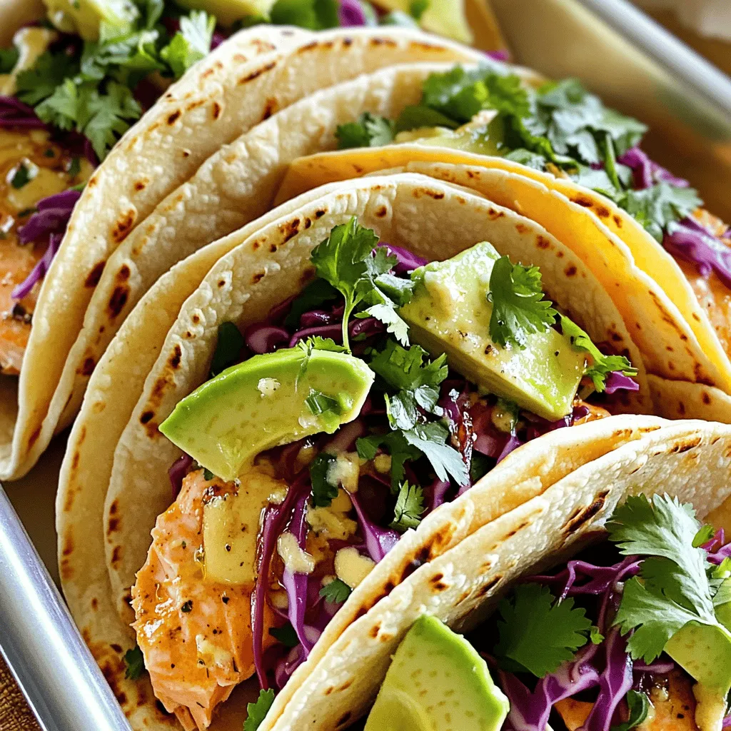 For these tacos, gather these key items: - 1 lb salmon fillets, skinless - 8 small corn tortillas - 1 cup red cabbage, finely shredded - 1 avocado, sliced - Fresh cilantro, for garnish - Lime wedges, for serving These ingredients create a tasty base for your tacos. Next, you need these seasonings to add flavor: - 3 tablespoons unsalted butter, melted - 4 cloves garlic, minced - 1 teaspoon smoked paprika - 1 teaspoon chili powder - Salt and pepper to taste - 1 lime, zested and juiced This mix of butter, garlic, and spices makes the salmon shine. Finally, consider these toppings to enhance your tacos: - Shredded red cabbage for crunch - Sliced avocado for creaminess - Fresh cilantro for a burst of freshness - Lime wedges for a zesty finish These toppings bring color and taste to your salmon tacos. Enjoy crafting your perfect plate! Start by preheating your oven to 400°F (200°C). This step is key for even cooking. Next, line a baking sheet with parchment paper. This makes cleanup a breeze. In a small bowl, mix together the melted butter, minced garlic, smoked paprika, chili powder, lime zest, salt, and pepper. Whisk until everything is well combined. This garlic butter blend will give your salmon a rich taste. Now, place the salmon fillets on the baking sheet. Make sure they are flat and spaced out. Brush the garlic butter mix over each fillet. Use a generous amount to ensure great flavor. Bake the salmon in your oven for about 12 to 15 minutes. You’ll know it’s done when it flakes easily with a fork. This means it’s moist and cooked just right. While the salmon cooks, warm your corn tortillas in a dry skillet. Heat them for about 30 seconds on each side. This makes them soft and easy to fold. Once the salmon is ready, take it out and let it rest for a few minutes. Then, break it into large chunks using a fork. To build your tacos, place some salmon in each tortilla. Top it with shredded red cabbage and slices of avocado. Don’t forget to sprinkle fresh cilantro on top. Finally, squeeze fresh lime juice over each taco before serving. This adds a zesty kick. Enjoy every bite! When picking salmon, look for bright, moist fillets. Fresh salmon should not smell fishy. Instead, it should smell clean and like the ocean. If you can, buy wild-caught salmon. It has a better taste and texture. Farmed salmon can be good too, but check for quality. Look for fillets that are firm and free of dark spots. This ensures you get the best flavor for your tacos. To make a rich garlic butter sauce, use unsalted butter for control over salt. Melt the butter gently to keep it creamy. Fresh garlic gives the best taste. Mince the garlic finely to release its flavor. Mix the garlic with smoked paprika and chili powder to add depth. Adjust the spice by adding more chili powder if you like heat. The lime zest and juice brighten the sauce. Brush this mix over the salmon for a tasty kick. Warming tortillas makes them soft and easy to fold. Use a dry skillet over medium heat. Heat each tortilla for about 30 seconds on each side. You want them warm, not crispy. If you have a tortilla warmer, that works great too! Cover them with a towel to keep them warm while you prepare the tacos. Warm tortillas make every bite of the garlic butter salmon taco delicious. {{image_2}} You can change the salmon if you want. Try using trout or tilapia. Both fish have a mild flavor that works well. You can also use chicken if you prefer. Just cook it until it is safe to eat. For a plant-based option, consider tofu or tempeh. Marinate them in the garlic butter mix for great flavor. Corn tortillas are great, but you have other choices. Flour tortillas are softer and can hold more filling. You can also use lettuce wraps for a low-carb option. Just use large leaves that can hold the filling well. Each option brings its own texture and taste. Want to kick up the heat? Add jalapeños or hot sauce to your tacos. You can mix fresh diced chili peppers into the cabbage. Another great idea is to add a spicy crema. Mix sour cream with lime juice and chili powder for a zesty sauce. Fresh herbs like mint or basil can also add a fun twist. You can store leftover salmon tacos in an airtight container. Keep them in the fridge for up to two days. When storing, separate the salmon from the tortillas. This helps keep the tortillas from getting soggy. Place the salmon in one container and the tortillas in another. Add toppings like cabbage and avocado just before serving. This keeps everything fresh and tasty. To reheat your salmon tacos, preheat your oven to 350°F (175°C). Place the salmon on a baking sheet. Cover it with foil to keep it moist. Heat for about 10-15 minutes. For tortillas, warm them in a dry skillet over medium heat for about 30 seconds on each side. This method helps them stay soft and pliable. Avoid using a microwave, as it can make the tortillas tough. If you have extra salmon, you can freeze it. Wrap the cooked salmon tightly in plastic wrap. Then, place it in a freezer-safe bag. This keeps the salmon fresh for up to three months. When you're ready to eat it, thaw it in the fridge overnight. Reheat it as mentioned above for the best taste. I do not recommend freezing the assembled tacos, as the tortillas and toppings will not hold up well. Yes, you can use frozen salmon. Just make sure to thaw it completely. You can do this overnight in the fridge or use the quick-thaw method in cold water. Once thawed, follow the same steps. The garlic butter sauce will still make it tasty! If you can't find corn tortillas, you have options. You can use flour tortillas, lettuce wraps, or even pita bread. Each will give a different taste and texture. Choose what you like best! To add some heat, try a few things. You can mix in cayenne pepper or hot sauce to the garlic butter. Adding sliced jalapeños or a spicy salsa is great, too. Just adjust to your spice level! In this article, we explored how to make delicious salmon tacos. We covered key ingredients, step-by-step instructions, and handy tips. Choosing fresh salmon and warming your tortillas are key to great flavor. Remember, you can mix and match toppings to suit your taste. With these ideas, you can create tasty tacos that impress. Enjoy your cooking, and feel free to experiment with variations for even more fun!