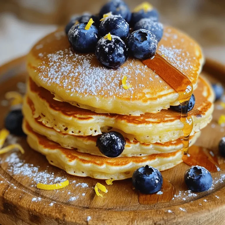 To make these lemon blueberry ricotta pancakes, gather the following: - 1 cup ricotta cheese - 1 cup all-purpose flour - 2 tablespoons sugar - 2 teaspoons baking powder - ¼ teaspoon salt - 2 large eggs - 1 cup milk - Zest of 1 lemon - 2 tablespoons fresh lemon juice - 1 cup fresh blueberries - Butter or oil for cooking These ingredients work together to create a fluffy and flavorful pancake. The ricotta adds creaminess, while the lemon gives a fresh taste. You can customize your pancakes with these options: - Alternative sweeteners: Consider using honey or maple syrup instead of sugar for a different taste. - Dairy-free options: Swap the ricotta cheese with a dairy-free yogurt or cashew cream. Use almond milk or oat milk for the milk. These substitutions can help you meet your dietary needs while still enjoying delicious pancakes. Start by grabbing a medium bowl. In this bowl, you will whisk together the ricotta cheese, eggs, milk, lemon zest, and lemon juice. Mix until smooth. This step is key. The ricotta adds creaminess and a rich flavor to your pancakes. Make sure everything blends well for a great texture. Now, take a large bowl. Here, mix the flour, sugar, baking powder, and salt. Stir them together well. This helps ensure even distribution. If you skip this step, some pancakes may taste too salty or too sweet. Use a whisk or a fork to break up any lumps. A smooth mix makes the pancakes rise better. Next, pour the ricotta mixture into the dry mix. Gently stir until just combined. It’s important not to overmix. A few lumps are okay. Overmixing makes the pancakes tough. After you combine, carefully fold in the blueberries. This adds bursts of flavor in each bite. Heat a non-stick skillet over medium heat. Add a small amount of butter or oil to coat the pan. For each pancake, pour about ¼ cup of batter. Cook until bubbles form on the surface, which takes about 2-3 minutes. Flip the pancakes and cook for another 2 minutes until golden brown. Keep pancakes warm as you cook the rest. Enjoy them warm with extra blueberries or syrup! To make fluffy pancakes, start with room temperature ingredients. Cold items can lead to dense pancakes. Let your ricotta cheese, eggs, and milk sit out for a bit. This small step makes a big difference in texture. When you mix the wet and dry ingredients, do not overmix. A few lumps are fine. They help keep air in the batter, which makes the pancakes fluffy. Serve your lemon blueberry pancakes with fresh blueberries on top. You can add a drizzle of honey or maple syrup for sweetness. A dusting of powdered sugar adds a nice touch too. For a fun twist, add whipped cream or yogurt on the side. Each bite bursts with flavor, making breakfast special. One common mistake is overmixing the batter. Stop mixing as soon as the ingredients come together. Overmixing can make the pancakes tough. Another tip is to watch your cooking time. Cook until bubbles form on the surface, then flip. If you flip too soon, the pancakes may not cook all the way through. Keep an eye on your heat. Too high can burn the pancakes, while too low can leave them soggy. {{image_2}} You can switch blueberries for other fruits. Try raspberries for a tangy twist. Strawberries add sweetness and color. Even bananas can work well. Just chop them into small pieces. Use the same amount as blueberries. Each fruit gives a new flavor and feel. Adding spices or extracts boosts the taste. A pinch of cinnamon gives warmth. Nutmeg adds a cozy touch. You can also use vanilla extract for extra sweetness. Just add one teaspoon for a subtle hint. Experimenting with flavors makes each pancake unique. You can make these pancakes gluten-free or vegan. For gluten-free, swap all-purpose flour with almond or oat flour. For vegan, replace eggs with flaxseed meal. Mix one tablespoon of flaxseed with three tablespoons of water. Let it sit for a few minutes. Use almond milk instead of regular milk. These changes keep the taste while fitting your diet. To store leftover pancakes, let them cool first. Place them in an airtight container. You can keep them in the fridge for up to three days. If you want to prevent sticking, put parchment paper between the pancakes. This keeps them soft and ready for your next meal. Freezing pancakes is a great way to save time. Stack the pancakes with parchment paper in between each one. Place them in a freezer bag or a container. Make sure to remove as much air as possible. They can stay in the freezer for up to two months. When ready to eat, just pull out the number you need. To reheat pancakes, you have a few options. The microwave is quick; just heat for about 20-30 seconds. If you want them crisp, use a skillet. Heat on medium for about a minute on each side. This keeps them fluffy and tasty, just like when they were fresh. Enjoy your pancakes with a drizzle of syrup or extra blueberries! Yes, you can prepare the batter in advance. Just mix the wet and dry ingredients separately. Keep the wet mix in the fridge until you're ready. This method saves time on a busy morning. Absolutely! Frozen blueberries work well. They may burst during cooking, adding more flavor to your pancakes. Just be sure to fold them in gently to avoid a blue batter. You can use cottage cheese or Greek yogurt. Both options give a similar texture and taste. If you want a dairy-free choice, try silken tofu blended until smooth. Look for bubbles on the surface. When they pop, it's time to flip. Cook until both sides are golden brown. A toothpick in the center should come out clean, showing they're fully cooked. In this post, we explored making delicious lemon blueberry ricotta pancakes. We covered ingredients like ricotta cheese and flour, plus tips for perfect pancakes every time. Remember to mix well but avoid overmixing for fluffiness. You can switch fruits or make dietary changes to suit your needs. Store extras properly or freeze them for later. Now, you have all the tools to create a tasty breakfast. Enjoy every bite of your pancakes!