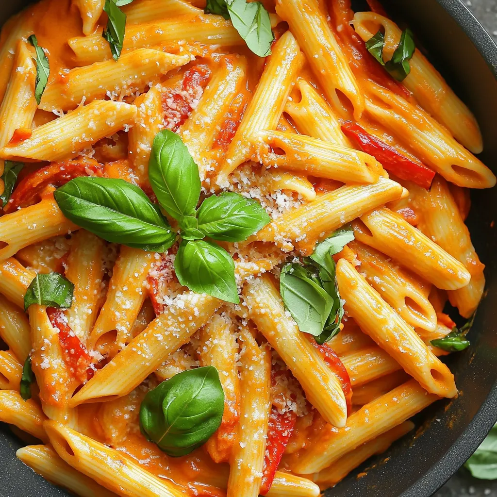 To make One-Pot Creamy Roasted Red Pepper Pasta, you need the following ingredients: - 12 oz (340g) pasta (penne or fusilli works well) - 2 large roasted red peppers, peeled and chopped (store-bought or homemade) - 1 cup heavy cream - 1 cup vegetable broth - 1 small onion, diced - 2 cloves garlic, minced - 1 teaspoon smoked paprika - 1 teaspoon Italian seasoning - 1/2 teaspoon red pepper flakes (adjust for spice preference) - Salt and pepper to taste - 1 cup grated Parmesan cheese (or nutritional yeast for a vegan option) - Fresh basil leaves for garnish You can easily swap out some ingredients if needed. Here are a few ideas: - Pasta: Use gluten-free pasta or whole wheat pasta for a healthier option. - Heavy cream: Coconut milk or cashew cream works well for a lighter version. - Vegetable broth: Chicken broth can add more flavor if you don’t need it to be vegan. - Parmesan cheese: Nutritional yeast is great for a vegan alternative. Choosing the right brands makes a big difference in taste. Here are my favorites: - Pasta: Barilla or De Cecco for quality and texture. - Roasted Red Peppers: Mezzetta or Delallo offer great flavors. - Heavy Cream: Organic Valley for a rich, creamy texture. - Vegetable Broth: Pacific Foods is my go-to for flavor and quality. - Parmesan Cheese: Locatelli is a top choice for its sharp flavor. These brands help you create a dish that is both delicious and satisfying. Happy cooking! Start by gathering your ingredients. You will need a large pot or deep skillet. Heat a little olive oil over medium heat. Add the diced onion and cook for about 3-4 minutes. You want the onion to become soft and clear. Next, add the minced garlic and cook for 1-2 minutes. Stir it often to avoid burning. Then, mix in the chopped roasted red peppers. Add smoked paprika, Italian seasoning, and red pepper flakes. Cook this for 2-3 minutes. This helps the flavors blend well together. Now, pour in the vegetable broth and heavy cream. Bring this mix to a gentle simmer. It should bubble softly. Once simmering, add your pasta. Make sure the pasta is fully submerged in the sauce. Cook it according to the package guide. Stir it occasionally, so it does not stick. This will take about 10-12 minutes. You want the pasta to be al dente, with some sauce absorbed. When the pasta is done, turn off the heat. Stir in the grated Parmesan cheese. Mix until it melts and the sauce is creamy. If the sauce is too thick, add a splash of vegetable broth to thin it out. Season with salt and pepper to your taste. For serving, use shallow bowls. Garnish with fresh basil leaves and a sprinkle of extra Parmesan. This adds a nice touch and color to your dish. Enjoy your creamy roasted red pepper pasta! To make the sauce creamy, use heavy cream. It thickens and adds richness. Start by sautéing onions and garlic. This builds a flavor base. When you add roasted red peppers, they blend smoothly. The smoky taste from smoked paprika enhances the creaminess. Stir well to mix all flavors before adding the broth and cream. If it feels too thick, add more broth bit by bit. Remember, a little salt and pepper go a long way here. Cooking pasta just right is key to this dish. Follow the package instructions closely. Usually, this takes about 10-12 minutes. Stir the pasta often during cooking. This keeps it from sticking together. You want the pasta to stay al dente, which means firm to the bite. Remember, it will cook a bit more in the sauce, so don’t overdo it! Avoid these mistakes for great pasta. First, don't skip sautéing the onions and garlic. This creates depth in flavor. Next, don't add too much pasta to the pot. It should be just submerged in the sauce. If you add too much, it will dry out. Lastly, don’t forget to taste and adjust seasoning. A little salt, pepper, or red pepper flakes can change everything! {{image_2}} To make this dish vegan, swap out the Parmesan cheese for nutritional yeast. Nutritional yeast adds a cheesy flavor without any dairy. Use about one cup to keep the creaminess. It blends well into the sauce, making it rich and tasty. You can also add a splash of plant-based cream for extra creaminess. This option is perfect for those who want a dairy-free meal. If you want to add protein, chicken or shrimp work well. For chicken, use diced breast. Sauté it in the pot before adding veggies. Cook it until golden and fully cooked, then add the onion and garlic. For shrimp, add them after the pasta is nearly done cooking. Cook them until they turn pink and opaque. This variation makes the dish heartier and more filling. You can switch up the pasta shape to suit your taste. Penne and fusilli are great, but try using spaghetti or bowtie pasta too. Each shape holds the sauce differently, giving you a new experience. Just make sure to adjust the cooking time based on the pasta you choose. Following the package instructions will help you achieve the best texture. To store your leftover One-Pot Creamy Roasted Red Pepper Pasta, let it cool first. Then, place it in an airtight container. Make sure to press out any extra air. This helps keep the pasta fresh. Store it in the fridge for up to three days. If you want it to last longer, freezing is a great option. When it's time to enjoy your pasta again, reheat it gently. Use a skillet over low heat. Add a splash of vegetable broth or cream to help it warm up without drying out. Stir often to keep it smooth. You can also use the microwave. Just cover it and heat in short bursts. Stir in between to ensure even heating. To freeze your pasta, pack it tightly in a freezer-safe container. Make sure to leave a little space at the top. The pasta will expand as it freezes. It can last up to three months in the freezer. When you're ready to eat, thaw it overnight in the fridge. Reheat it as mentioned above for the best results. Yes, you can use store-bought roasted red peppers. They save time and work well. Just drain and chop them before adding to your dish. You still get great flavor without the work of roasting them yourself. Absolutely! You can use half-and-half or whole milk instead of heavy cream. For a dairy-free option, use coconut milk or almond milk. Keep in mind that these changes may affect the creaminess of the sauce. Yes, this recipe is great for meal prep. You can cook it, portion it out, and store it in the fridge. It keeps well for up to 4 days. Just reheat it on the stove or in the microwave before serving. To adjust the spice level, simply change the amount of red pepper flakes. For a milder flavor, use less or skip them altogether. If you want more heat, add more red pepper flakes or a pinch of cayenne. This blog post covered key ingredients and their substitutes, plus tips for perfect pasta. You learned how to cook with fresh veggies and create creamy sauce. We also explored tasty variations like vegan options and added proteins. Finally, we discussed how to store and reheat your dish for best taste. Keep these tips in mind, and you’ll enjoy great pasta every time. Enjoy cooking with confidence!