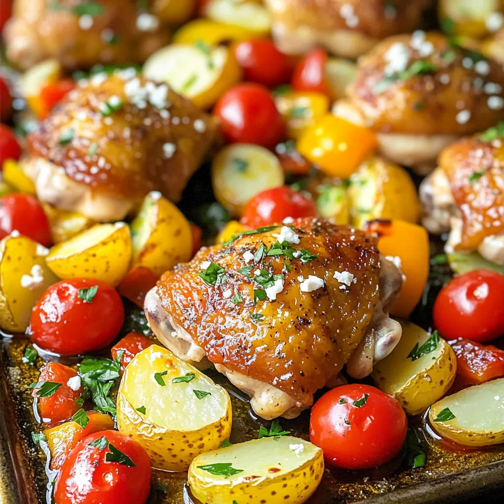 - 4 boneless, skinless chicken thighs - 2 cups baby potatoes, halved - 1 red bell pepper, sliced - 1 yellow bell pepper, sliced - 1 red onion, cut into wedges - 1 cup cherry tomatoes - 3 tablespoons olive oil - 2 tablespoons lemon juice - 2 teaspoons dried oregano - 1 teaspoon garlic powder - ½ teaspoon smoked paprika - Salt and pepper to taste - Fresh parsley, chopped - Crumbled feta cheese First, preheat your oven to 400°F (200°C). This step is key for even cooking. Next, line a large sheet pan with parchment paper. This makes cleanup easy and keeps food from sticking. In a large bowl, whisk together the marinade ingredients: olive oil, lemon juice, oregano, garlic powder, smoked paprika, salt, and pepper. Mix until smooth. This marinade adds great flavor to the chicken and vegetables. Now, it's time to coat the chicken thighs. Add them to the bowl with the marinade. Use your hands or a spoon to ensure each thigh is well-coated. Let the chicken marinate for at least 15 minutes. This allows the flavors to soak in and makes the chicken more tasty. While the chicken marinates, prepare your vegetables. In another bowl, toss the halved baby potatoes, sliced red and yellow bell peppers, red onion wedges, and cherry tomatoes with a drizzle of olive oil, salt, and pepper. Make sure all the veggies are evenly coated in the oil and seasonings. This step enhances their flavor. After that, spread the marinated chicken thighs in the center of the prepared sheet pan. Arrange the seasoned vegetables around the chicken. This layout helps everything cook evenly. Now, bake your creation in the preheated oven for 25-30 minutes. Cook until the chicken reaches an internal temperature of 165°F (75°C) and the veggies are tender. For a crispy finish, broil for an extra 3-5 minutes at the end. This step adds a delightful crunch to your chicken. After baking, remove the sheet pan from the oven and let it rest for a few minutes. Drizzle any remaining juices over the chicken and veggies for added flavor. To ensure even cooking of chicken and veggies, cut your vegetables into similar sizes. This way, they will cook at the same rate. I like to keep the baby potatoes halved and the peppers sliced in thick strips. The chicken thighs should be about the same thickness, too. Using a meat thermometer is key. Insert it into the thickest part of the chicken. When it reads 165°F (75°C), your chicken is safe to eat. This simple tool helps avoid dry chicken and undercooked meat. For a rustic touch, serve the dish right from the sheet pan. It looks inviting and saves dishes! If you want to impress, plate the chicken and veggies separately. Drizzle a bit more olive oil for extra flavor and shine. Adding garnishes like fresh parsley and crumbled feta cheese enhances the dish's look. They add color and freshness that make the meal pop. Feel free to mix up the veggies! Zucchini, carrots, or asparagus can work well too. Just remember to adjust cooking times if the veggies are thicker or thinner. For protein swaps, try chicken breasts or drumsticks. If you prefer a vegetarian option, tofu or chickpeas are great choices. They soak up the marinade flavors nicely and keep the meal satisfying. {{image_2}} You can switch out the chicken thighs for chicken breasts or drumsticks. Chicken breasts are leaner and will cook faster. Drumsticks add a nice flavor and moisture. If you want a vegetarian dish, use tofu or chickpeas. Tofu absorbs the marinade well, while chickpeas add protein and texture. Incorporate seasonal veggies to keep the dish fresh and exciting. In spring, add asparagus or zucchini. In summer, try corn or eggplant. In fall, use butternut squash or Brussels sprouts. Pair flavors to enhance the dish. For example, sweet potatoes go well with smoked paprika. Experiment with different flavors to make the dish your own. Try a smoky marinade by adding chipotle powder. For a spicy kick, mix in some cayenne pepper. You can also customize the marinade ingredients. Use fresh herbs like thyme or basil for a bright taste. Adjust the olive oil and lemon juice for your preferred tanginess. To store leftovers, place the chicken and veggies in an airtight container. Make sure to cool the food to room temperature first. You can keep it in the fridge for up to three days. After that, the taste may change, and it might not be safe to eat. If you want to freeze the dish, let it cool down completely. Then, place it in a freezer-safe container. You can enjoy it for up to three months. When you're ready to eat, move it to the fridge overnight to thaw. To reheat, place it in the oven at 350°F (175°C) until hot. This method keeps the flavors intact. To make weeknight dinners easier, prep the chicken and veggies in advance. Marinate the chicken one day ahead and store it in the fridge. This way, the flavors will deepen. When it’s time to cook, just toss the veggies and chicken on the sheet pan. For side dishes, you can serve a fresh Greek salad or warm pita bread. These pair well and bring a nice touch to your meal. You should marinate the chicken for at least 15 minutes. This short time lets the flavors soak in. For a deeper taste, try marinating for up to 2 hours. This extra time helps the chicken absorb the olive oil, lemon juice, and spices. The more time you give it, the better the flavor will be. Yes, you can prepare this dish ahead of time. You can marinate the chicken and chop the veggies the day before. Store them separately in the fridge. When you're ready to cook, just spread them on the sheet pan and bake. This method saves time and makes dinner easy. Leftovers can also be stored and reheated for quick meals later. Several side dishes pair well with this dish. Here are some ideas: - A fresh Greek salad with cucumbers and olives - Warm pita bread or flatbreads - Creamy tzatziki sauce for dipping - Quinoa or rice for a hearty side - Grilled or roasted asparagus for a veggie boost These options will enhance your meal and bring fresh flavors to your table. This blog post shared a simple sheet pan Greek chicken and vegetables recipe. We explored main ingredients like chicken thighs, bell peppers, and potatoes. You learned to make a tasty marinade and prepare everything for baking. Also, I offered tips for even cooking and serving ideas. Enjoy experimenting with variations and storing leftovers. With this guide, cooking easy and delicious meals at home is within your reach.