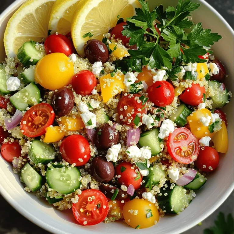 To make a tasty Mediterranean quinoa salad, you'll need these key items: - 1 cup quinoa, rinsed - 2 cups water or vegetable broth - 1 cup cherry tomatoes, halved - 1 cucumber, diced - 1/2 red onion, finely chopped - 1 bell pepper (red or yellow), diced - 1/2 cup kalamata olives, pitted and sliced - 1/2 cup feta cheese, crumbled - 1/4 cup fresh parsley, chopped These ingredients create a colorful and fresh mix. The quinoa serves as a filling base, while the veggies add crunch and flavor. For the perfect dressing, gather these items: - 1/4 cup lemon juice - 3 tablespoons extra-virgin olive oil - 1 teaspoon dried oregano - Salt and pepper to taste These elements bring the salad to life. The lemon juice adds brightness, and the olive oil gives it richness. Oregano enhances the Mediterranean taste. This salad is not only tasty but also healthy. Here are some benefits: - Quinoa is a complete protein. It has all nine essential amino acids. - Olives are rich in healthy fats. They support heart health. - Feta cheese offers calcium and protein. It's also lower in fat than many cheeses. - Tomatoes are packed with vitamins. They help keep your skin healthy. - Cucumbers add hydration and fiber. They are low in calories, too. - Parsley is full of vitamins A, C, and K. It also adds a fresh taste. This delicious salad is great for lunch or dinner. Each ingredient adds flavor and health benefits. Start by rinsing 1 cup of quinoa under cool water. This removes bitter coating. In a medium pot, bring 2 cups of water or vegetable broth to a boil. Add the rinsed quinoa, then lower the heat. Cover the pot and let it simmer for 15 to 20 minutes. The quinoa should look fluffy when done. Remove it from heat and let it cool for a bit. While the quinoa cools, wash and chop your veggies. Slice 1 cup of cherry tomatoes in half. Dice 1 cucumber and 1 bell pepper. Finely chop 1/2 of a red onion. Slice 1/2 cup of kalamata olives. This mix adds color and flavor. Place all the chopped veggies in a large bowl. In a small bowl, whisk together 1/4 cup of lemon juice and 3 tablespoons of extra-virgin olive oil. Add 1 teaspoon of dried oregano, salt, and pepper to taste. This dressing brightens the salad. Make sure to mix it well so all the flavors blend. Once the quinoa cools, add it to the bowl with the veggies. Pour the dressing over the top. Toss everything gently until well combined. Finally, fold in 1/4 cup of chopped fresh parsley. Taste and adjust the seasoning if needed. You can serve it right away or chill it for 30 minutes to enhance the flavors. To cook quinoa perfectly, start with rinsing it well. This removes any bitter taste. Use two parts water or broth for one part quinoa. Bring the liquid to a boil, then lower the heat. Cover the pot and let it simmer for 15 to 20 minutes. You’ll know it’s ready when the quinoa is fluffy. Remove it from heat and let it cool. Fluff with a fork for the best texture. When serving your Mediterranean quinoa salad, choose a large bowl. This allows everyone to see the vibrant colors. Add fresh parsley on top for a pop of green. Lemon slices can add a nice touch and extra flavor. For a more elegant look, serve in individual bowls. You can even use small jars for a fun, portable option. To change the flavor, try adding different herbs or spices. Fresh basil or mint can give a new twist. If you like it a bit spicy, add red pepper flakes. For texture, consider adding nuts or seeds, like pine nuts or sunflower seeds. Adjust the dressing too; more lemon juice can make it brighter, while extra olive oil adds richness. Taste as you go to find your perfect blend. {{image_2}} You can easily make this salad vegetarian or vegan. The feta cheese is the only animal product. For a vegan twist, simply skip the feta cheese. You can also use a vegan cheese or nutritional yeast for a cheesy flavor. This keeps the dish fresh and full of flavor. Feel free to swap ingredients based on what you have. Use any color of bell pepper, or add some chopped spinach or kale for more greens. Canned chickpeas make a great addition for protein. If you like spice, try adding sliced jalapeños or a dash of hot sauce. These swaps make the salad even more fun. Change the salad with the seasons. In spring, add fresh peas or radishes for crunch. Summer is perfect for corn or zucchini, adding a sweet note. Fall brings great flavors with roasted sweet potatoes or squash. Winter salads can include pomegranate seeds or citrus fruits for brightness. Adjusting the salad keeps it exciting and fresh all year long! Store leftover Mediterranean quinoa salad in an airtight container. Make sure the container seals well. Place it in the fridge. The salad stays fresh for about three days. If you want to keep it longer, freeze it. Just be aware that texture may change after freezing. Before you eat, check for any off smells or colors. When making this salad for meal prep, keep the dressing separate. This helps the salad stay crisp. Prepare the quinoa and chop the veggies ahead of time. Store them in separate containers. Mix the salad right before you eat. This keeps each ingredient fresh and tasty. You can also double the recipe for more meals. This salad tastes best cold or at room temperature. If you prefer it warm, heat the quinoa only. Gently warm it in the microwave for about 30 seconds. Stir it to make sure it heats evenly. Add the cold veggies and dressing after reheating. This keeps the salad bright and fresh. Enjoy it as a quick lunch or light dinner! Yes, you can make this salad ahead of time. It tastes even better after the flavors mix. Just store it in an airtight container in the fridge. I like to let it chill for at least 30 minutes. This helps all the tastes blend well. If you want it fresh, add the parsley right before serving. If you don't have feta, try using goat cheese or a dairy-free cheese. These options still add a nice tang. You can also skip cheese entirely for a lighter dish. Just add a bit more lemon juice for flavor. Nutritional yeast can also give a cheesy taste without dairy. This salad is naturally gluten-free because quinoa is gluten-free. Just ensure your broth is gluten-free too. Check the labels to be safe. All the other ingredients are gluten-free, so you can enjoy this salad worry-free. You can boost the protein by adding chickpeas or black beans. Grilled chicken or shrimp also works well. For a vegetarian option, add hard-boiled eggs. These choices make the salad more filling and nutritious. Choose what you like best! Mediterranean quinoa salad is both easy to make and packed with nutrition. We covered key ingredients that add flavor and health benefits. I shared simple steps to cook quinoa and prepare the salad. Tips and variations let you customize the dish for any occasion. Finally, knowing how to store leftovers makes meal prep simpler. Enjoy creating your own version, filled with fresh tastes and colors. This salad is great for lunch, dinner, or a snack.