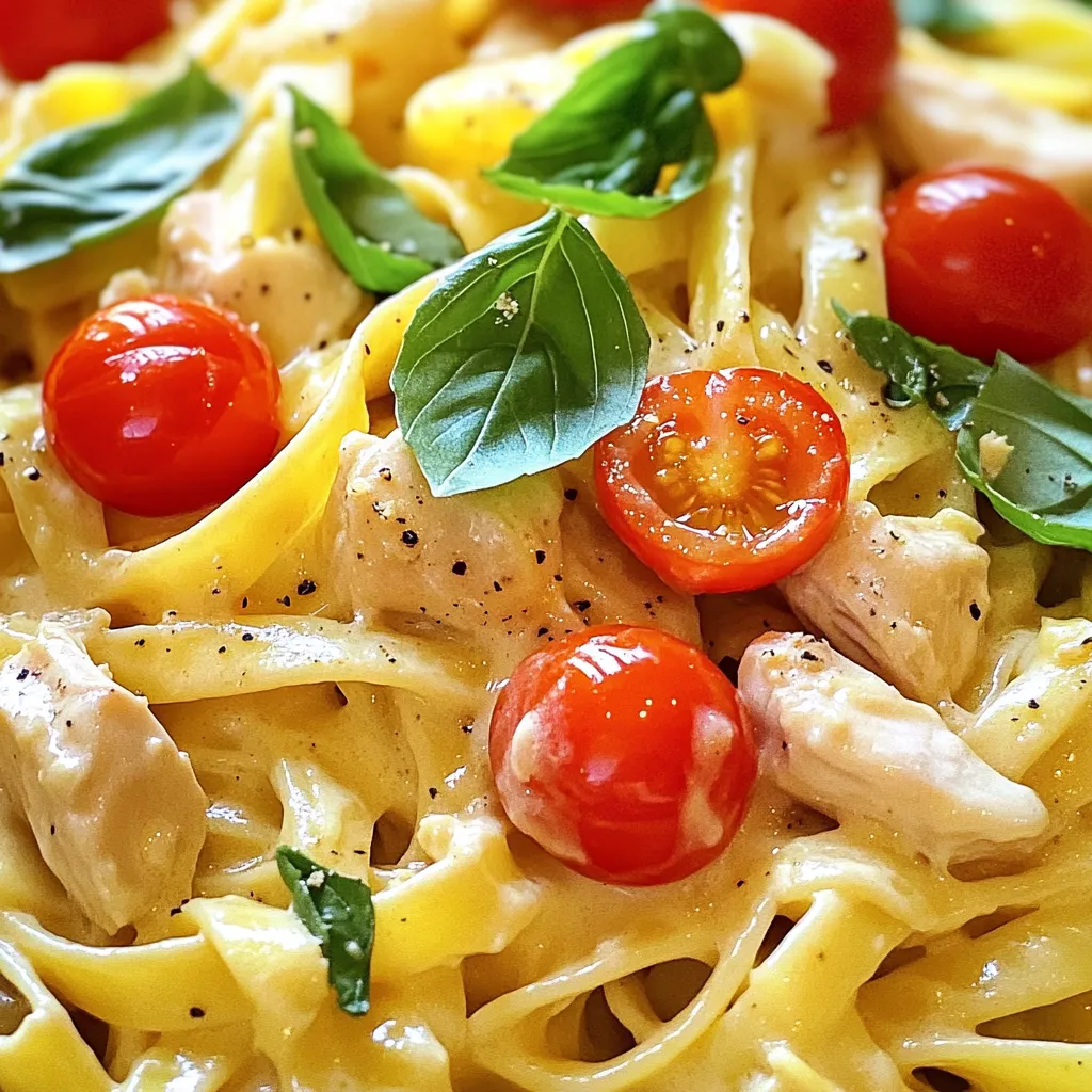 Chicken ingredients: - 2 boneless, skinless chicken breasts, diced - 2 tablespoons olive oil - Salt and pepper to taste - 1 teaspoon Italian seasoning Pasta ingredients: - 8 ounces fettuccine pasta - 3 cups chicken broth - 1 cup heavy cream Seasoning and garnish ingredients: - 3 cloves garlic, minced - 1 cup cherry tomatoes, halved - 1 cup grated Parmesan cheese - 1/2 cup fresh basil, chopped for garnish Gather these ingredients to make the dish. The chicken gives protein and flavor. Olive oil helps cook the chicken well. Italian seasoning adds a nice aroma. Fettuccine pasta makes this meal hearty and filling. Chicken broth adds depth to the sauce. Heavy cream provides that rich, creamy texture we all love. Garlic and tomatoes add freshness and sweet notes. Parmesan cheese gives a salty bite. Fresh basil brightens the dish and adds color. With these ingredients ready, you're set to create a delicious meal. This one-pot creamy chicken parmesan pasta is perfect for any night. 1. Cooking the chicken: First, heat 2 tablespoons of olive oil in a large one-pot over medium heat. Add the diced chicken breasts. Season them with salt, pepper, and 1 teaspoon of Italian seasoning. Cook the chicken for about 5-7 minutes until it turns golden brown. 2. Adding garlic and tomatoes: Next, add 3 cloves of minced garlic to the pot. Cook it for about one minute. This step makes the kitchen smell amazing! After that, stir in 1 cup of halved cherry tomatoes. Let them cook for 2-3 minutes until they soften a bit. 3. Cooking fettuccine in broth: Now, pour in 3 cups of chicken broth and bring it to a boil. Once it starts boiling, add 8 ounces of fettuccine pasta. Cook the pasta according to the package instructions, usually around 10-12 minutes. Make sure to stir it occasionally so it doesn’t stick together. 4. Combining cream and cheese for sauce: When the pasta is al dente, reduce the heat to low. It’s time to make it creamy! Stir in 1 cup of heavy cream and 1 cup of grated Parmesan cheese. Keep stirring until the sauce is smooth and creamy. This should take about 2-3 minutes. Taste the dish and add more salt and pepper if needed. Let it sit off the heat for a couple of minutes to thicken. Before serving, garnish with 1/2 cup of chopped fresh basil. To get the best flavor in your creamy chicken parmesan pasta, use fresh herbs. Fresh basil adds a bright taste. When cooking the chicken, season it with salt, pepper, and Italian seasoning. This brings out the dish’s rich flavors. Adjust seasoning levels by tasting as you cook. If it tastes bland, add more salt or pepper. You can even add a pinch of red pepper flakes for some heat. Timing is key to prevent overcooking. Cook the chicken until it’s golden brown, about 5-7 minutes. For the pasta, follow the package instructions for the best texture. Once it’s al dente, the dish will have a perfect bite. The best sides to pair with this dish are garlic bread and a simple salad. Garlic bread is easy to make. Just spread butter and minced garlic on slices, then toast them. A fresh salad adds crunch and balances the creamy pasta. For presentation, serve the pasta in shallow bowls. Top it with extra Parmesan cheese and fresh basil. This makes the dish look inviting and colorful. Consider adding a drizzle of olive oil on top for shine. {{image_2}} You can mix things up with different proteins. Instead of chicken, try shrimp or tofu. Both options add unique flavors and textures. Shrimp cooks quickly, while tofu absorbs sauces well. Pasta choice also matters. You can use penne or rotini instead of fettuccine. Short pasta holds onto sauce nicely. This makes every bite delicious. Feel free to experiment based on what you have on hand! Adding vegetables can boost flavor and nutrition. Spinach or mushrooms work great in this dish. Spinach wilts down nicely, while mushrooms add a rich taste. You can toss them in at the same time as the tomatoes. If you're feeling adventurous, modify the sauce too. Add crushed red pepper for heat or a splash of lemon for brightness. These small changes can create a whole new experience. Enjoy exploring different combinations to find your favorite! To store leftovers, let the dish cool first. Use an airtight container to keep it fresh. Place it in the fridge within two hours. This helps avoid any bacteria growth. The creamy chicken Parmesan pasta can last up to three days in the fridge. For best practices, store the pasta and sauce together. This keeps the flavors mixed. If you have extra chicken or veggies, store them separately. This way, you can enjoy the pasta without soggy bits. You can freeze cooked pasta dishes like this one. To do this, let the pasta cool completely. Then, place it in a freezer-safe container. Make sure to leave some space at the top. The pasta will expand when frozen. For reheating options, you have a few choices. You can microwave the pasta in a bowl. Add a splash of chicken broth or water for moisture. Stir every couple of minutes for even heating. If you prefer the oven, cover the dish with foil. Bake at 350°F until heated through. Enjoy your creamy chicken Parmesan pasta again! Can I use frozen chicken? Yes, you can use frozen chicken. Just make sure to thaw it first. You can do this by placing it in the fridge overnight or using the microwave. Once thawed, cut it into small pieces for even cooking. What can I substitute for heavy cream? If you want a lighter option, you can use half-and-half or whole milk. You can also mix milk with a bit of butter to mimic the creaminess. For a dairy-free version, try coconut cream or cashew cream. How to make it gluten-free? To make this dish gluten-free, use gluten-free pasta. There are many good options available, like rice or quinoa pasta. Always check the labels to be sure they are safe for your diet. How long does the dish keep in the fridge? This dish stays fresh in the fridge for about 3 to 4 days. Store it in an airtight container to keep it tasty. When you reheat it, add a splash of broth or cream to keep it creamy. You learned about key ingredients, step-by-step cooking, and tips for perfect flavor. Exploring variations lets you change the dish to fit your taste. Proper storage helps keep leftovers fresh. Cooking should be fun and easy. Use this guide to make delicious meals. Experiment and enjoy the process! You'll find your favorites and impress others with your skills. Happy cooking!
