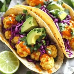 - 1 medium head of cauliflower, cut into florets - 1 cup all-purpose flour - 1 cup plant-based milk (such as almond or soy) The main star here is the cauliflower. Choose a fresh, firm head for the best flavor. Cut it into bite-sized florets. This helps them cook evenly. The flour and plant-based milk create a tasty batter. You want a smooth mix without lumps. This batter coats the florets and gives them a crispy texture. - 1 teaspoon garlic powder - 1 teaspoon onion powder - 1 teaspoon smoked paprika - Salt and pepper to taste - 1 cup buffalo sauce - 8 small corn or flour tortillas - 1 avocado, sliced - 1 cup red cabbage, shredded - Fresh cilantro, for garnish - Lime wedges, for serving The seasonings boost the flavor of the batter. Garlic powder adds depth, while onion powder gives it a savory kick. Smoked paprika adds a nice warmth. Buffalo sauce gives the florets their signature kick. Tortillas hold all the goodness together. The avocado and red cabbage add creaminess and crunch. Finally, fresh cilantro brightens each bite. And don’t forget the lime! It adds a zesty touch that really enhances the dish. 1. First, preheat your oven to 450°F (230°C). This high heat helps the cauliflower get crispy. 2. Line a baking sheet with parchment paper. This keeps the cauliflower from sticking. 3. In a large bowl, mix together 1 cup of all-purpose flour, 1 cup of plant-based milk, 1 teaspoon of garlic powder, 1 teaspoon of onion powder, 1 teaspoon of smoked paprika, salt, and pepper. Whisk until smooth. This batter gives the cauliflower a nice coating. 1. Dip each cauliflower floret into the batter. Make sure it's well-coated. 2. Place the coated florets on the prepared baking sheet. Spread them out so they cook evenly. 3. Bake the cauliflower for 20-25 minutes. Keep an eye on them. Turn the florets halfway through. This step helps them crisp up on all sides. 1. While the cauliflower bakes, warm 8 small corn or flour tortillas. You can use a skillet or microwave for a few seconds. 2. Once the tortillas are warm, fill each one with a generous amount of the buffalo cauliflower. 3. Add a few slices of avocado and some shredded red cabbage on top. 4. Finish with fresh cilantro for garnish. Serve with lime wedges on the side for extra flavor. - How to select a fresh cauliflower: Look for a head that is firm and heavy. The leaves should be green and not wilted. Avoid any heads with brown spots or soft areas. Fresh cauliflower has a mild smell and should feel cool to the touch. - Ensuring the batter adheres to the cauliflower: Make sure to coat each floret well in the batter. Use a whisk to mix the flour and plant-based milk until smooth. This helps the batter stick better. Dip the cauliflower and shake off any excess before placing it on the baking sheet. - Best accompaniments for Vegan Buffalo Cauliflower Tacos: Avocado adds creaminess, while shredded red cabbage gives a nice crunch. Fresh cilantro lifts the flavor. Lime wedges add a zesty kick. You can also try adding pickled jalapeños for extra heat. - Creative presentation ideas: Serve tacos on a wooden board for a rustic look. Arrange toppings in small bowls around the tacos. This invites guests to build their own tacos. You could also stack the tacos and secure them with a toothpick for fun. - Overbaking the cauliflower: Keep an eye on the cauliflower while baking. If they get too brown, they may become dry. Ideal baking time is 20-25 minutes for crispy florets. Turn them halfway to ensure even cooking. - Using the wrong type of tortillas: Corn tortillas are great for a gluten-free option. Flour tortillas can add a soft texture. Make sure to warm them before filling. This keeps them pliable and easy to fold. {{image_2}} You can easily make these tacos gluten-free. Use a gluten-free flour blend instead of all-purpose flour for the batter. This keeps the crispy texture while being safe for those with gluten issues. For toppings, mix it up! Instead of avocado, try using guacamole or cashew cream for creaminess. You can also add diced tomatoes, sliced radishes, or jalapeños for extra flavor and crunch. Feel free to play with sauces. While buffalo sauce is classic, you can try barbecue sauce or a spicy chipotle sauce for a twist. Each sauce brings its own unique taste. For heat levels, choose between spicy and mild buffalo sauces. If you want a kick, go for the spicy option. If you prefer something gentler, stick with mild. Adjust based on your taste and the audience you're serving. These tacos are great in different forms. You can serve them as taco bowls instead of in tortillas. Use rice or quinoa as a base and top with buffalo cauliflower and your favorite toppings. Non-vegans can add protein options, like shredded chicken or beef. This way, everyone can enjoy the meal together, no matter their diet. You can keep the buffalo cauliflower as the star, while adding extra proteins for variety. To keep your Vegan Buffalo Cauliflower Tacos fresh, store them in the fridge. Place the tacos in an airtight container. This helps prevent sogginess and keeps them tasty. If you have leftover components, store the cauliflower, tortillas, and toppings separately. This method keeps all the flavors intact. When you reheat your tacos, aim to keep them crispy. The oven is the best choice for this. Preheat your oven to 350°F (175°C). Place the tacos on a baking sheet for about 10 minutes. This method helps preserve the texture. If you use a microwave, warm them for about 30 seconds. But be aware, this can make them soft. You can freeze the components of these tacos successfully. First, freeze the buffalo cauliflower in a single layer on a baking sheet. Once frozen, transfer it to a freezer bag. Store the tortillas in a separate bag. You can freeze the toppings like avocado and cabbage, but they may lose some texture. To enjoy later, thaw everything overnight in the fridge before reheating. Yes, you can prepare these tacos in advance. The best practice is to cook the cauliflower first. After baking, toss the cauliflower in buffalo sauce. Store the cauliflower in an airtight container in the fridge. You can also warm the tortillas and prepare toppings like avocado and cabbage. When you are ready to eat, assemble your tacos for a fresh meal. This method keeps everything tasty and crisp. You can use other sauces if you don’t like buffalo sauce. Try barbecue sauce for a sweet flavor. Sriracha gives a spicy kick. Use a spicy vegan ranch for a creamy texture. You can also mix hot sauce with vegan mayo for a different taste. Explore these options to find what you enjoy most. These tacos are great for meal prep. You can make a big batch of cauliflower ahead of time. Store it in the fridge for up to four days. Warm the cauliflower before serving. Prepare your tortillas and toppings separately. This way, you keep everything fresh. Pack them in containers for easy grab-and-go meals during the week. In this article, we explored how to make delicious Vegan Buffalo Cauliflower Tacos. We discussed key ingredients, including cauliflower, batter, and the right seasonings. You learned step-by-step instructions for prepping, baking, and assembling your tacos. I shared tips to perfect your dish, common mistakes to avoid, and tasty variations. Lastly, you discovered storage tips to keep your tacos fresh. Enjoy creating these flavorful tacos, and remember, cooking is all about having fun!