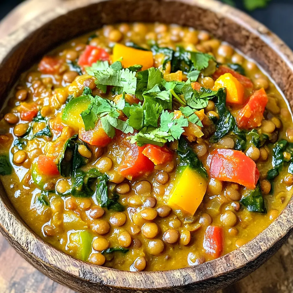 To make Slow Cooker Coconut Curry Lentils, gather these simple ingredients: - 1 cup dried green or brown lentils, rinsed - 1 can (13.5 oz) coconut milk - 1 medium onion, diced - 2 garlic cloves, minced - 1 tablespoon ginger, grated - 1 tablespoon curry powder - 1 teaspoon turmeric - 1 teaspoon cumin - 1 can (14.5 oz) diced tomatoes, undrained - 2 cups vegetable broth - 1 cup bell peppers (any color), diced - 2 cups spinach - Salt and pepper to taste - Fresh cilantro, for garnish Each ingredient adds flavor and nutrition. Dried lentils bring protein and fiber, while coconut milk gives creaminess. Aromatics like onion, garlic, and ginger create a fragrant base. Spices infuse warmth with curry powder, turmeric, and cumin. Tomatoes add acidity, and bell peppers offer sweetness. Spinach adds color and nutrients. Finally, fresh cilantro is a perfect touch for garnish. As you prepare, focus on quality. Fresh ingredients always enhance taste. You can find many of these items in your pantry or local grocery store. - Combining Base Ingredients Start by rinsing 1 cup of dried green or brown lentils. Place them in your slow cooker. Next, add 1 can of coconut milk, 1 medium diced onion, 2 minced garlic cloves, and 1 tablespoon of grated ginger. Mix these ingredients well. This forms a creamy, flavorful base for your dish. - Adding Spices and Liquid Now, it’s time to add flavor! Sprinkle in 1 tablespoon of curry powder, 1 teaspoon of turmeric, and 1 teaspoon of cumin. Make sure to mix everything thoroughly. Pour in 1 can of undrained diced tomatoes and 2 cups of vegetable broth. Stir again to combine all the ingredients. This mixture will create a rich and aromatic sauce. - Incorporating Vegetables Finally, add 1 cup of diced bell peppers. Choose any color you like! Season with salt and pepper to taste. This adds a nice crunch and freshness to your lentils. - Setting the Temperature and Time Cover your slow cooker with a lid. Set it to low heat for 6-8 hours, or high heat for 3-4 hours. Cooking on low allows the flavors to deepen. - Monitoring Cooking Progress Check your lentils about halfway through cooking. Stir gently to ensure even cooking. If your mixture looks too thick, add a splash of vegetable broth. - Adding Spinach About 15 minutes before you serve, stir in 2 cups of fresh spinach. This will wilt down nicely, adding color and nutrition to your dish. - Adjusting Seasonings Before serving, taste your lentil curry. Adjust the salt and pepper if needed. This final touch enhances the overall flavor. Enjoy your Slow Cooker Coconut Curry Lentils hot, garnished with fresh cilantro! Cooking Times for Different Heat Settings For the best results, use low heat for 6 to 8 hours. This lets the flavors blend well. If you're short on time, set your cooker to high for 3 to 4 hours. Keep an eye on the lentils to ensure they don’t turn mushy. Types of Lentils to Use I like to use green or brown lentils for this dish. They hold their shape well and add a nice bite. Red lentils can work too, but they cook faster and become softer. Choose according to your texture preference. Suggestions for Additional Spices To amp up the flavor, try adding a pinch of cayenne for heat. A bit of garam masala adds depth, too. Experimenting with spices can take your curry to new heights, so feel free to get creative! Using Fresh Herbs Fresh herbs brighten the dish. I recommend adding cilantro just before serving. You can also try fresh basil or mint for a unique twist. Just chop them finely to release their flavor. Complementary Side Dishes Serve your lentils with fluffy rice or warm naan. These sides soak up the curry and make each bite delightful. A simple green salad also pairs well for a fresh contrast. Recommended Toppings Top your dish with extra cilantro or a squeeze of lime. A dollop of yogurt can add creaminess, too. These simple toppings elevate your meal and add even more flavor. {{image_2}} You can change up your lentil curry by adding different proteins. If you want to make it heartier, try adding chickpeas. They blend well with lentils and add a nice texture. Simply toss in a can of drained chickpeas during the last hour of cooking. This makes your dish even more filling and rich in protein. If you prefer meat, consider incorporating chicken. Cube some boneless chicken thighs or breasts and add them in at the start, with the lentils and liquids. The chicken will absorb all those wonderful curry flavors. If you want a plant-based option, tofu works great too. Use firm tofu, cut into cubes, and add it during the last hour of cooking. This keeps the tofu from getting mushy. You can also swap ingredients based on what you have at home. For example, feel free to use different vegetables. Carrots, zucchini, or sweet potatoes can all work well. Just chop them up and toss them in with the lentils. They will cook down nicely and add extra nutrients. If you need a dairy-free option, you can use almond milk instead of coconut milk. It will give the curry a different flavor but still taste great. You can also try cashew cream for a thicker texture. Curry is all about flavor, so don't hesitate to explore regional variants. For a Thai twist, add lemongrass and lime leaves. For an Indian flavor, use garam masala instead of curry powder. You can adjust the heat level too. If you like it spicy, add some red pepper flakes or diced jalapeños. For a milder dish, skip the heat or add a little sugar to balance the flavors. - Storing Leftovers: Let the lentils cool before storing. Place them in an airtight container. This keeps them fresh and avoids spills. - Ideal Storage Containers: Use glass or BPA-free plastic containers. They help maintain flavor and texture well. - How to Freeze Coconut Curry Lentils: Use a freezer-safe container. Leave some space at the top for expansion. You can also use freezer bags. Remove as much air as possible. - Thawing and Reheating Instructions: To thaw, place in the fridge overnight. For quick thawing, use the microwave. Heat in a pot on low, stirring often. - Recommended Consumption Timeframe: Store in the fridge for up to 5 days. Frozen lentils can last for 2-3 months. Enjoy them within this time for the best taste. You can serve coconut curry lentils with many tasty sides. Here are some great ideas: - Rice: White, brown, or jasmine rice works well. - Quinoa: A nutty option full of protein. - Naan Bread: Perfect for scooping up the lentils. - Salad: A fresh side salad adds crunch. - Yogurt: A dollop of yogurt cools the spice. Yes, lentils can overcook in a slow cooker. If you cook them too long, they may turn mushy. For the best texture, cook on low for 6-8 hours or high for 3-4 hours. Check them near the end of cooking to ensure they stay firm. To add more heat, try these tips: - Chili Powder: Add a teaspoon or more for extra kick. - Fresh Chilis: Chop fresh chilis and stir them in. - Cayenne Pepper: Sprinkle some cayenne for a punch. - Hot Sauce: Drizzle your favorite hot sauce before serving. Yes, it is safe to cook lentils overnight in a slow cooker. Just set it on low heat. Make sure your slow cooker works properly to avoid any issues. If you are unsure, check the manual for safety tips. Yes, you can use several alternatives to coconut milk: - Almond Milk: A lighter choice with a nutty flavor. - Soy Milk: Adds creaminess without coconut flavor. - Cashew Cream: Blend soaked cashews with water for a rich taste. - Vegetable Broth: Use extra broth for a lighter dish. This guide covered the main ingredients and steps to make slow cooker coconut curry lentils. You learned how to combine lentils, spices, and vegetables for a tasty dish. I shared tips to get the best texture and enhance flavor. You can customize this recipe with different proteins or ingredient swaps. Proper storage will keep your leftovers fresh. Enjoy experimenting with flavors and serving suggestions. Cooking should be fun and tasty, so dive in and create your own curry masterpiece!