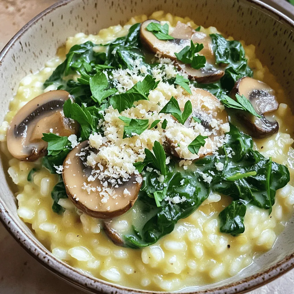 To make a delicious creamy mushroom spinach risotto, gather these key items: - 1 cup Arborio rice - 4 cups vegetable broth - 1 cup fresh spinach, chopped - 1 cup mushrooms, sliced - 1 small onion, finely chopped - 2 cloves garlic, minced - 1/2 cup grated Parmesan cheese - 1/2 cup heavy cream or coconut cream - 2 tablespoons olive oil - Salt and pepper to taste - Fresh parsley, chopped These ingredients work together to create a rich and creamy dish. Arborio rice is special because it absorbs liquid well, making the risotto creamy. I love using fresh spinach for color and nutrition. To take your risotto to the next level, you can try these extras: - A splash of white wine for depth - Lemon zest for brightness - Crushed red pepper for a bit of heat - Fresh herbs like thyme or basil for added aroma These options can add layers of flavor. The splash of white wine adds a slight tang. Fresh herbs can make the dish feel alive. If you don't have an ingredient, don't worry! Here are some swaps you can use: - For Arborio rice, you can use other short-grain rice. - Vegetable broth can be replaced with chicken broth for a meatier taste. - Heavy cream can be swapped with a plant-based cream if you want it dairy-free. - Any leafy greens can replace spinach, like kale or Swiss chard. These substitutions still create a tasty dish. Just remember, the goal is to enjoy each bite. Start by heating 4 cups of vegetable broth in a saucepan over medium heat. You want it hot, but don’t let it boil. Once it's warm, reduce the heat to low. This keeps the broth ready for the risotto without cooling it down. In a large skillet, add 2 tablespoons of olive oil and heat it over medium heat. Add 1 small chopped onion. Sauté for about 3-4 minutes until it turns soft and clear. Next, stir in 2 cloves of minced garlic and 1 cup of sliced mushrooms. Cook these for 5-7 minutes, until the mushrooms look soft and golden. This brings out their rich flavor. Now, it’s time for the star of the show—1 cup of Arborio rice. Add the rice to the skillet and stir it well. Cook this for 1-2 minutes. You want the rice to get a little toasty. Start adding the warm vegetable broth one ladle at a time. Make sure to stir the rice often. Wait for it to soak up the broth before adding more. This will take about 18-20 minutes. You want the rice to be creamy and just a bit firm. Once your rice is creamy, stir in 1 cup of chopped spinach. Cook for an additional 2-3 minutes until the spinach wilts down. Now, lower the heat and mix in 1/2 cup of heavy cream and 1/2 cup of grated Parmesan cheese. Stir until everything is combined and creamy. Add salt and pepper to taste. Remove from heat and let it sit for a minute. This helps the flavors blend nicely. To make great risotto, you need to stir. Stirring helps the rice release its starch. This gives risotto its creamy texture. Always use Arborio rice. It has the right starch needed for creaminess. Start by heating your broth. Keep it warm on the stove. Adding cold broth will slow down cooking. The key to creaminess is patience. Add broth one ladle at a time. Wait until the rice absorbs the broth before adding more. This keeps the rice moist and helps it cook evenly. Also, adding heavy cream or coconut cream at the end enhances the creaminess. Stir in the grated Parmesan cheese for extra flavor. Serve your risotto hot in warm bowls. Top with fresh parsley for color. You can sprinkle extra Parmesan on top too. This dish pairs well with a light salad. A crisp white wine complements the flavors nicely. For a heartier meal, add grilled chicken or shrimp. Enjoy this comforting dish any night of the week! {{image_2}} You can make this risotto dairy-free easily. Just swap the heavy cream for coconut cream. It gives a rich taste and keeps the dish creamy. Use a plant-based cheese instead of Parmesan. Nutritional yeast is a great choice. It adds a cheesy flavor without dairy. Want to add protein? Chicken, shrimp, or tofu works well. For chicken, cook diced pieces in the skillet with the onion. For shrimp, add them with the garlic and mushrooms. They will cook quickly. Tofu can be cubed and sautéed until golden. It adds a nice texture to the dish. Feel free to mix in other veggies. Peas add sweetness and color. Zucchini can bring a fresh taste. Bell peppers add crunch. Just chop them small so they cook well. Adding these veggies boosts nutrition and makes the dish more colorful. Enjoy making it your own! To keep your creamy mushroom spinach risotto fresh, store it in an airtight container. Let it cool down at room temperature before sealing. Refrigerate it within two hours to avoid any food safety issues. Properly stored, it can last for about 3-4 days in the fridge. When you are ready to enjoy leftovers, add a splash of broth or water. This helps bring back the creamy texture. Heat it in a saucepan over medium heat. Stir it often to prevent sticking. You can also use a microwave; just cover it loosely and heat in short bursts. Stir between intervals for even warming. If you want to save some for later, you can freeze risotto. Place it in a freezer-safe container, leaving space for expansion. It will last up to 3 months in the freezer. To thaw, move it to the fridge overnight. Reheat as described above. The texture may change a bit, but it will still taste great! Arborio rice is a short-grain rice. It has a high starch content. This starch helps risotto become creamy. I use Arborio rice for a rich texture. It absorbs flavors well too. When you cook it slowly, it turns soft and tender. This rice is key to a perfect risotto. Cooking risotto takes about 18 to 20 minutes. You start by adding warm broth slowly. Stir often to help the rice absorb the liquid. This method gives risotto its creamy texture. Keep an eye on the rice. It should be soft but still firm in the center. Yes, you can make risotto in advance. Cook it fully, then cool it down. Store it in the fridge for up to three days. When you’re ready to eat, add a splash of broth. Heat it on the stove while stirring. This keeps the risotto creamy and tasty. The best way to reheat risotto is on the stove. Add a little broth or water to keep it moist. Heat it over medium heat. Stir often to prevent sticking. This method makes the risotto creamy again. Avoid using the microwave, as it can dry it out. In this article, I shared key steps to make a delicious risotto. You learned about essential ingredients and creative variations. I highlighted cooking tips for a creamy texture and gave storage advice. Risotto is versatile and can be made your way! Remember, practice and patience are your best friends. Enjoy your cooking journey as you explore this comforting dish!