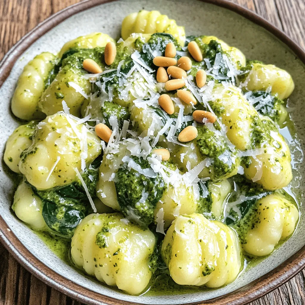 - 1 pound potato gnocchi - 2 cups fresh spinach, chopped - 1 cup heavy cream - 1/2 cup basil pesto - 1/2 cup grated Parmesan cheese - 2 tablespoons olive oil - 2 cloves garlic, minced - Salt and pepper to taste - Optional: toasted pine nuts for garnish To create this creamy pesto gnocchi with spinach, gather these fresh ingredients. You want to use potato gnocchi for a soft texture. Fresh spinach adds a pop of color and nutrients. The heavy cream makes the sauce rich and smooth. Basil pesto gives it that herby kick. Parmesan cheese enhances the flavor with its salty goodness. Olive oil and minced garlic bring depth to every bite. Don't forget to season with salt and pepper to your liking. If you want a crunchy finish, toasted pine nuts are great on top. Having these ingredients ready makes cooking simple and fun. You can easily find them at your local grocery store. Each item plays a key role in making this dish truly delightful. So, let's get cooking! To start, fill a large pot with salted water. Bring it to a boil on high heat. Once it’s boiling, add the potato gnocchi. Cook them according to the package instructions. You will know they are done when they float to the top, usually in about 2-3 minutes. Carefully drain the gnocchi in a colander and set them aside. This prevents them from sticking together. Next, grab a large skillet and pour in the olive oil. Heat the skillet over medium heat. Once the oil is hot, add the minced garlic. Sauté the garlic for about one minute. It should smell great but be careful not to burn it. Stir it often to keep it from turning dark. Now it’s time to make the sauce. Pour in the heavy cream and bring it to a gentle simmer. Stir the cream as it heats. Add the basil pesto and grated Parmesan cheese. Mix everything well until the sauce is smooth and creamy. This is where the magic happens, and your kitchen will start to smell amazing! Once the sauce is ready, stir in the chopped spinach. Cook it for about two minutes until it wilts down. Next, gently fold in the drained gnocchi. Toss everything together carefully to coat the gnocchi and spinach with the creamy pesto sauce. This step makes sure each piece is flavorful. Finally, season your dish with salt and pepper to taste. Let it cook for another minute to warm everything through. Serve the gnocchi hot. You can garnish with toasted pine nuts and more grated Parmesan cheese if you like. Enjoy your creamy pesto gnocchi spinach! To make your sauce creamy, use heavy cream. This cream adds richness that brightens the dish. Stir in the basil pesto slowly. This way, you ensure it blends well with the cream. The Parmesan cheese also helps thicken the sauce. If it seems too thick, add a splash of pasta water to loosen it. You can boost the flavor with a pinch of red pepper flakes. This adds a nice kick. Fresh lemon juice can also brighten the dish. Try adding sun-dried tomatoes for a tangy taste. For a nutty flavor, sprinkle in some toasted pine nuts. They add crunch and depth. When cooking gnocchi, make sure your water is boiling. This helps them cook evenly. Stir the gnocchi as they cook. This prevents them from sticking to the bottom of the pot. Once they float, they are done. Drain them right away to keep them light and fluffy. {{image_2}} If you need gluten-free gnocchi, look for brands made from rice or corn. You can also use zucchini noodles for a lighter option. For a dairy-free alternative, swap the heavy cream with coconut milk. Nutritional yeast can replace Parmesan cheese for a cheesy taste without dairy. To make this dish heartier, you can add protein. Cooked chicken, shrimp, or sausage work well. For a plant-based option, use chickpeas or lentils. Simply mix in the protein after cooking the garlic. This way, everything warms up together. You can easily add more veggies to this dish. Cherry tomatoes add sweetness and color. Bell peppers bring crunch and flavor. Try adding peas or broccoli for extra nutrition. Just toss them in with the spinach to cook through. These add-ins make the dish even more vibrant and tasty. To keep your creamy pesto gnocchi fresh, follow these steps: - Let the dish cool down at room temperature. - Transfer it to an airtight container. - Store it in the fridge for up to three days. This method helps maintain the flavor and texture of the dish. When reheating gnocchi, avoid overcooking. Here’s how: - Place the gnocchi in a skillet over low heat. - Add a splash of cream or water to keep it moist. - Stir gently until heated through, about 5 to 7 minutes. This way, you keep the gnocchi soft and creamy. If you want to freeze creamy pesto gnocchi, do this: - Allow the dish to cool completely. - Portion it into freezer-safe bags or containers. - Label them with the date and freeze for up to three months. To defrost, move it to the fridge overnight. Then, reheat as described above. Yes, you can easily make your own pesto. Just blend fresh basil, garlic, pine nuts, and Parmesan cheese. Add olive oil until it reaches your desired consistency. You can adjust the flavors by adding more or less garlic or cheese. This homemade pesto will add a fresh taste to your creamy pesto gnocchi spinach. To change the creaminess, you can add more or less cream. If you want a lighter dish, use less heavy cream. For a richer sauce, add more cream. You can also mix in extra cheese for added richness. Start with half a cup of cream and adjust as you cook. You can add many tasty ingredients to this dish. Consider cooked chicken or shrimp for protein. You can also mix in cherry tomatoes or bell peppers for added color and flavor. If you like nuts, toasted pine nuts make a great garnish. Experiment with your favorite veggies to make it your own! You now have a complete guide to making creamy pesto gnocchi. You learned about the key ingredients, step-by-step cooking methods, and tips to enhance the dish. I shared ways to adapt the recipe for different diets, like gluten-free or dairy-free. You also got storage tips to keep leftovers fresh. Enjoy this tasty meal with friends or family. It's simple to prepare and full of flavor. Dive in, explore variations, and make it your own!