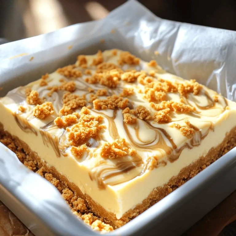 - 200g Biscoff biscuits, crushed - 100g unsalted butter, melted - 400g cream cheese, at room temperature - 100g powdered sugar - 200ml heavy whipping cream - 100g Biscoff spread - 1 teaspoon vanilla extract - A pinch of salt - Extra crushed Biscoff biscuits for topping Each ingredient plays a key role in making these bars. The Biscoff biscuits give a sweet and spiced flavor to the crust. This flavor is perfect with the creamy filling. You need unsalted butter to bind the crust. It adds richness to the base. Cream cheese makes the filling smooth and creamy. It balances the sweetness of the powdered sugar. Heavy whipping cream adds volume and lightens the texture. Biscoff spread adds a tasty twist. It brings a caramel-like flavor to the mix. Vanilla extract enhances all the flavors. The pinch of salt brightens the sweetness. Finally, extra crushed Biscoff biscuits are great for topping. They add crunch and look nice on the bars. If you need to substitute, there are great options. For Biscoff biscuits, you can use speculoos cookies or graham crackers. Instead of unsalted butter, you can use coconut oil. If you want a lighter filling, consider using Greek yogurt instead of cream cheese. For the heavy cream, try using coconut cream for a dairy-free option. If you do not have Biscoff spread, peanut butter or Nutella works well. You can skip the vanilla extract, but it does add nice flavor. Lastly, for a salt-free version, you can skip the pinch of salt altogether. These swaps make the recipe flexible and fun! Start by crushing 200g of Biscoff biscuits in a bowl. You can use a food processor or a rolling pin for this. The goal is to have fine crumbs. Next, melt 100g of unsalted butter. Pour this melted butter over the biscuit crumbs. Mix them well until the crumbs look like wet sand. Now, take a 9x9 inch square baking dish and line it with parchment paper. This helps with easy removal later. Press the biscuit mixture evenly into the bottom of the dish. Make sure it is packed tightly. This forms a solid crust. Place the dish in the refrigerator while you prepare the filling. This helps the crust to set nicely. In a large mixing bowl, add 400g of cream cheese that is at room temperature. Beat it with 100g of powdered sugar using a hand mixer. Mix until it is smooth and creamy. Then, add 1 teaspoon of vanilla extract and a pinch of salt. Mix again to blend these flavors. Next, whip 200ml of heavy whipping cream in a separate bowl. You want stiff peaks to form. This makes the filling light and fluffy. Gently fold the whipped cream into the cream cheese mixture. Be careful not to deflate the whipped cream. Now, melt 100g of Biscoff spread in the microwave for about 20-30 seconds. It should be slightly runny. Fold this melted spread into the cream cheese mixture. You want to create a lovely marbling effect. Take the chilled biscuit crust out of the refrigerator. Pour the cheesecake filling over the crust. Use a spatula to spread it evenly. Make sure the top is smooth. Now, sprinkle extra crushed Biscoff biscuits on top for a nice finish. Cover the dish with plastic wrap and place it back in the fridge. Let it chill for at least 4 hours. This helps the bars to set firmly. Once set, lift the cheesecake bars out of the dish using the parchment paper. Cut them into squares and serve. Enjoy your delicious no bake Biscoff cheesecake bars! To get the right texture, focus on the cream cheese. Let it sit out until it is soft. This step helps it mix well with the sugar. When you whip the heavy cream, beat it until it forms stiff peaks. This adds air and lightness to your bars. Gently fold the whipped cream into the cream cheese mix. Be careful not to deflate the cream. This folding keeps the bars fluffy and creamy. Store your No Bake Biscoff Cheesecake Bars in the fridge. Use an airtight container to keep them fresh. They will last up to five days this way. If you want longer storage, freeze them. Cut the bars into squares and wrap them in plastic wrap. Place them in a freezer-safe container. They can last up to three months in the freezer. When ready to eat, thaw them in the fridge overnight. When serving these cheesecake bars, presentation is key. Cut them into even squares for a neat look. You can top each bar with a drizzle of melted Biscoff spread. This adds a rich flavor and looks great. For a fun twist, add fresh fruit like berries. They contrast nicely with the creamy filling. You can also sprinkle extra crushed Biscoff biscuits on top for crunch. Enjoy these bars with coffee or tea for a perfect treat. {{image_2}} You can change the taste of your No Bake Biscoff Cheesecake Bars in fun ways. One great idea is to add chocolate. Just melt some dark or milk chocolate and swirl it into the filling. This adds a rich taste that pairs well with Biscoff. You can also use fruit toppings. Fresh strawberries or raspberries add a nice, tart contrast. Simply mash the fruit and spread it on top after the bars set. Each bite will offer a new flavor experience! If you need gluten-free options, this recipe can still work! Swap out Biscoff biscuits for gluten-free cookies. Many brands offer tasty alternatives that hold up well. Ensure the Biscoff spread is also gluten-free, as some brands are. This way, everyone can enjoy these delicious bars without worry. While Biscoff biscuits shine in this recipe, you can try other cookies too. For a chocolate twist, use Oreo cookies. They create a rich, chocolatey base. For a nutty flavor, consider using almond or hazelnut cookies. Just crush and mix them with melted butter as you would with Biscoff. Each alternative gives a unique touch to your cheesecake bars, making them fun to explore! To keep your No Bake Biscoff Cheesecake Bars fresh, store them in the fridge. Cover the bars with plastic wrap or aluminum foil to prevent them from drying out. The bars can stay good for up to five days. If you notice any moisture, it’s best to eat them right away. Keeping them cool helps maintain their creamy texture. If you want to save some for later, you can freeze them. Cut the cheesecake bars into squares first. Then, wrap each piece in plastic wrap. Place them in an airtight container or freezer bag. They can last up to three months in the freezer. This way, you can enjoy a sweet treat anytime! When you’re ready to eat your frozen cheesecake bars, remove them from the freezer. Take off the wrap and place them in the fridge for about four hours. If you’re in a hurry, you can leave them at room temperature for about 30 minutes. Just be careful not to let them sit too long, or they might get too soft. Enjoy your delicious and easy treat! Yes, you can use non-dairy options. For cream cheese, try a plant-based version. Look for coconut or cashew cream cheese. Use a non-dairy heavy cream to whip. These swaps work well in this recipe. You can store these bars in the fridge for about 5 days. Make sure to keep them in an airtight container. They will stay fresh and tasty. If you want to keep them longer, freeze them. You can use other spreads like cookie butter or Nutella. For a nutty taste, try almond butter. Sunflower seed butter is a great nut-free option. Each choice will change the flavor a bit, but they all taste good! This blog post covered how to make delicious no-bake Biscoff cheesecake bars. We went over the ingredients, their descriptions, and substitutions. You learned step-by-step instructions for the crust, filling, and assembly. I shared tips for perfecting texture and storing your bars for maximum freshness. You also discovered serving ideas and variations to customize your treat. In short, making these bars is fun and easy with great results. Enjoy your cheesecake bars!