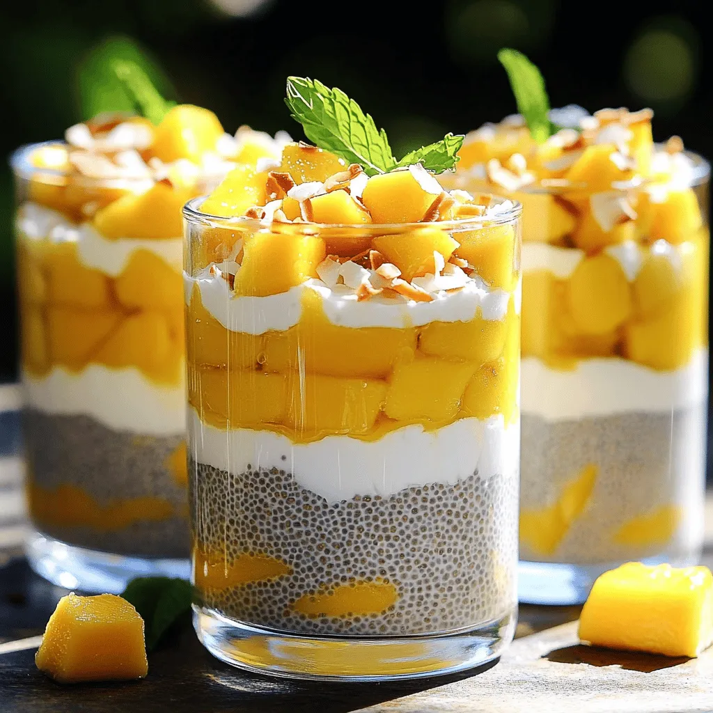 - 1 cup coconut milk (canned or carton) - 1 cup almond milk (or any milk of your choice) - 1/4 cup chia seeds - 2 tablespoons maple syrup (or honey) - 1 ripe mango, diced - 1/4 teaspoon vanilla extract - Pinch of salt - Toasted coconut flakes for garnish - Fresh mint leaves for garnish When making mango coconut chia pudding, you want to gather all the ingredients first. I like to use both coconut and almond milk for a rich and creamy base. The coconut milk adds a tropical touch, while almond milk lightens it up a bit. Chia seeds are the star of this dish. They soak up the liquid and create a pudding-like texture. Maple syrup or honey sweetens the pudding naturally, adding flavor without being too much. The ripe mango brings sweetness and color. Dicing it into small pieces makes it easy to layer with the pudding. A hint of vanilla and a pinch of salt balance the flavors. For garnish, toasted coconut flakes add crunch and a tropical vibe. Fresh mint leaves not only look great but also add a refreshing taste. Gathering these ingredients will set you up for a delicious and healthy treat! 1. Mixing the base ingredients In a mixing bowl, add 1 cup of coconut milk and 1 cup of almond milk. Stir well to blend them smoothly. This combination gives your pudding a rich and creamy texture. 2. Soaking chia seeds for pudding consistency Next, add 1/4 cup of chia seeds, 2 tablespoons of maple syrup, 1/4 teaspoon of vanilla extract, and a pinch of salt. Whisk everything together until the chia seeds are evenly mixed in. Cover the bowl and refrigerate for at least 4 hours, or even overnight. This step is crucial. The chia seeds will soak up the liquid and swell, forming a pudding-like texture. 1. Layering mango and chia pudding Before serving, peel and dice a ripe mango into small cubes. Once your chia pudding is set, give it a good stir to break up any clumps. In clear serving glasses, place the mango cubes at the bottom. Then, spoon the chia pudding on top. This layering creates a pretty two-tone effect. 2. Garnishing with coconut flakes and mint To finish, sprinkle toasted coconut flakes over the top. Add a few fresh mint leaves for a burst of color and flavor. This garnish not only looks great but also adds a refreshing touch. 1. Ideal serving vessels Use clear glasses or bowls to showcase your beautiful layers of mango and chia pudding. This way, everyone can admire the colorful display. 2. Presentation tips for appealing visual display Place a sprig of mint next to the coconut flakes for a fresh touch. This simple detail makes your dessert look extra special and inviting. To get the right texture for your mango coconut chia pudding, adjust the milk ratios. You can mix more coconut milk for creaminess or use more almond milk for a lighter feel. This choice affects the pudding’s thickness. Ensure you mix the chia seeds well with the liquid. This step helps them spread out evenly. If they clump together, your pudding won’t be smooth. Sweetness is key in this dish. You can swap maple syrup with agave or stevia. These options offer different flavors and sugar levels. Taste the mixture before it chills. Adjust the sweetness to your liking. If you want it sweeter, add a little more sweetener. Chilling is important for the chia seeds to expand. You need at least four hours for a good set. However, overnight is best for the perfect texture. If you plan to meal prep, make several portions at once. Store them in clear containers. This helps you see the lovely layers when you serve. {{image_2}} You can make this mango coconut chia pudding even better with a few tweaks. Adding a splash of vanilla or almond extract brightens the flavor. Just a little goes a long way. You could also sprinkle in spices like cinnamon or nutmeg. They add warmth and depth, making each bite even more delightful. Want to change the fruit? No problem! You can use berries like strawberries or blueberries. Kiwi also works great for a tangy twist. Depending on the season, try using stone fruits like peaches or plums. They add a juicy sweetness that pairs well with the creamy pudding. If you want more dairy-free choices, explore other non-dairy milks. Oat milk or soy milk can replace almond milk. They each bring unique flavors to the pudding. For sweetening, you can try agave syrup or coconut sugar. These vegan options keep your pudding sweet while sticking to a plant-based diet. To keep your chia pudding fresh, use airtight containers. Glass jars or plastic containers work well. Make sure to seal them tightly to keep out air. This helps maintain the pudding's texture and flavor. Place the containers in the fridge. This keeps your pudding cold and fresh. Chia pudding lasts about 4 to 5 days in the fridge. After this time, the taste and texture can change. Signs of spoilage include a sour smell or separation of liquid. If you see mold, throw it away. You can use leftover chia pudding in many ways. Blend it into smoothies for a creamy boost. Layer it with yogurt and fruits for tasty parfaits. You can even use it in baking. Add it to muffins for extra nutrients. These ideas help you enjoy every last bite of your mango coconut chia pudding! Chia pudding can last up to five days in the fridge. Store it in an airtight container. This helps keep it fresh and tasty. The texture remains smooth if you use the right storage. Always check for any signs of spoilage, like an off smell or change in texture. Yes, making chia pudding ahead of time is a great idea. You can prepare it for the week. Just mix the ingredients and let it soak overnight. This allows the chia seeds to expand fully. For meal prep, divide it into jars for easy grab-and-go breakfasts or snacks. You can try other seeds like flaxseed or hemp seeds. Flaxseed gives a nutty taste, while hemp seeds add a nice crunch. Both seeds offer health benefits too. Just remember, they may change the texture slightly. If you use flaxseed, grind it before adding to the mix for better absorption. In this post, we explored how to make a delicious chia pudding with coconut and almond milk. We discussed key ingredients, health benefits, and even variations to suit your taste. Remember, adjusting sweetness or trying different fruits can add a fun twist. Chilling your pudding overnight improves the flavor and texture. Keep it fresh in the fridge for several days, and don’t forget to enjoy it as a quick snack or breakfast. Experiment with your favorite toppings for extra flair. Enjoy the process and savor every bite!