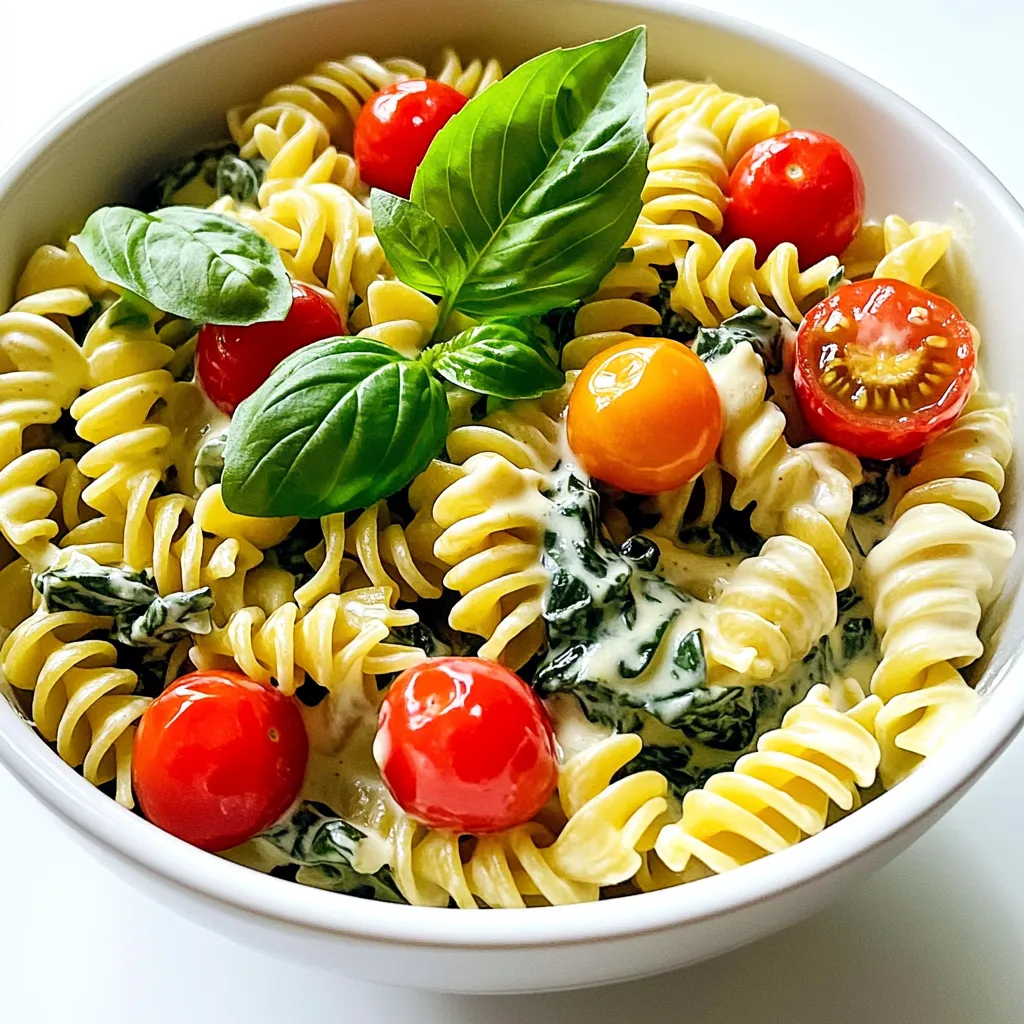 To make the creamy spinach tomato pasta, you need simple and fresh ingredients. Here’s what you will need: - 8 oz (225g) pasta (fusilli or penne) - 2 cups fresh spinach, chopped - 1 cup cherry tomatoes, halved - 1 medium onion, diced - 3 cloves garlic, minced - 1 cup vegetable broth - 1 cup heavy cream - 1 tablespoon olive oil - 1 teaspoon Italian seasoning - Salt and pepper to taste - ½ cup grated Parmesan cheese (optional for serving) - Fresh basil leaves for garnish Each ingredient plays a key role in the dish. Pasta, whether you choose fusilli or penne, holds the sauce well. Fresh spinach adds color and nutrients. Cherry tomatoes bring sweetness and a juicy texture. Onion and garlic form the aromatic base. They create a warm and inviting flavor. Vegetable broth adds depth to the dish. Heavy cream makes it rich and smooth. Italian seasoning gives a nice herbal note. Salt and pepper enhance all the flavors. Finally, Parmesan cheese and basil make a lovely finish. These ingredients come together to create a delightful meal. You will enjoy this dish, whether for a family dinner or a cozy night in. First, let’s prepare our fresh ingredients. You want to chop 2 cups of spinach into small pieces. Rinse them well, then set them aside. Next, take 1 cup of cherry tomatoes and cut them in half. This helps them cook evenly and mix well into the dish. Now, grab 1 medium onion and dice it into small cubes. This will add flavor. Then, mince 3 cloves of garlic. The garlic gives a great aroma and taste to our pasta. Now, let’s cook! Start by heating 1 tablespoon of olive oil in a large pot over medium heat. Once the oil is hot, add the diced onion. Sauté for about 3-4 minutes until it softens. Next, stir in the minced garlic. Cook for 1 more minute. You will smell the garlic’s delicious scent. Now, add the halved cherry tomatoes. Cook them for about 5 minutes until they soften and release their juices. Pour in 1 cup of vegetable broth. Bring this to a gentle boil. Once it’s bubbling, it’s time to add the pasta. I recommend using 8 oz of fusilli or penne. Make sure the pasta is fully submerged in the broth. Cover the pot and lower the heat. Cook the pasta for 8-10 minutes. Stir occasionally to prevent sticking. You want the pasta to be al dente, or firm to the bite. Once the pasta is ready, stir in 1 cup of heavy cream and the chopped spinach. Add 1 teaspoon of Italian seasoning for extra flavor. Cook for another 2-3 minutes until the spinach wilts and the sauce thickens slightly. Finally, season with salt and pepper to taste. If you want some extra creaminess, stir in ½ cup of grated Parmesan cheese. Remove the pot from heat and let it sit for a minute. Serve warm, garnished with fresh basil leaves. Enjoy your creamy spinach tomato pasta! To make the best creamy spinach tomato pasta, choose fusilli or penne. These shapes hold the sauce well. Cook the pasta for 8 to 10 minutes. You want it al dente, which means firm to the bite. For the sauce, keep it creamy but not too thick. If it’s too thick, add more vegetable broth or cream. Stir well while cooking to mix all the flavors. If you're dairy-free, try using coconut cream instead of heavy cream. It gives a nice richness. You can also use almond or oat milk, but add a bit more seasoning for flavor. Feel free to swap in other veggies. Zucchini or bell peppers work great. You can also add mushrooms for more depth. Just remember to adjust the cooking time based on what you choose. {{image_2}} You can boost the nutrition of your creamy spinach tomato pasta. Chicken, shrimp, or tofu work well. - Chicken: Use cooked, diced chicken breast. Add it when you stir in the cream and spinach. - Shrimp: Sauté shrimp in the pan before adding garlic. Cook them until pink, then follow the recipe. - Tofu: For a plant-based option, use firm tofu. Cube and sauté until golden. Mix it in with the cream and spinach. You can make this dish even tastier with herbs and spices. Here are some ideas: - Basil: Fresh basil adds a burst of flavor. Chop it and mix it in before serving. - Red Pepper Flakes: For heat, sprinkle in red pepper flakes while cooking. - Lemon Zest: Add zest for a fresh taste. It brightens the creamy sauce. Pair your creamy spinach tomato pasta with side dishes for a complete meal. Try these: - Garlic Bread: Crunchy garlic bread complements the creamy pasta. Serve it warm. - Green Salad: A simple green salad with lemon dressing balances the richness. - Grilled Veggies: Roasted or grilled vegetables add color and nutrition. They make a great side. Feel free to mix and match based on your taste! To keep your creamy spinach tomato pasta fresh, store it in an airtight container. Place it in the fridge within two hours of cooking. It can last about 3-4 days. If you want to keep it longer, freeze it. Use a freezer-safe container and it can last for up to 2 months. Make sure to let it cool before freezing to prevent ice crystals. When you reheat this pasta, add a splash of vegetable broth or cream. This helps keep the sauce creamy. Warm it slowly on the stove over low heat. Stir it often to prevent sticking. You can also use the microwave, but stir it halfway to ensure even heating. Enjoy your pasta just like it was fresh! Creamy spinach tomato pasta lasts about 3 to 5 days in the fridge. To keep it fresh, store it in an airtight container. Signs of spoilage include a sour smell or mold. Always check before eating leftovers. Yes, you can make this recipe dairy-free. Use coconut milk or cashew cream instead of heavy cream. These options keep the dish creamy and rich. Nutritional yeast can add a cheesy flavor without dairy. Fusilli and penne are great choices for this recipe. Fusilli holds sauce well due to its twists. Penne's shape allows it to catch bits of spinach and tomato. Other pasta types, like rotini or farfalle, can also work. Choose what you like best! This blog post covered how to make creamy spinach and tomato pasta. You learned about key ingredients, step-by-step preparation, and cooking tips. I shared ideas for variations, like proteins and flavor enhancers. You also got advice on storing and reheating leftovers. Remember, this dish is flexible. Feel free to switch ingredients based on your taste. Enjoy creating a delightful meal that’s both simple and satisfying. Happy cooking!
