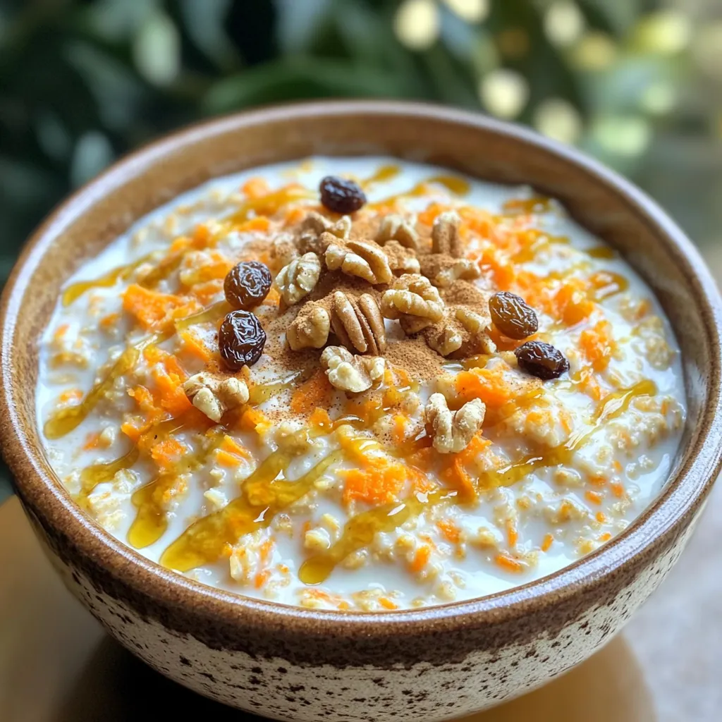 - 1 cup rolled oats - 2 cups almond milk (or milk of choice) - 1 cup grated carrots - 1/2 cup raisins - 1/4 cup chopped walnuts (optional) - 1 teaspoon cinnamon - 1/2 teaspoon nutmeg - 1/4 cup maple syrup - 1 teaspoon vanilla extract - Pinch of salt - Additional chopped walnuts - Drizzle of maple syrup - Sprinkle of cinnamon - Candied ginger To make the Maple Glazed Carrot Cake Oatmeal, we need some simple ingredients. First, the main ingredients are rolled oats, almond milk, grated carrots, raisins, and walnuts. You can use any milk you like. The oats give it a hearty base. Grated carrots add sweetness and color. Raisins bring a chewy texture. If you want, add walnuts for a nice crunch. Next, we have our spices. Cinnamon and nutmeg give warmth and flavor. Maple syrup adds sweetness and a hint of caramel. A bit of vanilla extract makes it smell amazing. Don’t forget a pinch of salt to balance the flavors. Finally, we can top our oatmeal. Use extra walnuts for crunch. A drizzle of maple syrup makes it extra sweet. A sprinkle of cinnamon adds a nice touch. If you like, add a piece of candied ginger for a spicy kick. These ingredients come together to make a tasty dish. It’s fun to play with different flavors and textures. Enjoy making this delightful oatmeal! First, grab a medium saucepan. Combine these ingredients: - 1 cup rolled oats - 2 cups almond milk (or any milk you like) - 1 cup grated carrots - 1/2 cup raisins - 1 teaspoon cinnamon - 1/2 teaspoon nutmeg - A pinch of salt Mix them well in the pot. Next, bring this mixture to a boil over medium heat. Stir occasionally to keep it from sticking. Once it boils, reduce the heat to low. Let it simmer for 5 to 7 minutes. Keep stirring often to ensure it cooks evenly and becomes creamy. This is where the magic happens, turning simple oats into a satisfying meal. After the oats are creamy, remove the pot from heat. Now, stir in the sweet stuff: - 1/4 cup maple syrup - 1 teaspoon vanilla extract Mix until everything blends nicely. Serve the oatmeal warm in bowls. Top each bowl with extra chopped walnuts and a drizzle of maple syrup for that finishing touch! To make creamy oatmeal, use enough liquid. Start with 2 cups of almond milk. If you want it creamier, add a splash more. For thicker oats, reduce the milk to 1.5 cups. This will give you a hearty texture. Adjust to your taste! To avoid clumps in your oatmeal, stir often. Once you bring the mixture to a boil, reduce the heat. Stirring helps the oats cook evenly. This way, they stay fluffy and smooth. Remember, a little patience goes a long way in cooking oatmeal. Enhance your oatmeal's look with toppings. A sprinkle of cinnamon adds warmth. For crunch, add extra chopped walnuts. You can also drizzle more maple syrup for sweetness. If you want something special, try adding a piece of candied ginger on top. It gives a nice zing! {{image_2}} You can change the dried fruits in this recipe. Try using cranberries or dates for a new taste. Fresh fruits also work great! Adding bananas or berries can give your oatmeal a fresh twist. These fruits add natural sweetness and color. If you want to switch up the nuts, you can use pecans or almonds instead of walnuts. Both nuts will give a different flavor and texture. You can also add nut butters, like almond or peanut butter, for extra richness. This will make your oatmeal creamier and more filling. For a dairy-free option, swap almond milk for any plant-based milk you like. Choices include oat milk or coconut milk. Check all your ingredients to ensure they are vegan-friendly. This way, everyone can enjoy this delicious oatmeal! To keep your Maple Glazed Carrot Cake Oatmeal fresh, store it in the fridge. Use an airtight container for the best results. This will help keep the flavors intact. Make sure to cool it down before sealing the container. Leftovers can last for about three days. You can reheat your oatmeal in two ways: the microwave or the stovetop. For the microwave, place your oatmeal in a bowl. Heat it for one minute, then stir. If it seems too thick, add a splash of almond milk. For stovetop reheating, add your oatmeal to a saucepan. Heat it over low heat, stirring gently until warmed through. This keeps the texture nice. Yes, you can freeze Maple Glazed Carrot Cake Oatmeal! Place it in a freezer-safe container. Make sure to leave some space for expansion. It can stay frozen for up to three months. When you're ready to enjoy it, thaw it in the fridge overnight. Reheat it as described above for the best taste and texture. Yes, you can prepare this oatmeal overnight. To do this, combine the rolled oats, almond milk, grated carrots, and spices in a bowl. Stir well and cover it. Place it in the fridge overnight. In the morning, heat it up in a saucepan. You may need to add a bit more milk to get the right texture. To boost the nutrition of your oatmeal, you can add seeds like chia or flaxseeds. These seeds add fiber and healthy fats. You can also swap raisins for fresh fruits like berries or bananas. Adding a scoop of protein powder can help make your meal more filling. You can use many spices to change the flavor of your oatmeal. Try adding ginger for warmth or allspice for a different kick. Cardamom can add a sweet, floral note. You might even add a dash of cloves for extra depth. This blog post shared a fun and tasty recipe for Maple Glazed Carrot Cake Oatmeal. We covered the main ingredients, step-by-step instructions, and helpful tips. Variations, like adding fruits or nuts, make it even better. Storing and reheating tips ensure you enjoy it later. Remember, cooking should be simple and enjoyable. With this recipe, you can create a healthy breakfast that’s full of flavor. Embrace your creativity and make it your own!