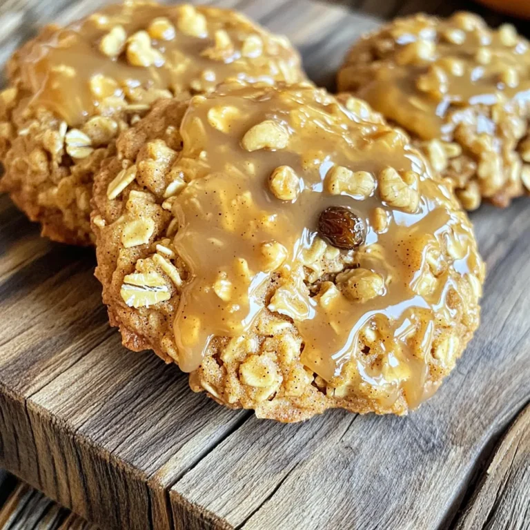 To make delightful pumpkin oatmeal cookies, gather these main ingredients: - 1 cup rolled oats - 1 cup all-purpose flour - 1/2 teaspoon baking soda - 1 teaspoon baking powder - 1 teaspoon ground cinnamon - 1/2 teaspoon ground nutmeg - 1/4 teaspoon ground ginger - 1/2 teaspoon salt - 1/2 cup unsalted butter, softened - 1/2 cup brown sugar, packed - 1/2 cup granulated sugar - 1/2 cup pumpkin puree - 1 large egg - 1 teaspoon vanilla extract - 1/2 cup walnuts or pecans, chopped (optional) - 1/2 cup raisins or chocolate chips (optional) These ingredients create the perfect blend of flavors and textures. Rolled oats add chewiness. Pumpkin puree gives moisture and flavor. The spices bring warmth and a hint of fall. For a sweet finishing touch, you need the following for the maple glaze: - 1 cup powdered sugar - 2 tablespoons maple syrup - 2-3 tablespoons milk (or more for desired consistency) The glaze adds a lovely shine and sweetness. It also enhances the flavor of the cookies. Adjust the milk to make the glaze thicker or thinner, based on your preference. 1. Preheat your oven to 350°F (175°C). 2. Line a baking sheet with parchment paper. 3. In a large bowl, mix rolled oats, flour, baking soda, baking powder, cinnamon, nutmeg, ginger, and salt. 1. In another bowl, cream the softened butter, brown sugar, and granulated sugar. Beat until fluffy. 2. Add pumpkin puree, egg, and vanilla extract. Mix well. 3. Gradually stir the dry mixture into the wet mixture. Combine until just mixed. 4. If you like, fold in chopped walnuts or pecans and raisins or chocolate chips. 1. Use a tablespoon or cookie scoop to drop rounded dough onto the baking sheet. Leave space between cookies. 2. Bake for 12-15 minutes. Check if edges are golden and tops are just set. 3. Let cookies cool on the baking sheet for a few minutes. Then, transfer them to a wire rack to cool completely. Measuring ingredients accurately is key to great cookies. Use a kitchen scale for the best results. If you don’t have one, use dry measuring cups for flour and oats. Spoon the flour into the cup and level it with a knife. This prevents packing it down, which can make cookies dense. Preheat your oven to 350°F (175°C). Bake the cookies for 12-15 minutes. Check them at 12 minutes. The edges should be golden, and the tops should feel set. If you like a softer cookie, take them out a minute early. To get the perfect glaze consistency, mix powdered sugar, maple syrup, and milk. Start with 2 tablespoons of milk. Add more if the glaze is too thick. You want it smooth but not runny. For drizzling the glaze evenly, use a spoon or a piping bag. If using a spoon, lift it high above the cookies. Let the glaze fall naturally. This gives a nice, even look. Pumpkin oatmeal cookies are great with coffee or tea. They pair well with a cold glass of milk, too. These cookies are perfect for fall gatherings, holiday parties, or just a cozy night in. Enjoy them fresh or share with friends! {{image_2}} You can change the flavor of your pumpkin oatmeal cookies easily. Try adding different spices. Nutmeg and allspice add warmth and depth. Just a pinch will do. Each spice gives a new twist to the cookie's taste. You can also switch out sugars. Use coconut sugar or honey for a unique sweetness. This can change the texture and flavor profile. If you want a gluten-free option, swap all-purpose flour with almond flour. It works well and keeps the cookies soft. You can also use gluten-free rolled oats to maintain the oatmeal texture. For vegan cookies, replace the butter with coconut oil. Use a flax egg instead of a regular egg. Simply mix one tablespoon of ground flaxseed with three tablespoons of water. Let it sit for five minutes to thicken. You can add more fun to your cookies with mix-ins. Dried fruit like cranberries or apricots adds sweetness. Shredded coconut gives a chewy texture. For crunch, try seeds like pumpkin or sunflower. You can even add chocolate chips for a sweet surprise. These optional ingredients make each batch unique and fun to explore. To keep your pumpkin oatmeal cookies fresh, use an airtight container. This helps prevent them from drying out or getting hard. You can store these cookies at room temperature for up to a week. If you live in a warmer area, the fridge is a better choice. The cool air helps keep them soft and tasty. Want to save some cookies for later? You can freeze them! Just place the cookies in a single layer on a baking sheet. Freeze them for about an hour, then transfer to a freezer bag. Be sure to remove as much air as possible. When you're ready to enjoy, thaw them at room temperature for a few hours. For the best taste, you can warm them slightly in the oven. These cookies stay fresh for about a week at room temperature. In the fridge, they can last up to ten days. If frozen, they can keep their yummy flavor for up to three months. Mark the date on the bag so you remember when you froze them. Enjoy your delicious treats anytime! Yes, you can use canned pumpkin. Make sure you pick pure pumpkin. Pure pumpkin has no added sugar or spices. Pumpkin pie filling has added sugar and spices, which can change your cookie flavor. Using pure pumpkin keeps the taste true to the recipe. It also gives the cookies a nice texture. Just measure one cup and add it to your mix. To check if the cookies are done, look for golden edges. The tops should look set but soft. A toothpick can help too. If it comes out clean, your cookies are baked. Baking for 12-15 minutes usually works well. Ovens can vary, so keep an eye on them. Let them cool a bit on the sheet before moving them. If you want a different topping, try cream cheese frosting. You can make it with cream cheese, butter, powdered sugar, and vanilla. Another option is a simple powdered sugar glaze. Mix powdered sugar with milk and a splash of vanilla. This is easy and quick to make. Yes, you can prepare the dough ahead of time. After mixing, wrap it tightly in plastic wrap. Store the dough in the fridge for up to three days. You can also freeze the dough. Shape it into balls and freeze them on a baking sheet. Once frozen, store them in a bag. When ready, bake straight from the freezer. Just add a few extra minutes to the baking time. You learned about the key ingredients, steps, and tips for making delicious pumpkin oatmeal cookies. From mixing spices to perfecting the glaze, each detail matters. Remember to store cookies properly and explore variations to suit your taste. These cookies can be great for any occasion. Experiment with flavors and enjoy! By following these guidelines, you’ll bake cookies that everyone will love. Happy baking!