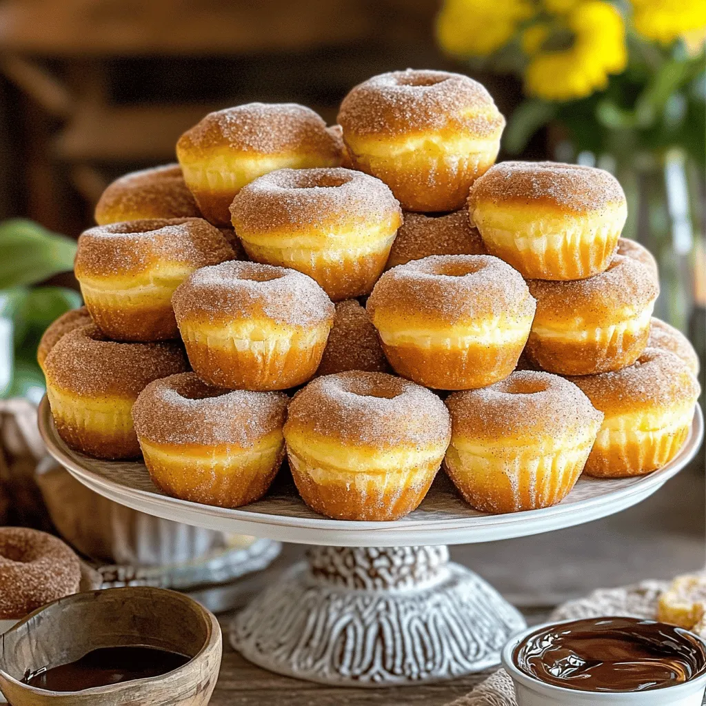 Here’s what you need to make these tasty muffins: - 1 ½ cups all-purpose flour - ½ cup granulated sugar - 2 teaspoons baking powder - ½ teaspoon baking soda - ½ teaspoon salt - 1 teaspoon ground cinnamon (plus extra for topping) - ⅓ cup unsalted butter, melted - 1 large egg - 1 teaspoon vanilla extract - ½ cup buttermilk - ½ cup granulated sugar (for coating) - 2 teaspoons ground cinnamon (for coating) Using high-quality ingredients matters. Fresh flour gives better texture. Choose unsalted butter for control over salt. Always use pure vanilla extract for the best flavor. Fresh spices, like cinnamon, enhance taste. Buttermilk should be fresh for the best results. If you don’t have buttermilk, mix milk with lemon juice or vinegar. For a dairy-free option, use almond or oat milk. You can swap unsalted butter for coconut oil if you prefer. If you want to cut sugar, use a sugar alternative, but adjust the amount since they vary in sweetness. Start by preheating your oven to 350°F (175°C). Grease your muffin tin with butter or oil. You can also use paper liners for easy cleanup. This step helps your muffins release smoothly after baking. In a large mixing bowl, add the flour, ½ cup of sugar, baking powder, baking soda, salt, and 1 teaspoon of cinnamon. Whisk these dry ingredients together until they blend well. This ensures even flavor and helps your muffins rise perfectly. In another bowl, mix the melted butter, large egg, vanilla extract, and buttermilk. Whisk them until smooth and creamy. This mixture adds moisture and richness to your muffins. Pour the wet mix into the dry ingredients. Use a spatula to gently fold the batter together. Be careful not to overmix; a few lumps are okay. Once combined, spoon the batter into the muffin tin. Fill each cup about ¾ full to allow room for rising. Place your muffin tin in the preheated oven. Bake for 15-18 minutes. Check for doneness with a toothpick; it should come out clean. Once baked, let the muffins cool in the tin for about 5 minutes before removing them. To keep your muffins light and fluffy, mix just enough. Overmixing makes the muffins dense. When combining the wet and dry ingredients, use a gentle folding motion. It's okay if some lumps remain in the batter. These lumps help create a soft texture. For a great cinnamon-sugar coating, mix the sugar and cinnamon in a shallow bowl. Use equal parts sugar and cinnamon for the best flavor. Once your muffins cool for five minutes, roll them in the mixture while they are still warm. This helps the coating stick well and adds that sweet crunch. Baking muffins requires a few simple tricks. First, preheat your oven to the right temperature. This ensures even baking. Fill each muffin cup about three-quarters full for the best rise. Avoid opening the oven door too soon; this can cause your muffins to deflate. Lastly, use a toothpick to check for doneness. If it comes out clean, your muffins are ready! {{image_2}} If you love chocolate, add some chocolate chips to the batter. About a half cup works well. You can also mix in chopped nuts, like walnuts or pecans. This adds a nice crunch and rich flavor to each bite. Just fold them in gently when you mix the batter. You can change up the flavor of your muffins easily. Try using nutmeg instead of cinnamon for a warm twist. Pumpkin spice is another great option, especially in the fall. Just swap out one teaspoon of cinnamon for the same amount of your chosen spice. This keeps your muffins fun and fresh. To make these muffins vegan, swap the egg for a flax egg. Mix one tablespoon of ground flaxseed with three tablespoons of water and let it sit for five minutes. Use almond milk instead of buttermilk. Add a tablespoon of lemon juice or vinegar to the almond milk to mimic buttermilk. These changes keep the muffins moist and delicious. To keep your cinnamon sugar donut muffins fresh, store them in an airtight container. This will help keep them soft and yummy. Place a paper towel inside the container to absorb moisture. This tip makes sure the muffins stay fluffy and don't get soggy. You can store them at room temperature for up to three days. If you want to enjoy your muffins later, freezing is a great option. First, let the muffins cool completely. Then, wrap each muffin in plastic wrap. After that, place them in a freezer-safe bag or container. They can last in the freezer for up to three months. When you're ready to eat, just take them out and thaw them at room temperature. Reheating your muffins is easy and quick. You can use the microwave for about 10 to 15 seconds. This warms them nicely. If you want a crispier outside, heat them in the oven. Preheat the oven to 350°F (175°C) and place the muffins inside for about 5 to 7 minutes. This method keeps them soft inside and gives a nice crust. Enjoy your treats warm! Yes, you can use regular milk. If you don’t have buttermilk, add 1 tablespoon of vinegar or lemon juice to a cup of milk. Let it sit for five minutes. This will make a good substitute. It gives a nice tang to the muffins. Buttermilk makes them more moist and fluffy. To check if your muffins are done, use a toothpick. Stick it in the center of a muffin. If it comes out clean or with a few crumbs, they are ready. If the toothpick has wet batter, bake a bit longer. Muffins usually bake for about 15-18 minutes at 350°F. These muffins are great on their own. You can serve them with melted chocolate for dipping. A fruit compote also pairs well. Feel free to stack them on a dessert stand for fun. They make a lovely treat for breakfast or snacks! We covered everything you need to make delicious cinnamon sugar donut muffins. You learned about the best ingredients and their quality. I shared step-by-step instructions to guide your baking. We explored tips to help you get the perfect muffins every time. You can also try fun variations and learn how to store your treats. Remember, a great muffin starts with the right methods and ingredients. Enjoy your baking journey and savor every bite!