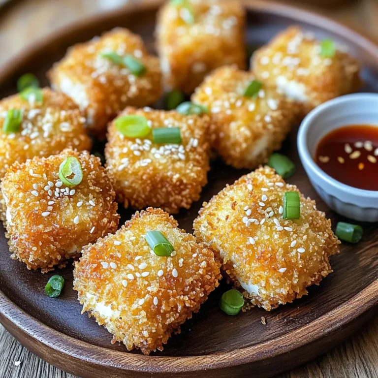 - 1 block (14 oz) firm tofu, pressed and drained - 1/2 cup cornstarch - 1/2 cup breadcrumbs (panko for extra crunch) - 1 tablespoon nutritional yeast (for a cheesy flavor) - 1 teaspoon garlic powder - 1 teaspoon onion powder - 1/2 teaspoon smoked paprika - Salt and pepper to taste - 2 tablespoons soy sauce - 1 tablespoon olive oil or sesame oil To make these crispy tofu nuggets, you need a few key items: - Air fryer - Mixing bowls - Sharp knife - Cutting board - Measuring cups and spoons - Cooking spray You can swap some ingredients if needed: - Use tapioca starch instead of cornstarch for a different crunch. - Try whole wheat breadcrumbs for a healthier option. - Replace soy sauce with tamari for a gluten-free dish. - Use garlic salt instead of garlic powder for added flavor. 1. Preheat your air fryer to 400°F (200°C) for 5 minutes. 2. Take a block of firm tofu, press it, and drain it well. 3. Cut the tofu into 1-inch cubes. Aim for bite-sized pieces. 4. In a bowl, mix cornstarch, garlic powder, onion powder, smoked paprika, salt, and pepper. 5. In another bowl, whisk together soy sauce and olive oil. 6. Dip each tofu cube in the soy sauce mix. Make sure all sides are coated. 7. Toss the coated tofu in the cornstarch mix until well covered. 8. Next, roll each piece in breadcrumbs. Use panko for extra crunch. 9. Lightly spray the air fryer basket with cooking spray. This prevents sticking. 10. Place the tofu nuggets in the basket in a single layer. They should not touch. 11. Air fry the nuggets for 15-18 minutes. Flip them halfway for even cooking. 12. Check for a golden brown color and crispy texture when done. 13. Carefully remove the nuggets from the air fryer. Let them cool slightly. 14. Serve the crispy tofu nuggets on a plate. Add a small bowl of dipping sauce. 15. Garnish with chopped scallions or sesame seeds for a nice touch. To get that perfect crunch, follow some easy steps. First, press the tofu well. This removes extra moisture. Moisture makes it hard for the tofu to turn crispy. Cut the tofu into even cubes, about 1 inch. This helps them cook evenly. Toss them in cornstarch for a great coating. Make sure they are well-covered. The breadcrumbs will provide the final crunch. Use panko breadcrumbs for an extra crispy texture. Seasoning is key for flavor. You can mix and match spices to your liking. Try adding a pinch of cayenne for heat. If you love garlic, add more garlic powder. Nutritional yeast brings a cheesy taste without dairy. Experiment with different herbs like oregano or thyme for depth. Don’t forget to use salt and pepper to enhance the flavors. Avoid overcooking the tofu nuggets. They can turn hard instead of crispy. Keep them in a single layer in the air fryer. If they touch, they won’t crisp up well. Don’t skip the oil. It helps the nuggets brown nicely. Lastly, don’t rush the cooling time. Letting them sit a moment helps them finish crisping. {{image_2}} You can easily change the flavor of your tofu nuggets. For a spicy kick, add cayenne pepper or chili powder to the cornstarch mix. If you love garlic, double the garlic powder for a bolder taste. To make herbed nuggets, mix in dried herbs like oregano or thyme. These simple tweaks can create new and exciting flavors for your dish. If you need gluten-free options, choose gluten-free breadcrumbs and cornstarch. This will keep your nuggets crispy without gluten. For nut-free nuggets, use olive oil instead of sesame oil. This keeps your dish safe for those with nut allergies. Always check labels to ensure the products are free from allergens. Serving your tofu nuggets with the right dips makes a big difference. Sweet chili sauce adds a nice sweetness. Spicy sriracha gives your meal heat and flavor. You can serve them with fresh veggies like carrot sticks or cucumber slices. These sides add crunch and freshness, making your meal balanced and fun! To store leftover tofu nuggets, place them in an airtight container. Make sure they are cool before sealing. They can stay fresh in the fridge for up to three days. If you want to keep them longer, consider freezing them. To reheat your tofu nuggets, use an air fryer for best results. Set it to 350°F (175°C). Heat the nuggets for about 5-7 minutes. This keeps them crispy. You can also use an oven if needed. Just make sure to preheat it first. Freezing is a great option for longer storage. Allow the nuggets to cool completely. Arrange them in a single layer on a baking sheet. Freeze until solid, then transfer to a freezer bag. They can last for up to three months. When ready to eat, air fry from frozen for a quick snack! You should air fry tofu for 15-18 minutes. Flip the nuggets halfway through cooking. This helps them cook evenly and get crispy on all sides. Keep an eye on them. Cooking times can vary between air fryers. Aim for a golden brown color. No, soft tofu won’t work well for these nuggets. Firm tofu holds its shape better during cooking. It also gets crispier compared to soft tofu. Stick to firm tofu for the best results. Many sauces go great with crispy tofu nuggets. Here are some tasty options: - Sweet chili sauce - Spicy sriracha - Soy sauce - Peanut sauce - Hoisin sauce Feel free to mix and match sauces. Each adds a unique flavor to your crispy nuggets! This blog covers making tasty crispy tofu nuggets. We explored the right ingredients, recommended tools, and alternatives. Step-by-step instructions guide you from prep to cooking. You learned tips for perfect crispiness and common mistakes to avoid. Flavor variations and dietary swaps ensure everyone can enjoy this dish. Lastly, we shared how to store and reheat your leftovers. Now you have the tools to make amazing crispy tofu nuggets. Enjoy experimenting with flavors and impress your family and friends!