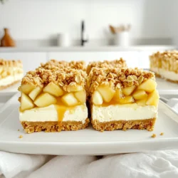 - 2 cups graham cracker crumbs - 1/2 cup unsalted butter, melted - 1/4 cup granulated sugar - 2 (8 oz) packages cream cheese, softened - 1 cup powdered sugar - 1 teaspoon vanilla extract - 1 cup sour cream - 2 large eggs - 3 medium apples (e.g., Granny Smith or Honeycrisp), peeled and diced - 1 teaspoon cinnamon - 1 cup rolled oats - 1/2 cup brown sugar - 1/4 cup all-purpose flour - 1/4 cup cold butter, cubed - Caramel sauce, for drizzling - 9x13 inch baking pan - Parchment paper - Mixing bowls - Electric mixer - Measuring cups and spoons - Spatula The ingredients for these Caramel Apple Crisp Cheesecake Bars are simple yet packed with flavor. The graham cracker crumbs form a sweet and buttery crust that pairs well with the creamy cheesecake layer. For the filling, cream cheese and sour cream provide a rich base. The addition of vanilla extract and powdered sugar adds sweetness and depth. The diced apples, coated in cinnamon, bring a delightful burst of fruitiness. The oat topping adds a crunchy texture, thanks to rolled oats, brown sugar, and cold butter. This mix becomes crumbly and golden when baked. Finally, the caramel sauce drizzled on top gives a sweet finish that ties everything together. To make these bars, gather the ingredients and equipment listed. This way, you ensure that you have everything you need for a smooth baking experience. Each ingredient plays a vital role in creating these delicious bars. 1. Preheat your oven to 350°F (175°C). 2. In a medium bowl, mix the graham cracker crumbs, melted butter, and sugar well. 3. Press this mixture firmly into the bottom of your prepared baking pan. 1. In a large bowl, beat the softened cream cheese until smooth. 2. Add in the powdered sugar and vanilla extract. Mix until creamy. 3. Now, stir in the sour cream until combined. 4. Add the eggs one at a time, mixing gently after each addition. 5. Toss the diced apples with cinnamon in another bowl. Fold this apple mix into the cream cheese batter. 1. In a separate bowl, combine the rolled oats, brown sugar, and flour. 2. Cut in the cold cubed butter until the mixture looks like coarse crumbs. 3. Pour the cheesecake mixture over the crust in the baking pan. 4. Evenly sprinkle the oat topping over the cheesecake layer. 5. Bake in the oven for 40-45 minutes. The center should be set, and the edges lightly golden. Once baked, let the bars cool to room temperature. Then, chill them in the fridge for at least 3 hours. Enjoy your delicious caramel apple crisp cheesecake bars! - Avoid overmixing when you add the eggs. This keeps the cheesecake smooth. - Ensure you bake for the full time. This helps the bars set well. - For a great look, drizzle caramel sauce on top before serving. - Sprinkle cinnamon for extra flavor and style. These bars pair well with coffee or tea. - Don’t skip chilling the bars long enough. They need time to firm up. - Use ripe apples for the best taste. Avoid mushy apples that won’t hold shape. {{image_2}} You can make your Caramel Apple Crisp Cheesecake Bars even better. Try adding nuts like walnuts or pecans for a nice crunch. They bring a rich flavor that pairs well with the sweet apples. You can also sprinkle in extra spices, like nutmeg or ginger, for deeper warmth. Using different types of apples gives you a new twist too. Granny Smith apples add tartness, while Honeycrisp offers sweetness. Mixing apple types can create a complex flavor profile. Experimenting with flavors keeps your bars exciting! If you need a gluten-free option, swap the graham crackers for gluten-free crumbs. You can also use almond flour for the crust. This keeps the flavor while meeting dietary needs. For a vegan version, replace cream cheese with a plant-based alternative. You can use coconut cream or cashew cream blended until smooth. Instead of eggs, try using flaxseed meal mixed with water. This acts as a binding agent. These swaps allow everyone to enjoy your delicious cheesecake bars. To make mini cheesecake bars, use a muffin tin instead of a baking pan. This creates cute, bite-sized treats perfect for parties. Just adjust the baking time to around 20-25 minutes. You can also layer your bars with toppings. Add a sprinkle of chocolate chips, or drizzle chocolate sauce over the caramel. Fresh whipped cream or chopped nuts on top adds a nice touch too. Customize your presentation to impress your guests! To keep your caramel apple crisp cheesecake bars fresh, store them in the fridge. Place the bars in an airtight container. This keeps them moist and tasty. If you don't have a container, cover them tightly with plastic wrap. This method works well for short-term storage. For long-term storage, freezing is a great option. Cut the bars into squares first. Wrap each square in plastic wrap, then place them in a freezer bag. Make sure to squeeze out as much air as you can. This helps prevent freezer burn. When stored properly, these bars last up to five days in the fridge. If you freeze them, they can last for about three months. Just remember to label the bags with the date so you know when you made them. Watch for signs of spoilage. If you see any mold, or if they smell off, it’s time to toss them out. Also, if the texture becomes dry or crumbly, they might not be as enjoyable. Always trust your senses! To make caramel sauce, you need just three ingredients: granulated sugar, butter, and cream. 1. In a medium pan, heat one cup of sugar over medium heat. 2. Stir it until it melts and turns a golden brown. 3. Add 6 tablespoons of butter and mix well. 4. Slowly pour in half a cup of cream, stirring constantly. 5. Cook for one more minute until smooth. Let it cool before drizzling over your cheesecake bars. This quick and easy recipe makes rich caramel sauce that is perfect for your dessert. Yes, you can use other fruits for your cheesecake bars. Try pears, peaches, or berries. Each fruit brings its own flavor and texture. For example, berries add a tartness that complements the creaminess of the cheesecake. Just remember to adjust the sugar based on the sweetness of the fruit you choose. This way, you can create your own delicious twist on the classic recipe. Pair your cheesecake bars with a scoop of vanilla ice cream for a creamy contrast. A dollop of whipped cream also works well. For drinks, serve with hot apple cider or coffee. These pairings enhance the flavors of the bars and make your dessert feel special. Enjoy experimenting with different combinations to find your favorite! You now have a complete guide to making caramel apple crisp cheesecake bars. Gather your ingredients and tools, and follow the clear steps. Remember to avoid common mistakes, like using unripe apples or skipping the chill time. Feel free to explore variations and adapt the recipe to your taste. With the right planning, these bars will impress everyone. Enjoy the process and the delicious results. These treats can become a regular favorite in your kitchen. Happy baking!