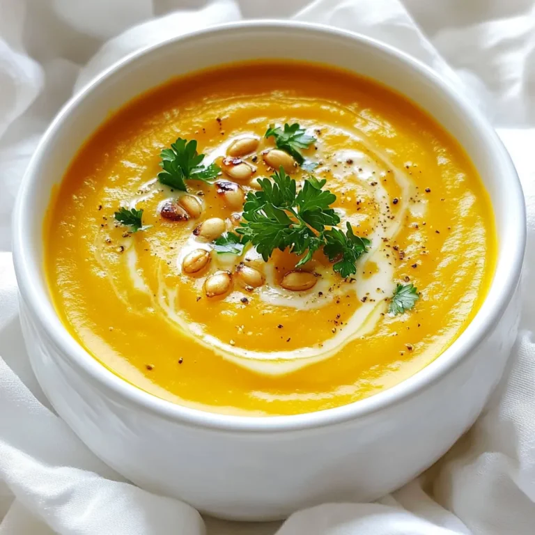 - 2 cups pumpkin puree (canned or homemade) - 1 head garlic - 1 medium onion, chopped - 2 tablespoons olive oil Pumpkin puree gives the soup its rich orange color. You can use canned for ease, or make your own. Roasting garlic makes it sweet and soft, adding great flavor. The onion adds depth and a nice base for our soup. Olive oil helps sauté the onion and adds healthy fat. - 4 cups vegetable broth - 1 cup coconut milk - 1 teaspoon ground ginger - 1 teaspoon nutmeg - Salt and pepper to taste Vegetable broth makes the soup light but flavorful. Coconut milk adds creaminess and a touch of sweetness. Ground ginger and nutmeg warm the soup with their spice. Salt and pepper help bring all the flavors together. - Fresh parsley - Pumpkin seeds Fresh parsley brightens the dish and adds color. Pumpkin seeds offer a nice crunch and fun texture. Both make your soup look great and taste better. 1. Preheating the oven Start by preheating your oven to 400°F (200°C). This step is key for roasting the garlic. 2. Roasting garlic Cut the top off the head of garlic to show the cloves. Drizzle a teaspoon of olive oil on top. Wrap the garlic in aluminum foil. Place it in the oven for about 30 minutes. The garlic will become soft and fragrant. 1. Sautéing onions While the garlic roasts, heat the remaining olive oil in a large pot over medium heat. Add the chopped onion. Sauté for about 5-7 minutes, until the onion turns translucent. Stir it often to avoid burning. 2. Combining ingredients Once the onion is ready, add the pumpkin puree. Squeeze the roasted garlic from its skin into the pot. Stir everything together until well mixed. Then, pour in the vegetable broth and bring it to a simmer. Add ground ginger and nutmeg. Let it simmer for 15 minutes to blend the flavors. 1. Pureeing soup After simmering, remove the pot from the heat. Stir in the coconut milk. Use an immersion blender to puree the soup until smooth. If you don’t have one, carefully transfer the soup to a blender in batches. 2. Final seasoning and garnishing Taste the soup and add salt and pepper as needed. If the soup is too thick, add a bit more vegetable broth. Serve it warm, garnished with fresh parsley or a sprinkle of pumpkin seeds. Enjoy your creamy roasted garlic pumpkin soup! Tips for selecting pumpkin When choosing pumpkin, look for firm, heavy ones. A deep orange color shows ripeness. If possible, pick a sugar pumpkin. It has a sweet taste and a smooth texture. Avoid pumpkins with soft spots or blemishes. Fresh pumpkin makes a big difference in flavor. Adjusting spice levels For a mild soup, stick to the recipe’s spices. If you want more warmth, add extra ginger or nutmeg. A pinch of cayenne pepper can boost heat. Always taste as you go. This way, you can find the perfect balance for your palate. Fixing too thick soup If your soup is too thick, don’t worry. Just add more vegetable broth a little at a time. Stir well after each addition. This helps you control the soup’s texture. You want it creamy but not paste-like. Balancing flavors If your soup tastes flat, it might need salt or pepper. Start with a small amount and mix well. A squeeze of lemon juice can brighten flavors too. Taste again to ensure it’s just right. Serving styles Serve the soup in warm bowls. This keeps the soup hot longer. A ladle adds a nice touch when serving. You can also use small cups for a fun appetizer. Garnish ideas Garnishing is key to a beautiful dish. Sprinkle fresh parsley on top for color. Pumpkin seeds add crunch and texture. A drizzle of coconut milk can create a lovely swirl. These little touches make your soup look gourmet! {{image_2}} You can change the broth to fit your taste. Use chicken broth for a richer flavor. For a lighter soup, try low-sodium broth. You can also use water, but it may lack depth. If you want a dairy-free option, replace coconut milk with almond or oat milk. These milks add creaminess without dairy. You can also use cashew cream for a richer texture. Adding herbs can elevate your soup. Fresh thyme or basil pairs well with pumpkin. You can also try adding a pinch of cayenne for some heat. For extra veggies, consider adding carrots or sweet potatoes. They blend well with pumpkin and add sweetness. Just chop them small and add them while sautéing the onion. This soup shines with crusty bread or crunchy crackers. Serve it with a warm baguette for dipping. You can also top it with croutons for a fun crunch. On chilly days, enjoy the soup as a main meal. Pair it with a simple salad for balance. A side of roasted vegetables also works well to warm you up. To store leftovers, let the soup cool first. Transfer it to an airtight container. This will keep it fresh and tasty. In the fridge, the soup lasts about 3 to 5 days. Make sure to label your container with the date. For freezing, use a freezer-safe container. Leave some space at the top, as the soup will expand when frozen. It’s best to freeze it within 2 days of cooking for the best taste. When you want to eat it, thaw in the fridge overnight. You can reheat the soup in the microwave or on the stovetop. If using the microwave, place it in a safe bowl and cover it. Heat in intervals, stirring in between. For the stovetop, pour the soup into a pot and heat over medium. Stir often. To keep the texture creamy, avoid boiling the soup. Can I use fresh pumpkin instead of puree? Yes, you can use fresh pumpkin. Start by peeling and cutting the pumpkin into cubes. Roast the cubes at 400°F (200°C) until soft, about 25-30 minutes. Then, blend the roasted pumpkin to make your puree. This method gives a fresh taste to the soup. How do I make this soup spicier? To add spice, try adding cayenne pepper or crushed red pepper flakes. Start with a pinch, taste, and add more if you like. You can also use spicy vegetable broth for an extra kick. Another option is adding fresh ginger for heat. Health benefits of pumpkin Pumpkin is low in calories and high in fiber. It is rich in vitamins A and C, which help your immune system. The antioxidants in pumpkin can support eye health and may reduce the risk of chronic diseases. Caloric content of the soup One serving of this creamy roasted garlic pumpkin soup has about 200 calories. This can vary based on the ingredients you use. Coconut milk adds creaminess but also calories, so adjust as you prefer. Can I double or halve the recipe? Yes, you can easily double or halve this recipe. Just adjust the quantity of each ingredient accordingly. This makes it fun to cook for a crowd or just for a small meal. Adjusting cooking times for larger batches If you double the recipe, the cooking times stay the same. However, if you triple it, you may need a larger pot. Keep an eye on the soup while it simmers and stir more often. This ensures even cooking and prevents burning. This blog post covered key ingredients and steps for making delicious pumpkin soup. You learned how to blend flavors, select the right ingredients, and enhance your dish’s presentation. Remember, you can adjust spice levels and use various garnishes to personalize the soup. Try experimenting with different ingredients or serving styles. Enjoy the warmth and comfort of homemade pumpkin soup, especially on chilly days. It’s a fun dish that brings joy to your kitchen. Happy cooking!