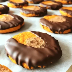 - 1 cup pumpkin puree - 1/2 cup unsalted butter, softened - 1 cup brown sugar, packed - 1/2 cup granulated sugar - 1 large egg - 1 teaspoon vanilla extract - 2 cups all-purpose flour - 1 teaspoon baking soda - 1 teaspoon baking powder - 1 tablespoon pumpkin spice mix - 1/2 teaspoon salt - 1 cup semi-sweet chocolate chips - 1 tablespoon coconut oil (for melting chocolate) Choosing the right pumpkin puree Always choose pure pumpkin puree. Canned puree works great for cookies. Make sure it is 100% pumpkin with no added sugar or spices. Importance of softened butter Softened butter blends well with sugar. It helps create a light and fluffy texture. Take the butter out of the fridge an hour before you start. Alternative sweeteners or flours You can swap sugars with maple syrup or honey. For flours, almond flour can work too. Just remember these swaps may change texture a bit. To start, preheat your oven to 350°F (175°C). This helps the cookies bake evenly. Next, line a baking sheet with parchment paper. This will keep the cookies from sticking. In a large bowl, cream together the softened butter, brown sugar, and granulated sugar. Mix them until the mixture is light and fluffy. This step adds air to your cookies, making them soft. Now, add the pumpkin puree, egg, and vanilla extract to the sugar mixture. Mix until just combined. In a separate bowl, whisk the flour, baking soda, baking powder, pumpkin spice mix, and salt. Gradually add the dry ingredients to the wet mixture. Stir gently until everything is mixed. Be careful not to overmix. This keeps your cookies chewy and soft. Use a cookie scoop or tablespoon to drop dough onto the prepared baking sheet. Space the cookies about 2 inches apart. This gives them room to spread while baking. Bake for 10-12 minutes. Look for lightly golden edges and set centers. Let the cookies cool on the baking sheet for 5 minutes. Then, transfer them to a wire rack to cool fully. This cooling step is important for the right texture. To keep your cookies soft and chewy, do not overbake them. Bake until the edges are golden, but the center is still soft. This way, they will finish cooking as they cool. When measuring flour, use the spoon and level method. Spoon flour into your measuring cup, then level it off with a knife. This helps avoid too much flour, which makes cookies dry. To boost the pumpkin spice flavor, consider adding more spices like cinnamon, nutmeg, or ginger. A pinch of allspice works well, too. You can also add mix-ins to your cookies. Chopped nuts like walnuts or pecans add a nice crunch. Small pieces of caramel can give a sweet surprise in each bite. For melting chocolate, use a microwave. Heat it in short bursts of 30 seconds. Stir in between until smooth. Add a tablespoon of coconut oil to help it melt evenly. If you want alternatives to semi-sweet chocolate chips, try dark chocolate or milk chocolate. You could use white chocolate chips for a sweet twist. {{image_2}} You can choose different types of chocolate for dipping. Dark chocolate gives a rich taste. It works well with the sweet cookies. If you prefer a sweeter option, use milk chocolate. It melts smoothly and adds creaminess. White chocolate is another fun choice. It adds a sweet, smooth finish. Just remember to melt it gently. Each chocolate adds its own charm to your cookies. If you need a gluten-free option, swap regular flour with gluten-free flour blends. These blends work well in cookies. Make sure to check the blend's ingredients. Some blends may need extra moisture. You may add a little more pumpkin puree to keep the cookies moist. You can mix up the flavors in your cookies. Try adding different spices like nutmeg or ginger. These spices can enhance the pumpkin flavor. You might also want to add a splash of almond or maple extract for a unique twist. For a special touch, consider adding a frosting layer on top. A simple cream cheese frosting pairs well. It adds creaminess and sweetness, making each bite even better. To keep your chocolate dipped pumpkin spice cookies fresh, store them in a cool place. I recommend using an airtight container. This method helps keep your cookies soft and moist. You can also use a cookie jar, but it may not seal as tightly. This can dry out your cookies faster. - Airtight Container: Best for freshness and moisture. - Cookie Jar: Convenient but less effective for keeping cookies soft. Freezing chocolate dipped cookies is a great way to save them for later. To freeze, place the cookies on a baking sheet first. Make sure they are not touching each other. Once frozen, transfer them to a freezer bag. This method helps keep the cookies from sticking together. - How to freeze: Freeze on a baking sheet, then store in a bag. - Thawing instructions: To thaw, leave cookies in the fridge overnight or at room temperature for a few hours. This keeps them tasty and fresh. Can I use fresh pumpkin instead of canned puree? Yes, you can use fresh pumpkin. Just cook and blend it until smooth. Drain any extra water to avoid soggy cookies. What if I don't have coconut oil? If you lack coconut oil, use any neutral oil or butter. This helps the chocolate melt smoothly. How do I make cookies softer or firmer? To make cookies softer, add more butter or pumpkin puree. For firmer cookies, add a bit more flour. Why are my cookies flat? Flat cookies may be due to too much butter or not enough flour. Make sure to measure carefully. How can I prevent the chocolate from cracking? To avoid cracking, let the chocolate cool slightly before dipping. Chill the cookies after dipping to set the chocolate. Best drink pairings for pumpkin spice cookies Enjoy these cookies with pumpkin spice lattes, hot cider, or chai tea. The flavors match perfectly. Ideas for serving at events or gatherings Serve these cookies on a festive platter. Add some fall decorations for a fun touch. They also make great gifts in mason jars! This blog post shared a fun recipe for pumpkin spice cookies. We explored essential ingredients, from pumpkin puree to chocolate chips. I provided handy tips for baking perfectly chewy cookies and creative ways to enhance flavors. You can also find storage tips and serve these treats at any event. In conclusion, baking pumpkin spice cookies is easy and rewarding. Use this guide to impress your friends and family with great results. Enjoy every bite and let your creativity shine!