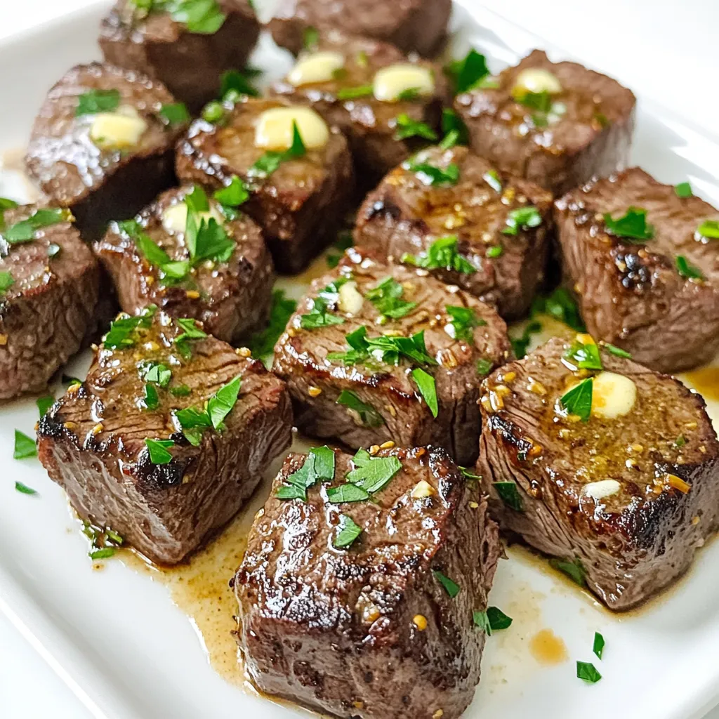 To make Air Fryer Garlic Butter Steak Bites, gather these simple ingredients: - 1 lb beef sirloin, cut into 1-inch cubes - 4 tablespoons unsalted butter, melted - 4 cloves garlic, minced - 1 teaspoon fresh rosemary, chopped (or ½ teaspoon dried rosemary) - 1 teaspoon fresh thyme, chopped (or ½ teaspoon dried thyme) - 1 teaspoon salt - ½ teaspoon black pepper - 1 tablespoon olive oil - Fresh parsley, chopped for garnish Each ingredient plays a key role in the dish. The beef sirloin offers a tender base, while the garlic and butter provide rich flavor. Fresh herbs like rosemary and thyme add a nice touch, making each bite exciting. The salt and pepper enhance the taste, while olive oil helps with cooking in the air fryer. Lastly, the parsley adds a pop of color and freshness when serving. Start by gathering your ingredients. In a large bowl, mix melted butter, minced garlic, chopped rosemary, thyme, salt, and black pepper. Stir well to combine. This mixture creates a tasty marinade. Cut your beef sirloin into 1-inch cubes. Add the beef to the bowl and coat each piece with the marinade. Cover the bowl and let it sit for at least 30 minutes. This step will help the flavor soak in. Preheat your air fryer to 400°F (200°C) for about 5 minutes. While it heats, lightly drizzle the air fryer basket with olive oil. This helps prevent sticking. Place the marinated steak bites in a single layer in the basket. Avoid overcrowding to ensure even cooking. Cook the steak bites for 6 to 8 minutes. Shake the basket halfway through to cook all sides. The perfect steak should be medium-rare with an internal temperature of about 130°F (54°C). For well-done, add 2 to 3 more minutes. Once the cooking time is up, carefully remove the steak bites from the air fryer. Let them rest for a few minutes. Resting lets the juices settle, making the steak tender. If you want to check doneness, use a meat thermometer. Always double-check to ensure your steak is cooked just the way you like it. Garnish the bites with fresh parsley for a pop of color before serving. To get the best flavor, marinate the beef for at least 30 minutes. This time helps the meat soak up the garlic butter goodness. Use a large bowl to mix the butter, garlic, and herbs well. Make sure each steak cube gets a good coating. Cover the bowl and place it in the fridge. The cold helps the beef absorb more flavor. Always preheat your air fryer to 400°F (200°C) for better cooking. Lightly oil the basket to prevent sticking. Place the steak bites in a single layer. If you overcrowd them, they won’t cook evenly. Shake the basket halfway through to get a nice sear on all sides. For perfect doneness, check the internal temperature with a meat thermometer. Serve your steak bites hot, garnished with chopped parsley. They make a great appetizer or a main dish. Pair them with a fresh salad or roasted veggies. You can also add dipping sauces like garlic aioli or chimichurri for extra flavor. Enjoy these bites with friends or family for a fun dinner experience! {{image_2}} You can change the herbs in your steak bites. Instead of rosemary and thyme, try oregano or basil. Both add a nice twist. You could also use smoked paprika or chili powder for heat. These spices bring new flavors to the dish. Mix and match to find what you love! While I use beef sirloin, other cuts work well too. Ribeye gives a rich flavor. Tenderloin is lean and soft. Flank steak is a great budget choice. Just make sure to cut it into small pieces. Each cut will change the taste and texture. You can make this dish even better by adding vegetables. Bell peppers and onions pair nicely with the steak. Cut them into bite-sized pieces. Toss them with the marinade too. Just add them to the air fryer with the steak. They cook well and soak up the flavors. Enjoy a tasty, colorful meal! To store your leftover steak bites, place them in an airtight container. Make sure they cool down first. Keep them in the fridge for up to three days. If you want to keep them longer, you can freeze them. Just be sure to wrap them well to avoid freezer burn. When you’re ready to eat your leftovers, reheat them in the air fryer. Set it to 350°F (175°C). Heat for about 3-5 minutes. This will keep them juicy and warm. You can also use the microwave, but the air fryer gives the best results. If you want to freeze the garlic butter steak bites, do it right after cooking. Let them cool, then place them in a freezer bag. Squeeze out as much air as you can before sealing. They can last up to three months in the freezer. When you’re ready to eat, thaw them in the fridge overnight before reheating. To get the perfect steak doneness, use a meat thermometer. For medium-rare, aim for 130°F. For medium, look for 140°F. Each steak cut cooks a bit differently. It’s best to check early and adjust time as needed. Remember, the steak continues to cook after you take it out. Let it rest for a few minutes for the juices to settle. Using frozen steak is not ideal for this recipe. Thaw the steak first for best results. If you cook it frozen, it won’t marinate well. This can lead to uneven cooking. Always aim to use fresh or thawed steak for tender bites and great flavor. The best air fryer temperature for steak is 400°F (200°C). This high heat gives a nice sear and cooks the steak quickly. Preheating your air fryer for about 5 minutes helps create that perfect crust. Always check the internal temperature to ensure it’s cooked to your liking. You learned how to make tasty steak bites using simple ingredients. Each step ensures great flavor and texture. Marinating and cooking techniques matter for the best results. Remember to store leftovers properly for future enjoyment. Feel free to try different herbs or cuts to switch things up. With these tips, you'll impress anyone with your cooking skills. Now, get in the kitchen and enjoy your steak bites!