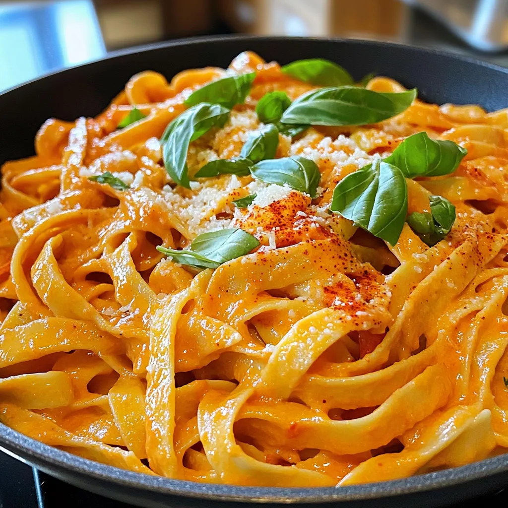 - 12 oz (340g) pasta (preferably fettuccine or penne) - 2 large red bell peppers - 1 tablespoon olive oil - 3 cloves garlic, minced - 1 cup heavy cream - 1/2 cup grated Parmesan cheese (or a dairy-free alternative) - 1 teaspoon smoked paprika - Salt and pepper to taste - Fresh basil, chopped (for garnish) - Add crushed red pepper for heat. - Use sun-dried tomatoes for a tangy twist. - Toss in spinach for added greens. - Use gluten-free pasta for a gluten-free option. - Swap heavy cream with coconut cream for a dairy-free version. - Substitute Parmesan cheese with nutritional yeast for a vegan choice. First, preheat your oven to 425°F (220°C). Cut the red bell peppers in half. Remove all the seeds. Place the halves cut-side down on a baking sheet. Roast them in the oven for about 20-25 minutes. You want the skins to char and blister. This step adds great flavor. Once done, take them out and place them in a bowl. Cover the bowl tightly with plastic wrap. Let them steam for about 10 minutes. This makes it easy to peel off the skins later. While the peppers steam, cook the pasta. Use 12 oz (340g) of your favorite type. Fettuccine or penne works best. Boil water in a large pot. Add salt to the boiling water. Cook the pasta according to the package instructions until al dente. This means it should be firm but not hard. Drain the pasta and set it aside. You want it ready for the sauce. Once the peppers are cool, peel off the charred skins. Next, blend the roasted peppers in a food processor until smooth. Add 1 cup of heavy cream, 1 teaspoon of smoked paprika, salt, and pepper to the blender. Blend until fully combined. In a large pan, heat 1 tablespoon of olive oil over medium heat. Add 3 minced garlic cloves and sauté for about 1 minute. You want it fragrant but not brown. Pour the roasted red pepper sauce into the pan. Bring it to a gentle simmer. Stir in 1/2 cup of grated Parmesan cheese until it melts. Add the cooked pasta to the sauce. Toss the pasta well so it's fully coated. Taste it and adjust the seasoning with more salt and pepper if needed. Serve immediately, garnished with fresh chopped basil on top. For creamy roasted red pepper pasta, I love using fettuccine or penne. These shapes hold the sauce well. Fettuccine's flat surface grabs the creamy sauce, while penne's tubes catch every bite. You can also try other pasta like rigatoni or farfalle. Just make sure to cook it al dente for the best texture. To get that perfect creamy texture, focus on the sauce. Start with heavy cream as it gives richness. When blending the roasted peppers, ensure they are smooth. Mix the sauce in the pan over low heat. Stir in the Parmesan cheese slowly for the best melt. If it’s too thick, add a splash of pasta water to loosen it up. You can enhance your dish with some easy add-ins. Try adding sautéed mushrooms or spinach for extra flavor and nutrition. A pinch of red pepper flakes adds heat, while fresh herbs like thyme or oregano boost taste. You can also mix in cooked chicken, shrimp, or tofu for protein. Each option makes the dish unique and delicious! {{image_2}} You can make this dish vegan by using plant-based cream. Look for brands like cashew or almond cream. Instead of Parmesan cheese, use nutritional yeast. It adds a cheesy flavor without dairy. You can also use a vegan cheese made from nuts. This way, you keep the creaminess while following a vegan diet. If you need gluten-free options, choose pasta made from rice or quinoa. Brands like Banza make pasta from chickpeas, giving a nice texture. Just cook it according to the package directions. Ensure that your sauce ingredients are also gluten-free. This way, everyone can enjoy this tasty dish! For added protein, you can include chicken, shrimp, or tofu. Cook chicken or shrimp in the pan before making the sauce. For tofu, press and cube it before sautéing. This adds a nice texture and flavor to the pasta. Toss your chosen protein into the sauce before mixing in the pasta. Enjoy a hearty meal with this simple addition! After enjoying your creamy roasted red pepper pasta, store the leftovers in an airtight container. Let the pasta cool down to room temperature first. Then, place it in the fridge. It will stay fresh for up to three days. Make sure to label the container with the date. This way, you won't forget when you made it. To reheat, you can use the microwave or the stove. If using the microwave, place a serving in a bowl. Cover it with a damp paper towel to keep it moist. Heat in short bursts, stirring in between, until warm. For stovetop reheating, add a splash of water or cream to the pasta in a pan. Heat over low heat, stirring until hot. If you want to keep your creamy roasted red pepper pasta longer, freezing is a great option. First, let the pasta cool completely. Then, portion it into freezer-safe bags or containers. Remove as much air as possible to prevent freezer burn. It can last for up to three months. When you're ready to eat, thaw it in the fridge overnight before reheating. Yes, you can use roasted red peppers from a jar. They save time and effort. Just drain them well before using. These peppers still add great flavor to your dish. If you’re in a hurry, jarred peppers work perfectly! To add heat, include red pepper flakes in the sauce. Start with a pinch and taste. You can also use hot sauce or add diced fresh jalapeños. Mix in some spicy sausage for an extra kick. Adjust the spice to your liking for the best flavor. Pair this pasta with a fresh green salad. A simple Caesar or a mixed greens salad works well. Garlic bread or crusty bread is perfect for dipping in the sauce. You can also add grilled chicken or shrimp for protein. These sides make your meal complete and satisfying. This blog post covered a tasty creamy roasted red pepper pasta recipe. We shared the needed ingredients, easy steps, and useful tips. You can customize it with vegan options and gluten-free pasta. Remember, storage and reheating methods can keep your leftovers fresh. In the end, you can create this dish to suit your tastes and needs. Enjoy experimenting with flavors and ingredients. Happy cooking!