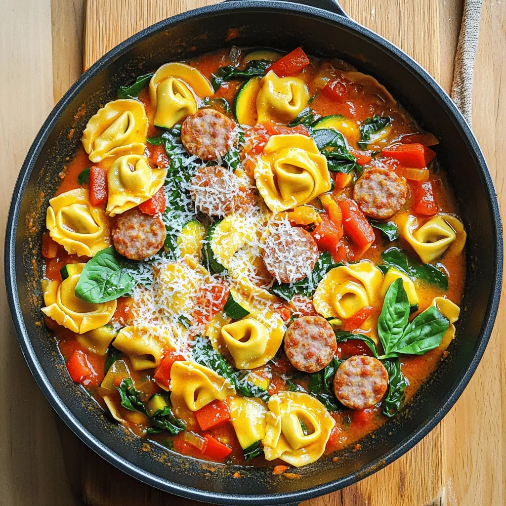- 1 pound turkey sausage - 12 ounces cheese tortellini - 2 tablespoons olive oil - 1 medium onion, diced - 1 red bell pepper, diced - 1 zucchini, sliced - 1 can (14.5 ounces) diced tomatoes (with juice) - 1 cup vegetable broth - 2 cups fresh spinach - 1/2 cup grated Parmesan cheese This dish brings together flavors from the heart of Tuscany. The turkey sausage gives it a rich taste without being too heavy. The cheese tortellini adds a lovely creaminess. Each ingredient plays a role in making this skillet a comfort dish. The diced onion and red bell pepper add sweetness. The zucchini gives a nice crunch. Fresh spinach brightens it all up. Diced tomatoes and vegetable broth make a great base. They keep everything moist and flavorful. Parmesan cheese on top melts perfectly, adding a salty kick. I love using fresh ingredients when I can. They really bring the dish to life. Each bite feels fresh and satisfying. Make sure to gather all these key ingredients before you start cooking. They are the stars of your skillet! - Heat 2 tablespoons of olive oil in a large skillet over medium heat. - Add 1 pound of turkey sausage with the casings removed. Cook until it turns brown, about 5-7 minutes. - As it cooks, break the sausage into small pieces using a spatula. This helps it cook evenly and mix well with the other ingredients. - Once the sausage is browned, add 1 medium diced onion and 1 diced red bell pepper. - Sauté these for about 3-4 minutes until the onion looks translucent. This step builds the flavor base. - Next, stir in 3 cloves of minced garlic and 1 sliced zucchini. Cook for another 2-3 minutes until the zucchini softens. - Pour in 1 can of diced tomatoes (with juice) and 1 cup of vegetable broth. Season the mixture with 1 teaspoon of dried basil, 1 teaspoon of dried oregano, and salt and pepper to taste. - Bring the mix to a simmer. This creates a tasty sauce. - Add 12 ounces of cheese tortellini to the skillet. Stir gently to combine everything. Cover the skillet and cook for about 8-10 minutes, or until the tortellini is al dente. - After the tortellini cooks, stir in 2 cups of fresh spinach. Let it wilt down for about 2 minutes. This adds color and nutrition to the dish. - Finally, remove the skillet from heat and sprinkle 1/2 cup of grated Parmesan cheese on top. The cheese melts slightly and adds a rich flavor. Serve this dish hot and enjoy! - Use fresh herbs for a vibrant taste. Fresh basil adds brightness. - Consider adding crushed red pepper for heat. This gives your dish a spicy kick. - Best practices for cooking tortellini include boiling them until they float. This shows they are done. - Tips for browning turkey sausage perfectly: cook over medium heat. Break it apart as it cooks. This creates nice, small pieces. - Pair with garlic bread or a fresh salad for a full meal. The bread soaks up the sauce. - Option to serve with extra cheese on top. More cheese always makes it better! {{image_2}} You can switch things up with different proteins. Try chicken or pork sausage instead of turkey. Both options bring a rich flavor to the dish. If you want a meat-free meal, use meatless sausage. It gives a nice taste and keeps the dish hearty. While cheese tortellini is great, feel free to explore other pasta types. You can use penne, farfalle, or even rotini. Each shape offers a unique twist. If you need gluten-free options, many brands offer great gluten-free pasta. This way, everyone can enjoy the meal. Don’t hesitate to add more veggies for extra flavor and nutrition. Mushrooms or bell peppers work well and add depth. You can also toss in broccoli or kale. Both add a nice crunch and boost the nutrition of your dish. To store leftovers, let the dish cool down first. Place it in an airtight container. This keeps the flavors fresh. I suggest using glass or BPA-free plastic containers. These work well to prevent leaks and odors. For reheating, the best methods are the stovetop or microwave. If using the stovetop, heat it slowly on low. Stir often to avoid burning. If you choose the microwave, use a microwave-safe dish. Heat in short bursts, stirring in between. This helps prevent overcooking. To freeze portions, let the dish cool completely. Then, divide it into single servings. Use freezer-safe bags or containers. When ready to eat, thaw in the fridge overnight. For quick thawing, place the sealed bag in warm water. Reheat once thawed for the best taste. This dish takes about 10 minutes to prep and around 20 minutes to cook. So, total time is roughly 30 minutes. That makes it a great option for busy weeknights! Yes, you can use frozen tortellini! If you go this route, just add a few extra minutes to the cooking time. Frozen tortellini cooks well and tastes great in this dish. If you need a substitute for Parmesan cheese, consider using Pecorino Romano. It’s salty and has a bold flavor. You can also try nutritional yeast for a dairy-free option. Absolutely! This dish works well for meal prep. Store it in airtight containers in the fridge for up to three days. You can also freeze it for longer storage. Just make sure to cool it before freezing. This blog post covered a tasty Tuscan Turkey Sausage Tortellini Skillet. We discussed the key ingredients, like turkey sausage and fresh veggies, alongside step-by-step cooking instructions. Tips for enhancing flavor and serving suggestions offered extra value. You can even try variations with different proteins or pasta types. For storage, I included best practices for refrigeration and freezing. Embrace this easy and fun dish with your own twist. Enjoy a comforting meal your whole family will love!