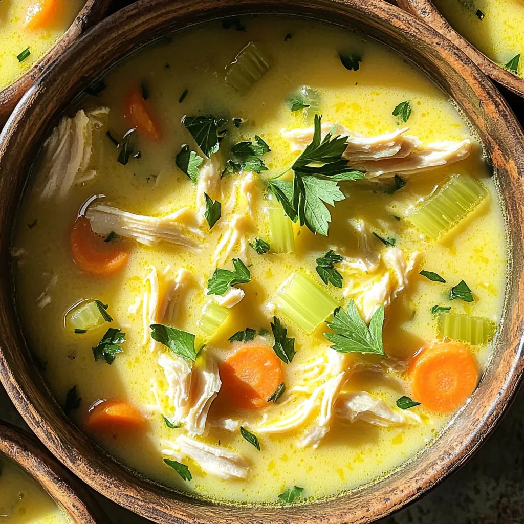 For this soup, I use: - 1 lb (450g) boneless, skinless chicken thighs - 4 cups chicken broth - 1 large onion, diced - 3 cloves garlic, minced - 2 medium carrots, sliced - 2 celery stalks, diced These main ingredients create a solid base. The chicken thighs are juicy and tender, making the soup hearty. The broth adds depth, while the veggies bring freshness and crunch. The key seasonings are: - 1 teaspoon dried thyme - 1 teaspoon dried oregano - Zest of 1 lemon - 2 tablespoons lemon juice - Salt and pepper to taste These herbs add warmth and earthiness. The lemon zest and juice brighten the soup, making it fresh. Salt and pepper enhance all the flavors, making them pop. For a finishing touch, I like to add: - Fresh parsley or dill for garnish These herbs not only look great but also add a burst of flavor. You can sprinkle them on top before serving. They make each bite even more enjoyable! First, gather all your ingredients. You need chicken thighs, broth, and vegetables. Start with the onion. Dice it into small pieces. Next, take the garlic and mince it. Slice the carrots into thin rounds. Finally, chop the celery into small bits. Now, it’s time to prepare the chicken. Take the boneless chicken thighs and place them on a cutting board. You can leave them whole. We will shred them later. Once your vegetables and chicken are ready, you can move on. Grab your slow cooker. Place the whole chicken thighs at the bottom. Next, add the diced onion, minced garlic, sliced carrots, and diced celery on top of the chicken. Pour the chicken broth over the vegetables and chicken. Sprinkle dried thyme, oregano, and lemon zest on top. Add salt and pepper to taste. Make sure everything is spread out evenly. Cover the slow cooker with its lid. Set it to cook on low for 6-8 hours. If you are short on time, you can cook it on high for 3-4 hours. Check the chicken after the time is up. It should be fully cooked and tender. Remove the chicken thighs and shred them using two forks. Return the shredded chicken back into the soup. Stir in the heavy cream and lemon juice. Let it cook for another 15-20 minutes. Finally, taste the soup and adjust the seasoning if needed. Now you are ready to serve! To make this soup shine, you can adjust the herbs and seasoning. I suggest tasting as you go. If you like more flavor, add extra thyme or oregano. A little more lemon juice can brighten the soup. If you prefer a kick, a pinch of red pepper flakes works well. I love using boneless, skinless chicken thighs for this recipe. They stay juicy and tender during cooking. Thighs also soak up the soup's flavors better than chicken breasts. If you prefer, you can use chicken breasts, but they may dry out. To enhance creaminess, heavy cream is perfect. However, you can try alternatives. Coconut milk adds a nice flavor and is dairy-free. For a lighter option, use half-and-half or even Greek yogurt. Just stir it in slowly to keep the soup smooth. {{image_2}} You can mix in lots of veggies to boost flavor and nutrition. Here are some ideas: - Spinach: Stir in fresh spinach for a nice color and taste. - Zucchini: Add diced zucchini for a soft texture. - Peas: Toss in frozen peas toward the end of cooking for sweetness. - Potatoes: Cube small potatoes for a heartier soup. Feel free to get creative based on what you have. Each vegetable adds a unique taste and texture. If you want to switch up the protein, you have options. Here are some great substitutes: - Turkey: Use ground turkey or turkey thighs for a leaner soup. - Tofu: For a vegetarian option, add cubed tofu. It soaks up the soup's flavors well. - Duck: Shredded duck can add a richer taste. These alternatives keep the soup tasty and satisfying. For a dairy-free version, here’s what you can do: - Coconut Milk: Replace heavy cream with full-fat coconut milk for creaminess. - Nut Milk: Use almond or cashew milk for a lighter option. - Thickener: Add a cornstarch slurry to help thicken the soup. These swaps ensure everyone can enjoy this delightful soup. To keep your Slow Cooker Creamy Lemon Chicken Soup fresh, store leftovers in an airtight container. Make sure it cools down first. Place the container in the fridge. This soup stays good for about three days. When you want to eat it again, check for any off smells or changes in color. Freezing this soup is a great option for later meals. First, let the soup cool completely. Then, pour it into freezer-safe bags or containers. Leave some space at the top, as liquids expand when frozen. Label each bag with the date. This soup can stay in the freezer for up to three months. When you're ready to enjoy it, just thaw it in the fridge overnight. When you reheat your soup, aim for gentle warmth to keep the flavor and texture. You can use the stove or microwave. If using the stove, pour the soup into a pot and heat on low. Stir often to prevent sticking. If using the microwave, heat in short bursts, stirring in between. Add a splash of broth or cream if it seems too thick. Enjoy your delicious soup just like it was fresh! Yes, you can use frozen chicken thighs in this recipe. When using frozen meat, cooking times change. If you use frozen chicken, cook on high for about 4 to 5 hours. If you prefer low heat, plan for 8 to 9 hours. Always check that the chicken reaches 165°F (75°C) for safety. The soup stays fresh in the fridge for about 3 to 4 days. Keep it in an airtight container to maintain its flavor. If you want to enjoy it longer, consider freezing it. Yes, you can make this soup on the stovetop. Start by sautéing the onion and garlic in a pot. Then, add the carrots, celery, and chicken broth. Bring it to a boil before adding the chicken. Let it simmer for about 30 minutes. Shred the chicken, then stir in cream and lemon juice. Cook for another 10 minutes for a creamy finish. In this article, we covered how to make a hearty slow cooker chicken soup. We discussed key ingredients like chicken thighs and fresh veggies. You learned step-by-step instructions for cooking and tips to perfect the flavors. We also looked at fun variations, storage info, and answered common questions. Making this soup can be easy and fun. Keep experimenting with flavors and ingredients. Enjoy your cooking adventure!
