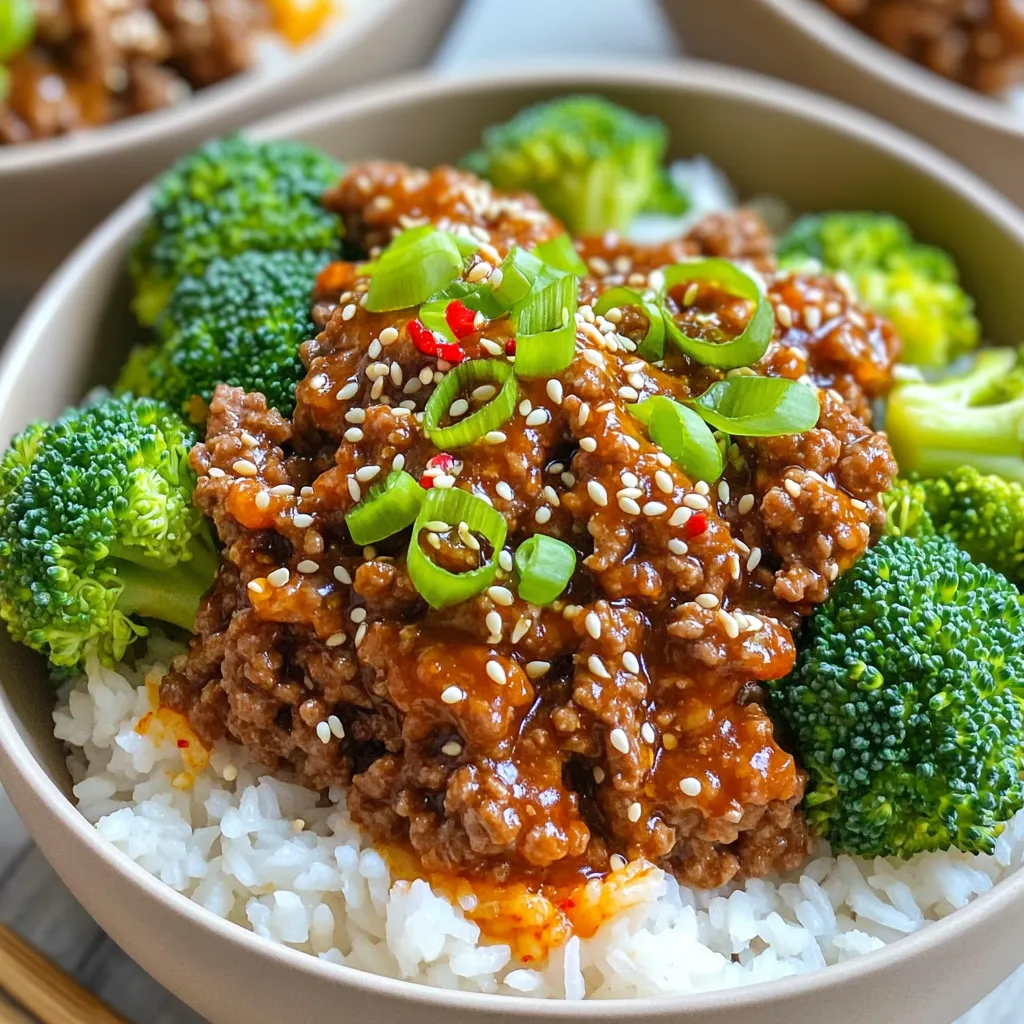 - 1 lb ground beef - 3 tablespoons soy sauce - 2 tablespoons gochujang (Korean red chili paste) - 1 tablespoon sesame oil - 1 tablespoon brown sugar - 3 cloves garlic, minced - 1 teaspoon ginger, grated - 1 cup broccoli florets - 1 cup cooked rice (white or brown) - 2 green onions, sliced (for garnish) - Toasted sesame seeds (for garnish) - Sliced red chili pepper (optional, for extra spice) To create Minute Spicy Korean Beef Bowls, you need simple yet bold ingredients. Start with ground beef, which brings rich flavor and protein. For seasoning, soy sauce and gochujang add depth and heat. The sesame oil gives a lovely nutty taste, while brown sugar balances the spice. You’ll also need fresh garlic and ginger. These ingredients will enhance the dish with their strong aromas. Broccoli florets add color and crunch. Serve the beef over cooked rice; you can choose either white or brown. Finally, top the bowl with sliced green onions, toasted sesame seeds, and optional chili for extra heat. This combination makes a quick yet flavorful meal that everyone will love. Start by mixing the marinade ingredients in a medium bowl. Combine 3 tablespoons of soy sauce, 2 tablespoons of gochujang, and 1 tablespoon of sesame oil. Add 1 tablespoon of brown sugar, 3 minced garlic cloves, and 1 teaspoon of grated ginger. Stir until smooth. This mix gives your beef a great flavor. Next, heat a large skillet over medium-high heat. Add 1 pound of ground beef to the skillet. Cook it for about 5 to 7 minutes. Use a spatula to break the meat into small pieces as it cooks. Once the meat is browned, drain any extra fat. Now, pour the marinade over the beef. Stir it well to coat the meat evenly. Cook for another 2 to 3 minutes until everything is hot and glazed. In the last 2 minutes of cooking, add 1 cup of broccoli florets to the skillet. This lets the broccoli steam in the heat and sauce. Stir it occasionally to cook it evenly. The broccoli adds color and crunch to your dish. To serve, place a scoop of cooked rice into bowls. Top it with the spicy beef and broccoli mix. Garnish each bowl with sliced green onions and toasted sesame seeds. If you like it spicy, add some sliced red chili pepper on top. Enjoy your meal right away for the best flavor! To make the marinade just right, taste it as you mix. If you want more spice, add extra gochujang. If you prefer less heat, use less gochujang. Balance is key; the sweet brown sugar will help with heat too. When browning ground beef, use a hot skillet. This helps the beef cook evenly and get a nice color. Break up the beef into small pieces for better browning. Keep stirring to avoid burning. Drain excess fat after cooking for a leaner dish. Preparing ahead saves time. Chop the broccoli and slice green onions before cooking. Mix the marinade in advance and store it in the fridge. Cook the rice earlier in the day or use leftover rice. This makes your cooking quick and easy. {{image_2}} You can switch out the ground beef for other proteins. Ground turkey is a great choice. It has a mild flavor and cooks quickly. You can also use ground chicken. For a plant-based option, try lentils or crumbled tofu. Both can soak up the spicy sauce well. Feel free to add more veggies for extra flavor. Bell peppers, snap peas, or carrots work nicely. You can even use spinach or kale. They add color and nutrients to your meal. Just adjust your cooking time. Add more delicate veggies like spinach last, so they don’t wilt too much. You can tweak the marinade to suit your taste. If you enjoy a sweeter dish, add more brown sugar. For more heat, increase the gochujang or add fresh chilies. You can also try adding lime juice for some tang. Top your bowls with avocado or kimchi for an extra kick. Store any leftovers in an airtight container. Keep it in the fridge. This dish stays fresh for up to three days. Be sure to cool it down first before sealing it. For long-term storage, you can freeze the beef bowls. Use a freezer-safe container or bag. The meal stays good for up to three months. When you freeze it, separate the rice and sauce. This helps keep the texture nice when you reheat it. Reheat the beef bowls in the microwave or on the stove. For the microwave, use a microwave-safe bowl. Heat for two to three minutes, stirring halfway. If using the stove, warm it on medium heat. Stir often to prevent sticking. Adding a splash of water can keep it moist. Enjoy the flavors as they come back to life! To make Minute Spicy Korean Beef Bowls, start by mixing the marinade. In a bowl, combine soy sauce, gochujang, sesame oil, brown sugar, minced garlic, and grated ginger. Stir well. Next, heat a large skillet over medium-high heat. Add 1 lb of ground beef and cook for 5-7 minutes until browned. Drain any excess fat. Pour the marinade over the beef and stir to coat. Cook for an additional 2-3 minutes. In the last 2 minutes, add 1 cup of broccoli florets. Serve the beef and broccoli over cooked rice and garnish as desired. Yes, you can make this recipe spicy! The gochujang already adds heat. If you want more spice, add sliced red chili pepper as a garnish. You can also increase the amount of gochujang in the marinade. Adjust the spice level to fit your taste. If you don't have gochujang, try using sriracha or chili paste. Mix these with a bit of sugar for sweetness. You can also use a combination of miso paste and chili powder. While it won’t taste the same, these options still give a nice kick to the dish. Yes, this recipe is great for meal prep! You can make a big batch and store it in the fridge. Keep the beef and broccoli separate from the rice to prevent sogginess. Store them in airtight containers. This way, you can enjoy quick meals throughout the week. This blog post covered how to make delicious Minute Spicy Korean Beef Bowls. We discussed key ingredients, like ground beef and various veggies, and how to prepare the marinade. I shared tips for perfect cooking, meal prep, and even tasty variations. In the end, you can enjoy an easy meal made to fit your taste. Experimenting with spices and vegetables will make this dish even better. Dive in and have fun cooking!