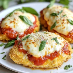 - 2 boneless, skinless chicken breasts - 1 cup breadcrumbs (preferably panko) - ½ cup grated Parmesan cheese - 1 teaspoon dried Italian herbs (oregano, basil, thyme) - 1 teaspoon garlic powder - Salt and pepper to taste - ½ cup marinara sauce - 1 cup shredded mozzarella cheese - Olive oil spray - Air fryer - Shallow bowls for breading - Meat mallet for pounding chicken - Whisk for egg mixing The main stars of this dish are the chicken breasts. They need to be boneless and skinless for the best results. This keeps the dish lean and easy to eat. The breadcrumbs give the chicken its crunch. I suggest using panko breadcrumbs. They are crispier than regular ones and add great texture. Adding grated Parmesan cheese to the breadcrumbs gives extra flavor. For seasonings, dried Italian herbs and garlic powder are perfect. They enhance the taste without overpowering the chicken. Salt and pepper are key, too. They bring out the natural flavors of the chicken. You can't forget the marinara sauce and mozzarella cheese. The sauce adds moisture and flavor, while the cheese melts beautifully on top. Make sure to have olive oil spray handy. It helps keep the chicken from sticking in the air fryer. Also, gather your kitchen tools. A meat mallet, shallow bowls, and a whisk will help you prepare the chicken easily. These ingredients come together to create a tasty and crunchy chicken parmesan that you'll love. Start by preheating your air fryer to 380°F (193°C). This step is key for a crispy finish. While it heats, take your chicken breasts. Use a meat mallet to pound them to about ½ inch thick. This helps them cook evenly. Sprinkle salt and pepper on both sides for flavor. Next, set up your breading station. In one shallow bowl, whisk one large egg until it's smooth. In another bowl, mix 1 cup of breadcrumbs, ½ cup of grated Parmesan cheese, 1 teaspoon of dried Italian herbs, and 1 teaspoon of garlic powder. Dip each chicken breast in the egg first. Make sure it's coated well. Then, dredge the chicken in the breadcrumb mix. Press gently to make the crumbs stick. Now it's time to cook! Lightly spray the air fryer basket with olive oil to stop sticking. Place the breaded chicken breasts in a single layer. Do not let them touch. Air fry for 10 minutes. After that, flip each piece and cook for another 5 minutes. Check to see if the chicken is golden brown and cooked through. The inside should reach 165°F (75°C). Once done, add a tablespoon of marinara sauce to each piece. Top with shredded mozzarella cheese. Air fry for an extra 2-3 minutes. This melts the cheese nicely. After cooking, let the chicken rest for a couple of minutes. Enjoy your crunchy and flavorful dish! To get that perfect crunch, use panko breadcrumbs. Panko adds a light and airy texture. They fry up crispier than regular breadcrumbs. The air fryer cooks food by circulating hot air. This method helps your chicken stay juicy while the outside gets crunchy. Make sure to coat the chicken well with breadcrumbs. Press them on firmly so they stick during cooking. A light spray of olive oil also helps achieve that golden brown finish. Season your chicken well to enhance its flavor. Use dried Italian herbs like oregano, basil, and thyme. These herbs add depth to your dish. A teaspoon of garlic powder boosts the taste too. Feel free to mix in some salt and pepper. You can even add a pinch of red pepper flakes if you like heat. This simple seasoning blend makes every bite flavorful. When it's time to serve, think about pairings. I love serving this chicken over a bed of spaghetti or zucchini noodles. This adds a nice base and makes the dish feel complete. Don’t forget the marinara sauce on top! Garnish with fresh basil leaves and extra grated Parmesan for a pop of color. This not only looks nice but also adds more flavor. Enjoy your meal with a side salad or some steamed veggies for a well-rounded dinner. {{image_2}} You can cook chicken parmesan in different ways. If you want a crispy oven-baked version, preheat your oven to 400°F (204°C). Place the breaded chicken on a baking sheet. Bake for 20-25 minutes, flipping halfway through. This gives a nice crunch. You can also pan-fry the chicken. Heat a bit of oil in a skillet over medium heat. Cook the chicken for about 6-7 minutes on each side until golden brown. This method adds extra flavor from the oil. Need a change? Use gluten-free breadcrumbs for a tasty, gluten-free meal. They still give that great crunch. For a dairy-free option, try dairy-free cheese. It melts well and keeps the dish creamy. You can also use almond flour or crushed nuts if you want something different. These swaps keep the dish delicious while catering to dietary needs. Want to make it even better? Add veggies like spinach or mushrooms. Just sauté them first and layer them on your chicken before adding sauce and cheese. For a twist, try different sauces. A pesto or Alfredo sauce gives a new flavor profile. You can also sprinkle red pepper flakes for a spicy kick. These small changes can make your air fryer chicken parmesan unique and flavorful. To keep your leftover chicken parmesan fresh, follow these tips: - Wait for the chicken to cool down before storing. - Place the chicken in an airtight container. - Store in the fridge for up to three days. - For longer storage, freeze the chicken. - Wrap each piece in plastic wrap before placing in a freezer bag. - Chicken can last in the freezer for up to three months. When reheating, you want to keep the crunch. Here’s how: - Use the air fryer for best results. - Preheat the air fryer to 350°F (175°C). - Place the chicken in the basket without stacking. - Heat for 5-7 minutes until warm and crispy. - If using a microwave, place a paper towel under the chicken to absorb moisture. - This helps keep the chicken from getting soggy. Prepare your chicken parmesan ahead for quick meals: - Bread the chicken and store it in the fridge. - Cook the chicken when you are ready to eat. - You can also freeze the breaded chicken. - Just thaw it in the fridge overnight before cooking. - Pair with cooked pasta or a salad for easy meals. - This makes lunch or dinner prep simple and quick. Cooking time depends on the chicken's thickness and the air fryer model. For a standard ½ inch thick chicken breast, it takes about 15 minutes total. Start with 10 minutes on one side, then flip and cook for another 5. Always check that the internal temperature reaches 165°F (75°C) for safety. Yes, you can use frozen chicken breasts. However, they will need extra time. Cook them for about 25-30 minutes. Start at the same 380°F (193°C). Flip them halfway to ensure even cooking. Check the temperature again to be sure they reach 165°F (75°C). Chicken Parmesan pairs well with many sides. Here are some great options: - Spaghetti or zucchini noodles - Garlic bread - A fresh green salad - Steamed vegetables like broccoli or asparagus - A simple side of marinara sauce for dipping These sides help round out your meal and add color to your plate. Enjoy! This post covered a simple way to make Chicken Parmesan in an air fryer. You learned about key ingredients like chicken, breadcrumbs, and seasonings. I shared steps for preparing, breading, and cooking the chicken. Tips helped you achieve that perfect crispy texture. You can also explore variations and storage tips to keep meals fresh. Enjoy this tasty dish and try different flavors to make it your own. Your kitchen adventures can be fun and rewarding with this easy recipe!