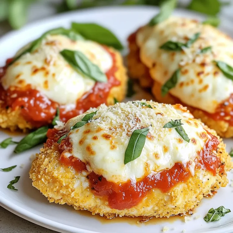 - 2 boneless, skinless chicken breasts - 1 cup breadcrumbs (preferably panko) - ½ cup grated Parmesan cheese - 1 teaspoon dried Italian herbs (oregano, basil, thyme) - 1 teaspoon garlic powder - Salt and pepper to taste - ½ cup marinara sauce - 1 cup shredded mozzarella cheese - Olive oil spray - Air fryer - Shallow bowls for breading - Meat mallet for pounding chicken - Whisk for egg mixing The main stars of this dish are the chicken breasts. They need to be boneless and skinless for the best results. This keeps the dish lean and easy to eat. The breadcrumbs give the chicken its crunch. I suggest using panko breadcrumbs. They are crispier than regular ones and add great texture. Adding grated Parmesan cheese to the breadcrumbs gives extra flavor. For seasonings, dried Italian herbs and garlic powder are perfect. They enhance the taste without overpowering the chicken. Salt and pepper are key, too. They bring out the natural flavors of the chicken. You can't forget the marinara sauce and mozzarella cheese. The sauce adds moisture and flavor, while the cheese melts beautifully on top. Make sure to have olive oil spray handy. It helps keep the chicken from sticking in the air fryer. Also, gather your kitchen tools. A meat mallet, shallow bowls, and a whisk will help you prepare the chicken easily. These ingredients come together to create a tasty and crunchy chicken parmesan that you'll love. Start by preheating your air fryer to 380°F (193°C). This step is key for a crispy finish. While it heats, take your chicken breasts. Use a meat mallet to pound them to about ½ inch thick. This helps them cook evenly. Sprinkle salt and pepper on both sides for flavor. Next, set up your breading station. In one shallow bowl, whisk one large egg until it's smooth. In another bowl, mix 1 cup of breadcrumbs, ½ cup of grated Parmesan cheese, 1 teaspoon of dried Italian herbs, and 1 teaspoon of garlic powder. Dip each chicken breast in the egg first. Make sure it's coated well. Then, dredge the chicken in the breadcrumb mix. Press gently to make the crumbs stick. Now it's time to cook! Lightly spray the air fryer basket with olive oil to stop sticking. Place the breaded chicken breasts in a single layer. Do not let them touch. Air fry for 10 minutes. After that, flip each piece and cook for another 5 minutes. Check to see if the chicken is golden brown and cooked through. The inside should reach 165°F (75°C). Once done, add a tablespoon of marinara sauce to each piece. Top with shredded mozzarella cheese. Air fry for an extra 2-3 minutes. This melts the cheese nicely. After cooking, let the chicken rest for a couple of minutes. Enjoy your crunchy and flavorful dish! To get that perfect crunch, use panko breadcrumbs. Panko adds a light and airy texture. They fry up crispier than regular breadcrumbs. The air fryer cooks food by circulating hot air. This method helps your chicken stay juicy while the outside gets crunchy. Make sure to coat the chicken well with breadcrumbs. Press them on firmly so they stick during cooking. A light spray of olive oil also helps achieve that golden brown finish. Season your chicken well to enhance its flavor. Use dried Italian herbs like oregano, basil, and thyme. These herbs add depth to your dish. A teaspoon of garlic powder boosts the taste too. Feel free to mix in some salt and pepper. You can even add a pinch of red pepper flakes if you like heat. This simple seasoning blend makes every bite flavorful. When it's time to serve, think about pairings. I love serving this chicken over a bed of spaghetti or zucchini noodles. This adds a nice base and makes the dish feel complete. Don’t forget the marinara sauce on top! Garnish with fresh basil leaves and extra grated Parmesan for a pop of color. This not only looks nice but also adds more flavor. Enjoy your meal with a side salad or some steamed veggies for a well-rounded dinner. {{image_2}} You can cook chicken parmesan in different ways. If you want a crispy oven-baked version, preheat your oven to 400°F (204°C). Place the breaded chicken on a baking sheet. Bake for 20-25 minutes, flipping halfway through. This gives a nice crunch. You can also pan-fry the chicken. Heat a bit of oil in a skillet over medium heat. Cook the chicken for about 6-7 minutes on each side until golden brown. This method adds extra flavor from the oil. Need a change? Use gluten-free breadcrumbs for a tasty, gluten-free meal. They still give that great crunch. For a dairy-free option, try dairy-free cheese. It melts well and keeps the dish creamy. You can also use almond flour or crushed nuts if you want something different. These swaps keep the dish delicious while catering to dietary needs. Want to make it even better? Add veggies like spinach or mushrooms. Just sauté them first and layer them on your chicken before adding sauce and cheese. For a twist, try different sauces. A pesto or Alfredo sauce gives a new flavor profile. You can also sprinkle red pepper flakes for a spicy kick. These small changes can make your air fryer chicken parmesan unique and flavorful. To keep your leftover chicken parmesan fresh, follow these tips: - Wait for the chicken to cool down before storing. - Place the chicken in an airtight container. - Store in the fridge for up to three days. - For longer storage, freeze the chicken. - Wrap each piece in plastic wrap before placing in a freezer bag. - Chicken can last in the freezer for up to three months. When reheating, you want to keep the crunch. Here’s how: - Use the air fryer for best results. - Preheat the air fryer to 350°F (175°C). - Place the chicken in the basket without stacking. - Heat for 5-7 minutes until warm and crispy. - If using a microwave, place a paper towel under the chicken to absorb moisture. - This helps keep the chicken from getting soggy. Prepare your chicken parmesan ahead for quick meals: - Bread the chicken and store it in the fridge. - Cook the chicken when you are ready to eat. - You can also freeze the breaded chicken. - Just thaw it in the fridge overnight before cooking. - Pair with cooked pasta or a salad for easy meals. - This makes lunch or dinner prep simple and quick. Cooking time depends on the chicken's thickness and the air fryer model. For a standard ½ inch thick chicken breast, it takes about 15 minutes total. Start with 10 minutes on one side, then flip and cook for another 5. Always check that the internal temperature reaches 165°F (75°C) for safety. Yes, you can use frozen chicken breasts. However, they will need extra time. Cook them for about 25-30 minutes. Start at the same 380°F (193°C). Flip them halfway to ensure even cooking. Check the temperature again to be sure they reach 165°F (75°C). Chicken Parmesan pairs well with many sides. Here are some great options: - Spaghetti or zucchini noodles - Garlic bread - A fresh green salad - Steamed vegetables like broccoli or asparagus - A simple side of marinara sauce for dipping These sides help round out your meal and add color to your plate. Enjoy! This post covered a simple way to make Chicken Parmesan in an air fryer. You learned about key ingredients like chicken, breadcrumbs, and seasonings. I shared steps for preparing, breading, and cooking the chicken. Tips helped you achieve that perfect crispy texture. You can also explore variations and storage tips to keep meals fresh. Enjoy this tasty dish and try different flavors to make it your own. Your kitchen adventures can be fun and rewarding with this easy recipe!