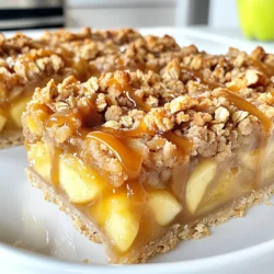 - 2 large apples (Granny Smith recommended) - 1 cup rolled oats - 1 cup all-purpose flour - 1/2 cup brown sugar - 1/2 cup unsalted butter, softened - 1/2 teaspoon cinnamon - 1/4 teaspoon nutmeg - 1/4 teaspoon salt - 1/2 cup caramel sauce - 1 tablespoon lemon juice - 1/4 cup chopped walnuts (optional) I choose Granny Smith apples for this recipe. Their tartness balances the sweet caramel. You will need two large apples, peeled, cored, and diced. Next, gather one cup of rolled oats. This adds a nice texture. You also need one cup of all-purpose flour. This creates a sturdy base for the bars. For sweetness, use half a cup of brown sugar. It gives a rich flavor. You will also need half a cup of unsalted butter that is softened. This helps blend everything well. Add half a teaspoon of cinnamon for warmth. A quarter teaspoon of nutmeg adds depth. You will also need a quarter teaspoon of salt to enhance the flavors. Do not forget the caramel sauce. You can use store-bought or homemade. Half a cup works best. Lastly, you can add one tablespoon of lemon juice to keep the apples fresh. If you want extra crunch, include a quarter cup of chopped walnuts. This is optional but tasty! 1. Preheat your oven to 350°F (175°C). This step is key for even baking. 2. Line an 8x8 inch baking dish with parchment paper. Leave some paper hanging over the sides. This will help you lift the bars out later. 1. In a mixing bowl, combine the diced apples with 1 tablespoon of lemon juice. 2. Add 2 tablespoons of brown sugar, 1/2 teaspoon of cinnamon, and 1/4 teaspoon of nutmeg. 3. Toss everything together until the apples are well coated. Set this mixture aside to let the flavors mix. 1. In another bowl, mix 1 cup of rolled oats, 1 cup of all-purpose flour, and 1/2 cup of brown sugar. 2. Add 1/4 teaspoon of salt and 1/2 cup of softened butter. Use your fingers or a fork to combine it until it looks crumbly. 3. Reserve 1/2 cup of this mixture for the topping. 4. Press the remaining mixture firmly into the bottom of the prepared baking dish. This will form the crust. 1. Layer the apple mixture evenly over the crust. 2. Drizzle 1/2 cup of caramel sauce generously over the apples. 3. Finally, sprinkle the reserved crumble mixture evenly on top of the caramel apples. If you like, add 1/4 cup of chopped walnuts for some crunch. 1. Place the dish in the oven and bake for about 25-30 minutes. 2. Watch for the top to turn golden brown and the apples to become tender. 1. Once baked, take the dish out of the oven. Let the bars cool completely in the pan. 2. Use the parchment paper to lift the bars out. Cut them into squares. 3. Enjoy your caramel apple crumble bars plain or with a scoop of ice cream on top! - Choosing the right apples for flavor balance: I like to use Granny Smith apples. They are tart and add a nice zing. You can also mix in some sweeter apples for balance. Try Fuji or Honeycrisp to get a great flavor combo. - Ensuring even crumble texture: When mixing the oats, flour, and butter, use your hands to blend. This helps create a nice, crumbly texture. Don’t over-mix; you want some clumps to form. This will give your bars a great crunch on top. - Ideas for pairing: Serve these bars warm with a scoop of vanilla ice cream. The cold ice cream melts into the warm bars, creating a delightful treat. You can also drizzle more caramel sauce on top for extra sweetness. - Presentation tips for gatherings: Cut the bars into neat squares and place them on a colorful plate. Add a sprinkle of chopped nuts on top for a nice touch. You can even dust them with a bit of powdered sugar for a fancy look. - Adding spices or extracts: Try adding a bit of vanilla extract to the apple mix. You can also add a pinch of ginger for warmth. Don’t be afraid to experiment with flavors that you love! - Using homemade caramel vs. store-bought: Homemade caramel sauce is rich and creamy. If you have time, I recommend making your own. If you’re short on time, store-bought works just fine. Just make sure it’s a good quality sauce for the best taste. {{image_2}} For those who need gluten-free options, use almond flour or gluten-free oats. These swaps keep the flavor while meeting dietary needs. You can also replace all-purpose flour with a gluten-free blend. If you want a vegan version, substitute unsalted butter with coconut oil or vegan butter. You can use a plant-based caramel sauce made from coconut milk and maple syrup. These choices maintain the rich taste without animal products. To enhance flavor, consider adding seasonal spices like ginger or cloves. These spices add warmth and depth to the bars. You can also mix in different nuts or dried fruits. Pecans or almonds add a nice crunch, while dried cranberries or raisins introduce sweetness. These bars make a great breakfast treat or snack. They pack well for lunch or a picnic. You can even turn them into a parfait. Layer crumbled bars with yogurt and fresh fruit for a fun twist. This way, you enjoy the same great taste in a new form! To keep your caramel apple crumble bars fresh, store them in the refrigerator. Use an airtight container. This helps prevent them from drying out. If you want to save some for later, freezing is a great option. Wrap each bar in plastic wrap. Then, place them in a freezer bag or airtight container. This keeps them tasty for months. When stored properly, the bars last about one week in the fridge. If you freeze them, they can stay good for up to three months. Check for signs of spoilage before eating. If they smell off or have mold, it's best to toss them. To reheat, use an oven or toaster oven. Preheat to 350°F (175°C). Place the bars on a baking sheet and cover them with foil. Heat for about 10 minutes. This keeps them soft and warm, just like fresh out of the oven. Enjoy your caramel apple crumble bars at their best! Yes, you can use different apples. Granny Smith apples are tart and crisp, which works well. Other good choices include Honeycrisp for sweetness or Fuji for a balanced flavor. Each type adds a unique taste to your bars. Absolutely! You can prepare these bars a day in advance. Just bake and cool them. Store them in the fridge, covered. This helps the flavors blend. You can enjoy them fresh when you’re ready! If you don't have caramel sauce, you can make your own. Melt sugar slowly in a pan until it turns golden. Add cream and butter for a rich flavor. You can also use maple syrup or chocolate sauce as tasty alternatives. To make these bars healthier, consider using whole grain flour instead of all-purpose flour. You can also reduce the sugar by half. Adding oats boosts fiber, making them more filling. These swaps keep your treats tasty and nutritious. If you don’t have an 8x8 dish, you can use a 9x9 dish. Just keep an eye on the baking time, as it may need a little less time. Alternatively, you can use two smaller dishes. Adjust the baking time accordingly so they cook evenly. This blog post covered how to make delicious apple bars. We discussed ingredients, step-by-step instructions, and tips for success. You learned how to prepare the filling and crust while adding useful variations. Storing tips ensure your bars stay fresh and tasty. Enjoy making these apple bars for any occasion. Share them with friends or family. Try different flavors to find your favorite. Create tasty desserts that everyone will love!