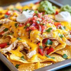 - 2 boneless, skinless chicken breasts, sliced - 1 red bell pepper, sliced - 1 yellow bell pepper, sliced - 1 medium onion, sliced - 1 bag (12 oz) tortilla chips - 2 cups shredded cheddar cheese - 1 cup black beans, drained and rinsed For this dish, you need chicken and colorful veggies. The chicken adds protein, while the bell peppers and onion bring flavor and texture. Tortilla chips serve as the base, making each bite crunchy. I love using a mix of red and yellow bell peppers. They add sweetness and a pop of color. - 2 tablespoons olive oil - 1 tablespoon taco seasoning - Salt and pepper to taste Olive oil helps the chicken and veggies cook evenly. Taco seasoning adds zest and warmth. Salt and pepper enhance all the flavors, making the dish tasty. I recommend measuring these carefully for the best results. - 1/2 cup pico de gallo - Sour cream - Guacamole These toppings make your nachos even better! Pico de gallo gives freshness, while sour cream and guacamole add creaminess. You can mix and match these toppings based on your taste. Feel free to get creative! First, preheat your oven to 400°F (200°C). This step is key for even cooking. Next, take a large bowl. In this bowl, mix the sliced chicken, red and yellow bell peppers, and onion. Drizzle in 2 tablespoons of olive oil. Add 1 tablespoon of taco seasoning, along with salt and pepper to taste. Toss all the ingredients together until they are well coated. Once mixed, spread the chicken and vegetable mix onto a sheet pan. Make sure to arrange it in a single layer. This helps everything cook nice and even. Now it’s time to assemble your nachos! Once the chicken and veggies are ready, remove the sheet pan from the oven. Scatter a bag of tortilla chips over the cooked chicken and veggies. Be sure to cover the pan well. Then, sprinkle 2 cups of shredded cheddar cheese and 1 cup of black beans evenly over the tortilla chips. This layer is where the magic happens! Return the sheet pan to the oven and bake for another 10 minutes. This will melt the cheese and make it bubbly. After 10 minutes, check to see if the cheese is melted and everything looks hot. When done, remove the sheet pan from the oven. Top your nachos with pico de gallo and fresh chopped cilantro for a burst of flavor. Enjoy your delicious creation! To ensure perfect chicken texture, start with fresh chicken breasts. Slice them thinly for quick cooking. Toss the chicken with olive oil and taco seasoning before baking. This adds flavor and keeps it moist. Bake the chicken and veggies at 400°F for about 20 minutes. Check that the chicken is no longer pink inside before serving. For crispy nachos, use sturdy tortilla chips. Layer them well over the chicken and veggies. Spread cheese and black beans evenly on top. Bake for an extra 10 minutes until the cheese is bubbly. This keeps the chips crunchy beneath the toppings. The best way to serve your nachos is right from the sheet pan. This makes it easy for everyone to dig in. For a fun touch, place extra cilantro and lime wedges around the dish. They add color and flavor. I recommend pairing these nachos with a fresh salad or some seasoned rice. Both sides complement the dish and add balance to your meal. If you want alternatives for chicken, try using cooked shredded beef or pork. These options add great flavor and work well with the toppings. For cheese, you can use Monterey Jack or pepper jack. Both melt nicely and add a different taste. If you're in the mood for something unique, try crumbled feta or goat cheese for a twist. {{image_2}} You can easily make a vegetarian version of these nachos. Just replace the chicken with black beans. Beans add protein and flavor. You can also add more veggies. Try corn, zucchini, or mushrooms. These choices bring great taste and color. If you like heat, add jalapeños to your nachos. Slice them thin and spread them over the top. You can also use spicy cheese blends. Pepper jack cheese works well. It melts nicely and adds a kick to every bite. Want to elevate your nachos? Add sliced avocado for creaminess. It balances the flavors and adds healthy fats. You can also use artisan tortilla chips. These chips are thicker and crunchier. They hold up better under all those toppings. To keep your nachos fresh, place them in an airtight container. This helps lock in flavor and moisture. Store the nachos in the fridge. They stay good for up to three days. If you notice they start to get soggy, that means it's time to eat them! To reheat your nachos, use an oven. Preheat it to 350°F (175°C). Spread the nachos on a baking sheet. Heat them for about 10 minutes or until warm. This method helps restore some crispiness. You can also use an air fryer for even better results. Just place them in the air fryer basket for 5 minutes at 350°F (175°C). Can you freeze nachos? Yes, but it’s best to freeze the toppings separately. This way, the chips don’t get soggy. Place the chicken and veggies in a freezer-safe bag. Store the tortilla chips in their original bag or a separate container. They can last in the freezer for up to three months. When ready to eat, thaw everything in the fridge overnight. Then, reheat according to the instructions above. Enjoy your nachos fresh and crispy! You can use several tasty alternatives for chicken. Here are some popular options: - Tofu: Firm tofu works well. Press it to remove extra moisture, then season and cook. - Ground beef: This adds a rich flavor. Cook it with the same seasonings as the chicken. - Turkey: Ground turkey is a lean option. Use it just like ground beef. - Shrimp: Quick to cook, shrimp adds a seafood twist. Season and sauté before adding to nachos. - Beans: For a vegetarian option, black or pinto beans are great. They add protein and flavor. Achieving crispy nachos is easy with a few simple tips: - Use fresh chips: Buy high-quality tortilla chips for the best crunch. - Don’t overload: Avoid piling on too many toppings. This keeps chips crispy. - Layer smartly: Start with a layer of chips. Then, add toppings, cheese, and more chips. - Bake at a high temp: Baking at 400°F (200°C) helps the cheese melt quickly without sogging the chips. - Serve right away: Nachos taste best straight from the oven. The longer they sit, the soggier they get. Yes, you can prep this dish ahead of time. Here’s how: - Prep chicken and veggies: Slice and season your chicken and vegetables. Store them in the fridge for up to 24 hours. - Assemble nachos: You can layer the chips and toppings on a sheet pan. Cover it and keep in the fridge. - Bake when ready: Just preheat your oven and bake for 20 minutes. Add cheese and bake again to melt. - Storage tips: If you have leftovers, store them in an airtight container. They last 3-4 days in the fridge. We covered a lot about making perfect nachos. You learned about the key ingredients like chicken, fajita veggies, and yummy toppings. I shared step-by-step instructions for cooking and serving. You also got tips for keeping nachos crispy and ideas for storage. Try out variations to match your taste. Whether you go spicy or vegetarian, there's a nacho for everyone. Enjoy your nacho-making journey and spice up your meals!