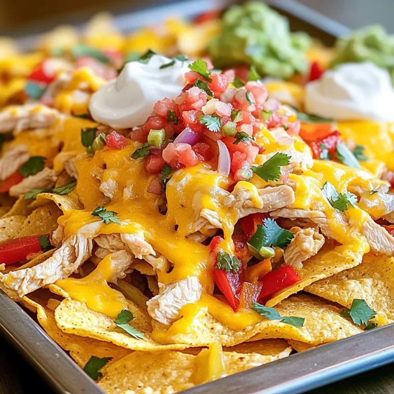 - 2 boneless, skinless chicken breasts, sliced - 1 red bell pepper, sliced - 1 yellow bell pepper, sliced - 1 medium onion, sliced - 1 bag (12 oz) tortilla chips - 2 cups shredded cheddar cheese - 1 cup black beans, drained and rinsed For this dish, you need chicken and colorful veggies. The chicken adds protein, while the bell peppers and onion bring flavor and texture. Tortilla chips serve as the base, making each bite crunchy. I love using a mix of red and yellow bell peppers. They add sweetness and a pop of color. - 2 tablespoons olive oil - 1 tablespoon taco seasoning - Salt and pepper to taste Olive oil helps the chicken and veggies cook evenly. Taco seasoning adds zest and warmth. Salt and pepper enhance all the flavors, making the dish tasty. I recommend measuring these carefully for the best results. - 1/2 cup pico de gallo - Sour cream - Guacamole These toppings make your nachos even better! Pico de gallo gives freshness, while sour cream and guacamole add creaminess. You can mix and match these toppings based on your taste. Feel free to get creative! First, preheat your oven to 400°F (200°C). This step is key for even cooking. Next, take a large bowl. In this bowl, mix the sliced chicken, red and yellow bell peppers, and onion. Drizzle in 2 tablespoons of olive oil. Add 1 tablespoon of taco seasoning, along with salt and pepper to taste. Toss all the ingredients together until they are well coated. Once mixed, spread the chicken and vegetable mix onto a sheet pan. Make sure to arrange it in a single layer. This helps everything cook nice and even. Now it’s time to assemble your nachos! Once the chicken and veggies are ready, remove the sheet pan from the oven. Scatter a bag of tortilla chips over the cooked chicken and veggies. Be sure to cover the pan well. Then, sprinkle 2 cups of shredded cheddar cheese and 1 cup of black beans evenly over the tortilla chips. This layer is where the magic happens! Return the sheet pan to the oven and bake for another 10 minutes. This will melt the cheese and make it bubbly. After 10 minutes, check to see if the cheese is melted and everything looks hot. When done, remove the sheet pan from the oven. Top your nachos with pico de gallo and fresh chopped cilantro for a burst of flavor. Enjoy your delicious creation! To ensure perfect chicken texture, start with fresh chicken breasts. Slice them thinly for quick cooking. Toss the chicken with olive oil and taco seasoning before baking. This adds flavor and keeps it moist. Bake the chicken and veggies at 400°F for about 20 minutes. Check that the chicken is no longer pink inside before serving. For crispy nachos, use sturdy tortilla chips. Layer them well over the chicken and veggies. Spread cheese and black beans evenly on top. Bake for an extra 10 minutes until the cheese is bubbly. This keeps the chips crunchy beneath the toppings. The best way to serve your nachos is right from the sheet pan. This makes it easy for everyone to dig in. For a fun touch, place extra cilantro and lime wedges around the dish. They add color and flavor. I recommend pairing these nachos with a fresh salad or some seasoned rice. Both sides complement the dish and add balance to your meal. If you want alternatives for chicken, try using cooked shredded beef or pork. These options add great flavor and work well with the toppings. For cheese, you can use Monterey Jack or pepper jack. Both melt nicely and add a different taste. If you're in the mood for something unique, try crumbled feta or goat cheese for a twist. {{image_2}} You can easily make a vegetarian version of these nachos. Just replace the chicken with black beans. Beans add protein and flavor. You can also add more veggies. Try corn, zucchini, or mushrooms. These choices bring great taste and color. If you like heat, add jalapeños to your nachos. Slice them thin and spread them over the top. You can also use spicy cheese blends. Pepper jack cheese works well. It melts nicely and adds a kick to every bite. Want to elevate your nachos? Add sliced avocado for creaminess. It balances the flavors and adds healthy fats. You can also use artisan tortilla chips. These chips are thicker and crunchier. They hold up better under all those toppings. To keep your nachos fresh, place them in an airtight container. This helps lock in flavor and moisture. Store the nachos in the fridge. They stay good for up to three days. If you notice they start to get soggy, that means it's time to eat them! To reheat your nachos, use an oven. Preheat it to 350°F (175°C). Spread the nachos on a baking sheet. Heat them for about 10 minutes or until warm. This method helps restore some crispiness. You can also use an air fryer for even better results. Just place them in the air fryer basket for 5 minutes at 350°F (175°C). Can you freeze nachos? Yes, but it’s best to freeze the toppings separately. This way, the chips don’t get soggy. Place the chicken and veggies in a freezer-safe bag. Store the tortilla chips in their original bag or a separate container. They can last in the freezer for up to three months. When ready to eat, thaw everything in the fridge overnight. Then, reheat according to the instructions above. Enjoy your nachos fresh and crispy! You can use several tasty alternatives for chicken. Here are some popular options: - Tofu: Firm tofu works well. Press it to remove extra moisture, then season and cook. - Ground beef: This adds a rich flavor. Cook it with the same seasonings as the chicken. - Turkey: Ground turkey is a lean option. Use it just like ground beef. - Shrimp: Quick to cook, shrimp adds a seafood twist. Season and sauté before adding to nachos. - Beans: For a vegetarian option, black or pinto beans are great. They add protein and flavor. Achieving crispy nachos is easy with a few simple tips: - Use fresh chips: Buy high-quality tortilla chips for the best crunch. - Don’t overload: Avoid piling on too many toppings. This keeps chips crispy. - Layer smartly: Start with a layer of chips. Then, add toppings, cheese, and more chips. - Bake at a high temp: Baking at 400°F (200°C) helps the cheese melt quickly without sogging the chips. - Serve right away: Nachos taste best straight from the oven. The longer they sit, the soggier they get. Yes, you can prep this dish ahead of time. Here’s how: - Prep chicken and veggies: Slice and season your chicken and vegetables. Store them in the fridge for up to 24 hours. - Assemble nachos: You can layer the chips and toppings on a sheet pan. Cover it and keep in the fridge. - Bake when ready: Just preheat your oven and bake for 20 minutes. Add cheese and bake again to melt. - Storage tips: If you have leftovers, store them in an airtight container. They last 3-4 days in the fridge. We covered a lot about making perfect nachos. You learned about the key ingredients like chicken, fajita veggies, and yummy toppings. I shared step-by-step instructions for cooking and serving. You also got tips for keeping nachos crispy and ideas for storage. Try out variations to match your taste. Whether you go spicy or vegetarian, there's a nacho for everyone. Enjoy your nacho-making journey and spice up your meals!