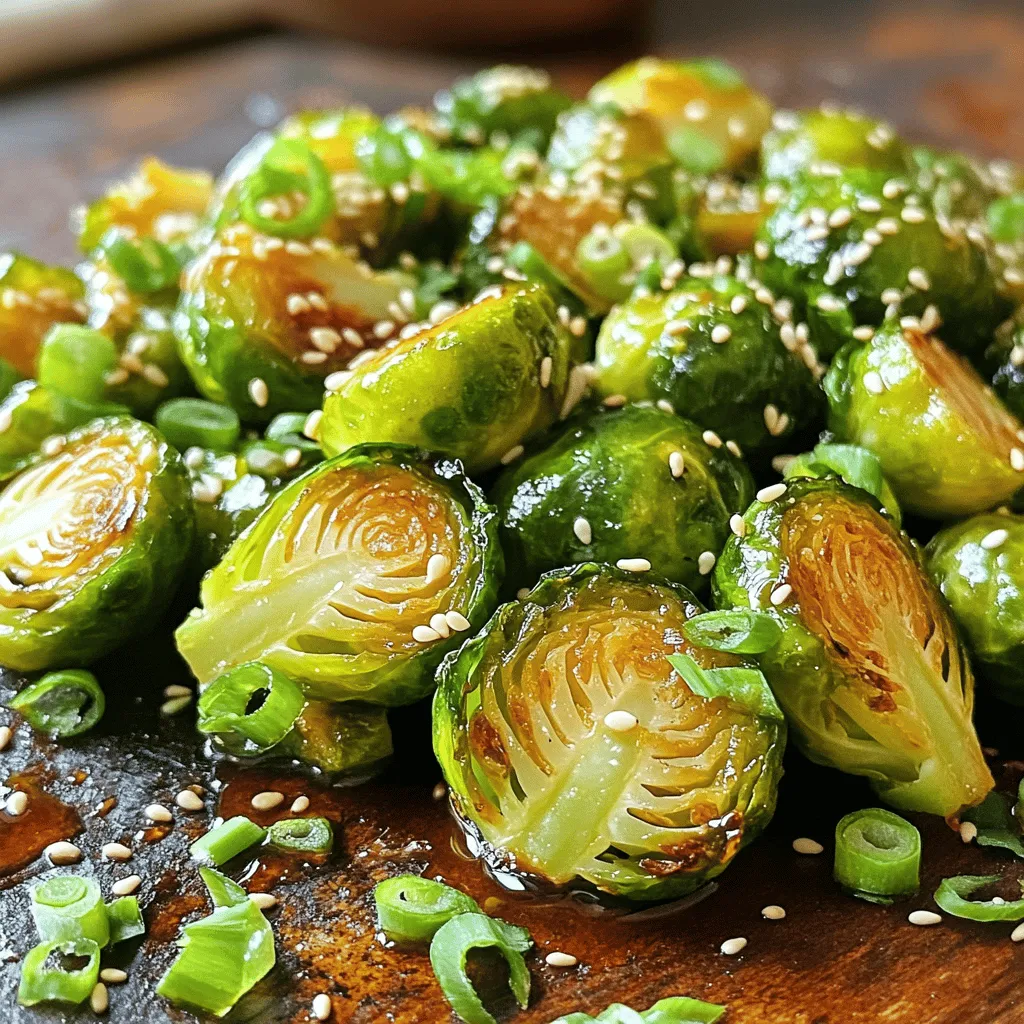 - 1 pound Brussels sprouts, trimmed and halved - 3 tablespoons olive oil - 4 cloves garlic, minced - 1 tablespoon honey - 1 tablespoon sriracha - 1 tablespoon soy sauce - Salt and pepper to taste - 1 teaspoon sesame seeds - Chopped green onions The main ingredients for Spicy Honey Garlic Brussels Sprouts include fresh Brussels sprouts, olive oil, garlic, and honey. These sprouts bring a great crunch and flavor. Olive oil gives them a nice golden hue when roasted. Minced garlic adds a strong taste, while honey balances the spice with sweetness. For sauces and seasoning, sriracha brings the heat. You can adjust the amount based on your taste. Soy sauce adds umami, which is rich and savory. You should also use salt and pepper to enhance the flavors in this dish. Lastly, garnish with sesame seeds and chopped green onions. They add a nice pop of color and extra crunch. The sesame seeds are nutty, while the green onions provide a fresh taste. Together, these ingredients create a delightful dish that is both spicy and sweet. First, set your oven to 400°F (200°C). This high heat helps the Brussels sprouts get crispy. Next, prepare a large baking sheet by lining it with parchment paper. This will make cleanup easy later on. Take 1 pound of Brussels sprouts and trim off the ends. Then, cut them in half to expose their inner goodness. In a large bowl, toss the halved sprouts with 3 tablespoons of olive oil. Make sure they are well coated. Season them with salt and pepper to taste. In a small bowl, combine 4 cloves of minced garlic, 1 tablespoon of honey, 1 tablespoon of sriracha, and 1 tablespoon of soy sauce. Whisk these ingredients together until they blend well. You want a smooth sauce that coats the sprouts nicely. Spread the coated Brussels sprouts in a single layer on your lined baking sheet. Proper spacing is key for even roasting. Place them in the oven and roast for 20 to 25 minutes. Stir them halfway through to ensure they cook evenly. They should turn crispy and caramelized. Once done, take the sprouts out of the oven. Add a sprinkle of sesame seeds and chopped green onions on top for extra flavor and a pop of color. Serve them hot as a tasty side dish or snack that everyone will love! To get crispy Brussels sprouts, preheat your oven to 400°F (200°C). This high heat helps them roast perfectly. Next, place the Brussels sprouts on the baking sheet with space in between. This spacing allows heat to circulate and gives them that nice crunch. When making the sauce, you can adjust the heat by adding more or less sriracha. If you like it spicier, go ahead and add more! Balancing sweetness with spice is key. The honey gives a nice sweetness that pairs well with the heat of the sriracha. Taste the sauce and tweak it to your liking. Fresh Brussels sprouts are the best choice. They have a better flavor and texture. If you use frozen ones, they might need a bit more cooking time. Thaw them first and dry them well to avoid sogginess. This way, your dish stays crispy and tasty! {{image_2}} You can switch up the spice level in your Brussels sprouts. If you want less heat, try using paprika or chili powder instead of sriracha. These options give a nice flavor without too much heat. If you want to kick it up a notch, add cayenne pepper or red pepper flakes. They bring extra heat and excitement to the dish. For more depth, consider adding smoked paprika, which adds a nice smoky flavor. If you don’t have honey, maple syrup works well too. It gives a sweet touch that pairs nicely with garlic. Other natural sweeteners can include agave nectar or coconut sugar. Each alternative adds its own unique taste. Just remember, the sweetness should balance the spice, so adjust to your liking. These spicy honey garlic Brussels sprouts shine on their own but pair well with proteins. Try serving them with grilled chicken or pan-seared salmon for a complete meal. You can also chop the roasted Brussels sprouts and mix them into a fresh salad. Add some nuts or cheese for texture. This twist makes a delightful side dish or a stand-alone meal. After you enjoy your spicy honey garlic Brussels sprouts, store any leftovers in the fridge. Place them in an airtight container. This keeps them fresh for up to four days. If you want to keep them longer, consider freezing them. When reheating, I recommend using the oven. Preheat your oven to 350°F (175°C). Spread the sprouts on a baking sheet. Heat them for about 10-15 minutes. This helps to keep them crispy and flavorful. You can also use a microwave if you’re in a hurry. Just heat them for 1-2 minutes, but be careful. Microwaving can make them soft. To freeze the sprouts, first, let them cool completely. Then, place them in a freezer-safe bag or container. Make sure to remove as much air as possible. Label the bag with the date. You can freeze them for up to three months. When you’re ready to eat them, thaw them in the fridge overnight before reheating. Yes, you can use frozen Brussels sprouts. Just thaw them first. You may need to adjust the cooking time. Frozen sprouts may take a bit longer to roast. Make sure they are fully dry before tossing them in oil. To reduce bitterness, try these tips: - Blanch the Brussels sprouts before cooking. Boil them for a few minutes, then cool them in ice water. - Use a sweetener like honey or maple syrup in the sauce. This helps balance the bitterness. - Roast at a high temperature to caramelize the sugars. This adds sweetness and flavor. If you need a sriracha substitute, consider these options: - Hot sauce in your pantry. Use it to taste. - Chili paste for a thicker texture. - Red pepper flakes for heat without the sauce. Leftovers will last about 3 to 4 days in the fridge. Store them in an airtight container. Reheat them in the oven or a skillet for the best taste and texture. Absolutely! This recipe is great for meal prep. You can roast a big batch and store them for the week. Just reheat when ready to eat. They pair well with many dishes, making them a versatile choice. This blog post covered a tasty Brussels sprout recipe. You learned about the main ingredients, like garlic and honey, and how to create the right sauce. We discussed tips for perfecting your sprouts and various ways to serve them. Brussels sprouts can be fun to cook! Using fresh sprouts helps with flavor. Remember, you can switch up the seasonings to match your taste. Enjoy experimenting with this dish!