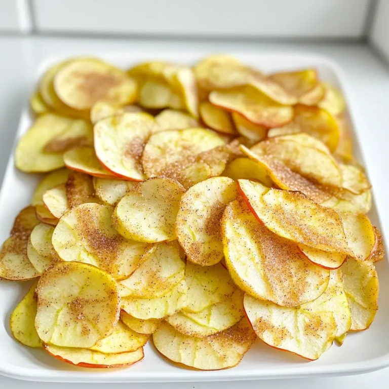- 2 large apples (Granny Smith or Honeycrisp) - 1 teaspoon ground cinnamon - 2 tablespoons granulated sugar - 1 teaspoon lemon juice - Pinch of salt You can switch apples for other types like Fuji or Gala. Each type brings its own taste. For sugar, try coconut sugar or stevia for a healthier option. These work well without changing the flavor much. Apples are full of vitamins and fiber. They help keep your heart healthy. Cinnamon is not just tasty; it also helps regulate blood sugar. It adds flavor and warmth to the chips, making them a perfect snack. Start by washing your apples. Rinse them well under cold water. Dry them with a clean towel. You want them free of moisture for the best results. Now, it’s time to slice the apples. You can use a sharp knife or a mandoline slicer. The mandoline will give you even thinner slices. Aim for about 1/8 inch thick. Keeping the skin on adds texture and flavor, so I recommend it. In a large bowl, mix the lemon juice, sugar, cinnamon, and a pinch of salt. Stir well until the sugar is evenly blended with the spices. This mixture adds great flavor to the apple slices. When you coat the apples, make sure every slice gets some of that mix. The even distribution is key to a tasty snack. Preheat your air fryer to 300°F (150°C) for five minutes. This step is important as it helps the chips cook evenly. Once preheated, lay the apple slices in a single layer in the basket. Avoid overlapping the slices; this ensures they fry well. Cook for 15 to 20 minutes. Flip the slices halfway through for even cooking. Watch them closely during the last few minutes. You want them crisp and golden brown, not burnt. After cooking, let the chips cool on a wire rack for about five minutes. They will get even crispier as they cool. For the best crispiness, slice your apples about 1/8 inch thick. This thinness helps them cook evenly. If they are too thick, they won’t get crisp. Use a sharp knife or a mandoline slicer for even slices. When cooking, keep a close watch on the time. Set your air fryer to 300°F (150°C). Cook the slices for 15 to 20 minutes. Flip them halfway to cook evenly. Check them often toward the end. They should turn golden brown and crisp. What if your chips are not crispy? If they come out soft, they might need more time. Cook in small batches to ensure air circulation. This helps them crisp up better. To avoid burning, keep an eye on the cooking time. If you notice some chips getting too dark, remove them early. You can always cook the rest a bit longer. Enjoy your apple chips with yogurt, oatmeal, or ice cream. They add a tasty crunch to these dishes. You can also use them in salads for a fun twist. Try adding them to desserts like pies or cakes. The sweet and spicy flavor pairs well with many treats. You can even crush them to use as a topping for desserts. {{image_2}} You can mix things up with different flavors. Try adding nutmeg for warmth. A sprinkle of cardamom can also add a lovely twist. Want something sweet? Use flavored sugars like vanilla. This simple change can elevate your apple chips to a new level. If you don’t have an air fryer, you can still enjoy these chips. To make them in a conventional oven, preheat it to 225°F (107°C). Spread the apple slices on a baking sheet lined with parchment paper. Cook for about 1 to 1.5 hours. Flip them halfway through for even crispiness. You can also use a dehydrator. Set it to 135°F (57°C) and dry the apple slices for 6 to 8 hours. This method retains more nutrients and gives you a chewy texture. Fall brings a great chance to get creative. Try adding pumpkin spice to the mixture. This will give your apple chips a cozy flavor that’s perfect for the season. For the holidays, think about adding dried cranberries or nuts. Sprinkle them on top of the chips after they cool. This will create a festive treat that looks as good as it tastes. To keep your apple chips fresh, use an airtight container. A glass jar or a zip-top bag works well. Store them in a cool, dry place. They stay tasty for about a week. If you want them to last longer, try keeping them in the fridge. This can help maintain their crunch and flavor. Spoiled apple chips can lose their taste and texture. If they feel soft or chewy, they are likely stale. Look for any signs of mold or unusual smells. If you see any of these signs, it's best to toss them out. To make your chips crispy again, you can use the air fryer. Heat it to 300°F (150°C). Place the chips in a single layer and cook for about 3-5 minutes. Keep an eye on them to avoid burning. Another method is to bake them in the oven. Set it to a low heat and check often. Enjoy your crispy apple chips once more! Yes, you can use other fruits! Here are some great options: - Pears: They offer a sweet flavor. - Bananas: Thin slices become crispy and sweet. - Pineapple: It adds a tropical twist. - Sweet potatoes: They give a savory crunch. Each fruit may need some adjustments in cooking time. Play around and find your favorite! You can use your oven instead! Here’s how: 1. Preheat your oven to 200°F (90°C). 2. Prepare the apple slices as before. 3. Line a baking sheet with parchment paper. 4. Arrange the apple slices in a single layer on the sheet. 5. Bake for about 1 hour, flipping halfway through. 6. Check for crispiness; bake longer if needed. This method takes more time, but the chips still taste great! Each serving of these apple chips has about: - Calories: 120 - Sugars: 10 grams - Fiber: 3 grams These chips are a healthy snack. They are low in calories and high in fiber! Enjoy guilt-free snacking! This blog post explored how to make delicious apple chips using simple ingredients. We discussed ingredient substitutions, preparation steps, and cooking in an air fryer. I shared tips to achieve perfect crispiness and ways to troubleshoot common issues. You can even try seasonal variations or store your chips for later. Remember, making these apple chips can be fun and rewarding. With a little practice, you'll enjoy healthy snacks that are both tasty and easy to prepare.
