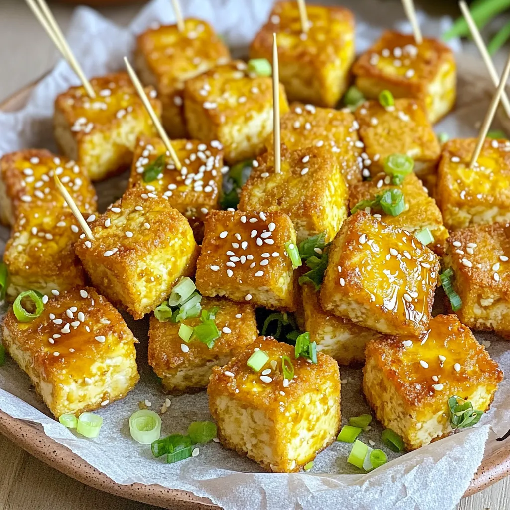 - 1 block (14 oz) firm tofu, pressed and cubed - 1/4 cup honey - 3 cloves garlic, minced - 2 tablespoons soy sauce (or tamari for gluten-free) - 1 tablespoon sesame oil - 1 teaspoon grated fresh ginger - Salt and pepper to taste The main star of this dish is firm tofu. It gives the nuggets a strong base. The honey and garlic bring sweet and savory flavors that make each bite tasty. Soy sauce adds depth, while sesame oil brings a nutty aroma. Ginger adds a hint of spice, making the marinade extra special. - 2 tablespoons cornstarch - 2 tablespoons olive oil - Sesame seeds for garnish - Chopped green onions for garnish To achieve that crunchy texture, we use cornstarch. It helps create a crispy layer on the outside. Olive oil adds richness and ensures even cooking. For a pretty finish, sprinkle sesame seeds and green onions on top. They add color and a nice bite to each nugget. Season with salt and pepper to enhance all the flavors. To make the best Air Fryer Honey Garlic Tofu Nuggets, start by pressing the tofu. This step is key. It helps remove excess moisture. You can use a tofu press or wrap the tofu in a clean towel. Place something heavy on top for about 30 minutes. This will make the tofu firmer. Once the tofu is pressed, cut it into cubes. Aim for bite-sized pieces. This size helps the tofu cook evenly and get that perfect crisp. Next, mix the marinade ingredients in a bowl. Combine the honey, minced garlic, soy sauce, sesame oil, grated ginger, salt, and pepper. Stir until it's well mixed. Add the cubed tofu to the bowl. Gently toss the tofu to coat each piece in the marinade. Let it soak for at least 20 minutes. The longer it marinates, the more flavor it will soak up. Before you start air frying, preheat your air fryer to 375°F (190°C). This step is important for even cooking. After marinating, sprinkle cornstarch over the tofu. Toss it again to coat each cube. This coating helps create a crispy texture in the air fryer. Place the tofu nuggets in a single layer in the air fryer basket. Avoid overcrowding; this helps them cook better. Lightly spray the tofu with cooking oil for extra crispiness. Cook the tofu nuggets for 15 to 18 minutes. Shake the basket halfway through to ensure even cooking. You want them to be golden brown and crispy. Once done, remove them from the fryer and drizzle with the remaining marinade for more flavor. To get crispy nuggets, you need to coat the tofu well. After marinating, sprinkle cornstarch on the tofu. This helps make the nuggets crunchy. Don't skip this step. The marinating time is key too. Let the tofu soak for at least 20 minutes. This allows the flavors to soak in, making your nuggets taste great. Air fryers can cook only so much at a time. If you overcrowd the basket, the nuggets won't cook evenly. It’s best to cook in small batches. This way, you get that perfect crunch every time. If needed, adjust the cook time slightly. Some air fryers may need a bit more time to get golden brown. For plating, use a nice platter lined with parchment paper. This not only looks good but also makes clean-up easy. Offer toothpicks for easy eating. For dips, sriracha adds a nice kick, while sweet chili sauce complements the honey well. You can also drizzle some extra marinade over the nuggets for added flavor. {{image_2}} If you're looking for vegan honey, try using maple syrup or agave nectar. Both options add sweetness and work well with the other flavors. For a gluten-free soy sauce, tamari is a great choice. It has a similar taste and keeps your dish safe for those with gluten sensitivities. You can spice things up by adding chili flakes or paprika to the marinade. This small change gives the nuggets a nice kick. Don’t be afraid to experiment with different marinades too. Try adding orange juice for a citrus twist or teriyaki sauce for a sweet-savory combo. To make a complete meal, pair these nuggets with some steamed broccoli or a fresh salad. For a fun twist, create a tofu bowl! Layer the nuggets over cooked rice or quinoa, then add sliced veggies and a drizzle of your favorite sauce. This makes for a colorful and tasty dish that everyone will love. After cooking your honey garlic tofu nuggets, let them cool. Store them in an airtight container. This will help keep them fresh. They last about 3 to 5 days in the fridge. Be sure to check for any signs of spoilage before eating. To reheat, use your air fryer. Set it to 350°F (175°C). This helps keep the nuggets crispy. Heat them for about 5 to 7 minutes. If you want to freeze them, place cooled nuggets in a freezer bag. They can last up to 3 months in the freezer. You can prepare the tofu nuggets ahead of time. This makes weeknight meals easy. Marinate the tofu and store it in the fridge. When you are ready, just air fry. Pair these nuggets with rice or veggies for a complete meal. You can also toss them in a salad for extra crunch and flavor. To press tofu, you need to remove excess moisture. Start by wrapping the tofu block in a clean kitchen towel. Place a heavy pan or a cast iron skillet on top. This helps squeeze out water. Let it sit for about 30 minutes. If you have time, press it longer for the best results. After pressing, cut it into cubes. The drier the tofu, the better it absorbs flavors later. Yes, you can prep the tofu nuggets ahead. Press and cube the tofu, then marinate it. Store the marinated tofu in the fridge for up to 24 hours. When ready to cook, coat the tofu with cornstarch and air fry. This method saves time on busy days and helps flavors deepen. Just keep in mind to cook it fresh for the best crunch. Honey garlic tofu goes well with many sauces. Try sweet chili sauce for a spicy kick. Sriracha adds heat and is a favorite. For a creamy option, use tahini sauce or a yogurt dip. You can also serve it with a soy sauce blend for extra umami. These dips enhance the flavor and make the meal more fun. This guide covered making honey garlic tofu, from ingredients to storage tips. You learned about key components like firm tofu, marinade, and crispy coatings. I shared steps for marinating and air frying, along with tips for texture and presentation. Don't forget to get creative with flavors and sauces. Store leftovers properly and consider meal prepping for easy dinners. Enjoy your tasty, homemade dish, and keep exploring new flavors!