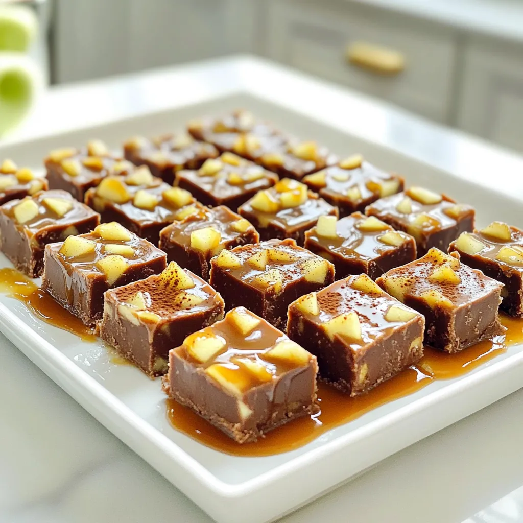 To make Caramel Apple Fudge, you need: - 2 cups granulated sugar - 1 cup heavy cream - 1/2 cup unsalted butter - 1 teaspoon vanilla extract - 1 1/2 cups chopped apples (preferably Granny Smith) - 2 teaspoons cinnamon - 1/2 cup chopped walnuts (optional) - 1 cup semi-sweet chocolate chips - 1/4 cup caramel sauce (for drizzling) These ingredients combine to create a sweet, creamy treat. Each one plays a key role in flavor and texture. If you don’t have certain ingredients, you can make swaps. Here are some easy ideas: - Granulated Sugar: You can use brown sugar for a deeper flavor. - Heavy Cream: Half-and-half works, but the fudge will be less rich. - Unsalted Butter: Margarine can replace butter if needed. - Chopped Apples: Any tart apple works well. Try Honeycrisp or Fuji for a twist. - Walnuts: Pecans or almonds can be used instead. These substitutions keep the fudge tasty and fun. Using different apples can change the fudge’s flavor. Here are some seasonal ideas: - Fall: Use Cortland apples for a sweet and tangy kick. - Winter: Try Fuji apples for a sweeter fudge. - Spring: Gala apples offer a soft texture and mild taste. - Summer: Mix in berries for a fruity twist. Experimenting with apples gives your fudge a new twist each season. First, grab an 8x8 inch baking dish. Line it with parchment paper. Let the paper hang over the edges. This makes it easy to lift the fudge out later. Set this aside while you cook the fudge. Now, take a heavy-bottomed saucepan. Add 2 cups of granulated sugar, 1 cup of heavy cream, and 1/2 cup of unsalted butter. Cook over medium heat. Stir constantly until it boils. This step is key for a smooth fudge. Once it boils, stop stirring. Let it boil for 5 minutes. Use a candy thermometer to check the temperature. Aim for 234°F (112°C). This is the soft ball stage. After boiling, remove the pan from heat. Stir in 1 teaspoon of vanilla extract. Next, add 1 1/2 cups of chopped Granny Smith apples. Sprinkle in 2 teaspoons of cinnamon. If you like nuts, toss in 1/2 cup of chopped walnuts. Mix everything well. Now, add 1 cup of semi-sweet chocolate chips. Stir until they melt and blend into the mixture. Quickly pour the fudge into your prepared dish. Spread it evenly across the bottom. Let it cool at room temperature for about 2 hours. Once set, lift it out with the parchment paper and cut it into squares. Drizzle with caramel sauce before serving. To make the best fudge, you need to focus on timing. Cook the mixture until it reaches the soft ball stage, which is 234°F. Use a candy thermometer for accuracy. Stir the fudge constantly until it boils, then stop stirring as it cooks. This step helps the fudge thicken properly. If it sets too soft, it won’t hold its shape. If it sets too hard, it will be tough to eat. One common mistake is not measuring the ingredients correctly. Use a kitchen scale or measuring cups for precision. Another mistake is stirring too much after boiling. Once the fudge reaches a boil, let it cook undisturbed. Lastly, don’t rush the cooling process. Allow it to set at room temperature instead of placing it in the fridge. This helps maintain a smooth texture. Serving your fudge nicely makes it even more enjoyable. Cut the fudge into neat squares using a sharp knife. Place the squares on a colorful platter. For a fun touch, drizzle caramel sauce on top right before serving. You can also sprinkle extra cinnamon or add apple slices around the fudge for a beautiful presentation. This makes your treat not just tasty but also visually appealing! {{image_2}} You can change up the fudge by adding different nuts or fruits. For a fun twist, try using pecans or almonds. These nuts add a nice crunch and flavor. You can also use dried fruits like cranberries or raisins. They give a sweet and chewy texture that pairs well with the creamy fudge. Want to make a vegan version of this fudge? You can use coconut cream instead of heavy cream. Replace the butter with a plant-based butter. Use dairy-free chocolate chips to keep it creamy. This way, everyone can enjoy the treat without dairy! Toppings can make your fudge even more fun. You can drizzle extra caramel sauce on top for more sweetness. Try adding a sprinkle of sea salt for a nice contrast. Crushed graham crackers or toffee bits can give an extra crunch. Get creative and make your fudge unique! To keep your caramel apple fudge fresh, store it in an airtight container. This helps to keep moisture out and preserves the flavor. Line the container with parchment paper for easy removal. Always place a piece of wax paper between layers of fudge to prevent sticking. When stored properly, caramel apple fudge can last up to two weeks at room temperature. If you keep it in the fridge, it may last a bit longer, up to three weeks. However, I recommend eating it within the first week for the best taste and texture. You can freeze caramel apple fudge for longer storage. Cut it into squares and wrap each piece in plastic wrap. Then, place them in a freezer-safe bag or container. This method helps to keep the fudge fresh for up to three months. When you're ready to enjoy it, let it thaw in the fridge overnight. Enjoy the sweet treat at your leisure! Yes, you can use dark chocolate or milk chocolate. Each will change the taste. Dark chocolate adds a rich flavor, while milk chocolate is sweeter. Just make sure to melt it well. I love using semi-sweet chocolate chips, but feel free to experiment based on your taste! To make caramel sauce, you will need sugar, butter, and cream. Start by heating sugar in a pan until it melts. Stir it until it turns golden brown. Then, add butter and cream slowly. Mix until it’s smooth. Let it cool before using. This sauce adds a lovely touch to many desserts. You can find caramel apple fudge at local candy shops or bakeries. Many grocery stores also sell fudge in their sweet sections. If you can't find it, consider making your own at home. It’s simple and fun! Plus, you can customize it to your liking. This blog covered all you need for making caramel apple fudge. You learned the ingredients, step-by-step instructions, and helpful tips. We explored variations and proper storage to keep your fudge fresh. Enjoy trying different flavors and toppings. With these tips, your fudge will impress friends and family. Dive into baking now, and have fun with your unique creations!