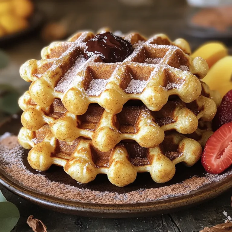 - 1 cup all-purpose flour - 1 tablespoon baking powder - 1/2 teaspoon salt - 1/2 teaspoon cinnamon - 1 tablespoon sugar - 1 cup milk - 1 large egg - 2 tablespoons melted butter - 1/2 cup sugar (for coating) - 2 tablespoons cinnamon (for coating) - 1 cup chocolate sauce (optional) To make cinnamon sugar churro waffles, gather all the ingredients first. This helps you stay organized. The flour serves as the base, while baking powder gives the waffles a nice rise. Salt and sugar add great flavor. You’ll need cinnamon for that classic churro taste. Milk brings moisture to the batter. The egg binds everything together, making your waffles fluffy. Melted butter adds richness, making each bite delicious. For the coating, mix sugar with cinnamon. This creates a sweet, crunchy outer layer. If you want to make it extra special, chocolate sauce is a perfect drizzle on top. Having all these ingredients ready makes cooking smooth and fun. You can adjust the amounts if you want to make more or fewer waffles. Enjoy the process and get ready for a tasty morning treat! 1. Preheat your waffle maker. Check the manual for the right settings. 2. In a large bowl, whisk together: - 1 cup all-purpose flour - 1 tablespoon baking powder - 1/2 teaspoon salt - 1/2 teaspoon cinnamon - 1 tablespoon sugar 3. In a separate bowl, mix: - 1 cup milk - 1 large egg - 2 tablespoons melted butter Stir until everything is well blended. 4. Pour the wet ingredients into the dry mix. Stir gently until just combined. A few lumps are fine. 1. Lightly grease the waffle maker with non-stick spray. This helps prevent sticking. 2. Pour enough batter to cover the bottom of the waffle maker. Close the lid and cook for about 5 minutes. Look for a golden brown color. 1. In a small bowl, mix together: - 1/2 cup sugar - 2 tablespoons cinnamon 2. Once the waffles are cooked, take them out carefully. Coat each waffle in the cinnamon-sugar mix. Place each waffle in the bowl and flip gently to cover. These steps will bring joy to your mornings! How to avoid overmixing To get the best churro waffles, mix your batter carefully. After adding wet ingredients to the dry ones, stir just until combined. A few lumps are fine. Overmixing makes your waffles tough. You want them light and fluffy. Achieving the ideal crispiness To get that perfect crispy texture, preheat your waffle maker well. Spray it lightly with non-stick spray. Pour in just enough batter to cover the bottom. Close the lid and cook until golden brown. If you follow these steps, your waffles will be deliciously crispy. Creative ways to present churro waffles Stack two or three waffles for a fun look. Drizzle chocolate sauce on top. You can also sprinkle extra cinnamon sugar over them. For a pop of color, add fresh fruit on the side. This adds freshness and makes your plate more appealing. Optional toppings to enhance flavor Get creative with toppings! Consider whipped cream or a scoop of ice cream. You can also use caramel sauce or even fruit compote. Each topping gives a new twist to your churro waffles. Enjoy mixing flavors that you love. {{image_2}} Gluten-free options You can use gluten-free flour instead of all-purpose flour. Look for a good blend that works for baking. This swap keeps the texture light and fluffy. Dairy-free alternatives For a dairy-free version, use almond milk or oat milk instead of regular milk. You can also replace the melted butter with coconut oil for a rich flavor. Adding chocolate chips to the batter Mix in half a cup of chocolate chips for a sweet surprise. The warm, melted chocolate adds a fun twist. It pairs well with cinnamon and sugar. Infusing other spices Try adding nutmeg or cardamom for a unique flavor. Just a pinch can change the taste. This makes your churro waffles even more special. You can experiment with different spices to create your favorite mix. To keep your churro waffles fresh, store them properly. If you plan to eat them within a few days, place them in the refrigerator. Use an airtight container or wrap them tightly in plastic wrap. This will help maintain their taste and texture. If you want to save them for later, freezing is the best option. Arrange the cooled waffles in a single layer on a baking sheet. Freeze them for about an hour. Once they are solid, transfer them to a freezer bag. Be sure to remove as much air as possible before sealing. This way, they stay fresh for up to three months. When it’s time to enjoy your churro waffles again, you want them crispy. The best way to reheat them is in a toaster or a toaster oven. Set it to medium heat and toast until they are warm and crisp. This usually takes about 3 to 5 minutes. You can also use an oven. Preheat it to 350°F (175°C). Place the waffles on a baking sheet for about 10 minutes. Check them to ensure they do not get too brown. Both methods will bring back that delightful crunch! To make churro waffles, mix dry ingredients in a bowl. Combine flour, baking powder, salt, cinnamon, and sugar. In another bowl, mix milk, egg, and melted butter. Pour the wet mix into the dry mix and stir gently. Grease the waffle maker, pour in the batter, and cook until golden. Coat with cinnamon-sugar after cooking. Yes, you can use a regular waffle maker. Just ensure it heats properly. Follow the same steps for pouring and cooking the batter. Adjust cooking time based on your device's settings. Chocolate sauce is a top choice. It adds richness and sweetness. You can also try caramel sauce or even a fruit compote. A light drizzle enhances the flavor. Yes, you can make the batter ahead of time. Store it in the fridge for up to 24 hours. Stir before using to combine any settled ingredients. This saves time for busy mornings. In this post, we explored how to make delicious churro waffles step by step. We covered the ingredients, preparation, cooking, and tasty coatings. Remember the tips for perfecting texture and creative serving ideas. You can also try variations for different diets or flavors. Lastly, I shared how to store and reheat your waffles. With these insights, you can create a tasty treat any time! Enjoy making churro waffles that impress everyone.