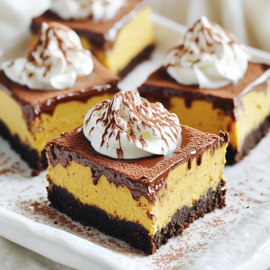 - 1 ½ cups graham cracker crumbs - ½ cup unsweetened cocoa powder - ½ cup unsalted butter, melted - 2 cups cream cheese, softened - 1 cup pumpkin puree - ¾ cup powdered sugar - ½ teaspoon vanilla extract - 1 teaspoon pumpkin pie spice - ½ cup semi-sweet chocolate chips, melted - ½ cup whipped cream - Cocoa powder for dusting In these Chocolate Pumpkin Cheesecake Bars, each ingredient plays a key role. The graham cracker crumbs give a crunchy base. Cocoa powder adds rich chocolate flavor. Unsalted butter helps bind the crust together. Cream cheese creates a creamy texture, while pumpkin puree brings warmth and moisture. For the additional ingredients, powdered sugar sweetens the filling just right. Vanilla extract adds a lovely aroma. Pumpkin pie spice gives that warm fall flavor we love. Semi-sweet chocolate chips, melted and mixed in, enhance the chocolate taste. Finally, whipped cream serves as a light topping, making it even more indulgent. You can also add a dusting of cocoa powder on top. This optional touch makes the bars look even more tempting. Each component works together to create a dessert that feels special. - First, take a medium bowl. Combine 1 ½ cups of graham cracker crumbs and ½ cup of unsweetened cocoa powder. - Next, pour in ½ cup of melted unsalted butter. Mix until the crumbs feel moist and crumbly. - Now, press this mixture firmly into the bottom of an 8x8 inch baking dish. Make sure to create an even layer. - Place the dish in the refrigerator for 15-20 minutes. This step helps the crust set. - In a large bowl, beat 2 cups of softened cream cheese until it’s smooth and creamy. - Then, add 1 cup of pumpkin puree, ¾ cup of powdered sugar, ½ teaspoon of vanilla extract, and 1 teaspoon of pumpkin pie spice. Mix until everything is well blended. - Gently fold in ½ cup of melted semi-sweet chocolate chips. This adds a rich flavor to the filling. - Pour the pumpkin cheesecake mixture over the chilled crust. Use a spatula to spread it evenly. - Cover the baking dish with plastic wrap. Refrigerate for at least 4 hours. This helps the cheesecake set completely. - Once it's set, remove it from the dish using the edges of the wrap. Cut into squares and serve. - Top each square with whipped cream. You can also dust with cocoa powder if you like. - Choosing the right graham crackers: Use plain graham crackers for the best flavor. They give a nice crunch and balance the chocolate. - Ensuring firm pressure when pressing: Press the crumbs down hard with your hands. This helps the crust hold together. A firm base keeps your bars from falling apart. - Tips for an even base: Use the bottom of a measuring cup to even out the surface. This creates a smooth layer for the filling. - Importance of softened cream cheese: Always use soft cream cheese. It mixes well and avoids lumps in your filling. Let it sit out for a bit before mixing. - Avoiding lumps in the mixture: Mix the cream cheese first until smooth. Then add the other ingredients slowly. This helps keep the texture creamy. - Mixing techniques for a creamy texture: Use a hand mixer or stand mixer. Beat on low speed to start, then increase to medium. This helps achieve a light and fluffy filling. - Creative plating ideas: Cut the bars into fun shapes. You can drizzle chocolate on the plate. This adds flair to your dessert. - Pairing desserts with beverages: Serve these bars with a nice cup of coffee or hot chocolate. The flavors blend perfectly. - Storing leftovers: Keep any uneaten bars in an airtight container. They stay fresh in the fridge for up to five days. {{image_2}} You can easily change the taste of these bars. Adding spices like cinnamon or nutmeg gives warmth. These spices make the bars cozy and perfect for fall. Using different types of chocolate can also change the flavor. You might try dark chocolate for a richer taste. You can even swap pumpkin for other purees. Sweet potato or butternut squash work well. This keeps the treat fresh and fun. If you want gluten-free options, use gluten-free graham crackers. They work just as well in the crust. For vegan alternatives, swap out cream cheese for cashew cream. Use coconut cream for a rich, dairy-free topping. To lower sugar, try using a sugar substitute. This keeps the dessert sweet without the extra calories. These options make the bars fit many diets. You can create themed variations for any holiday. Add peppermint extract for winter treats. For Halloween, use spooky-shaped toppings or colored whipped cream. Seasonal toppings can enhance the look too. Think fresh berries in spring or caramel sauce in autumn. Kid-friendly versions can include fun sprinkles or chocolate chips. These small changes make the bars exciting for everyone. To store your chocolate pumpkin cheesecake bars, place them in the fridge. Use an airtight container or wrap them tightly in plastic wrap. This keeps them fresh and prevents them from absorbing other smells. They will last about 5 days in the fridge. After that, they may start to lose their flavor and texture. Yes, you can freeze these bars! To freeze, cut them into squares first. Wrap each square in plastic wrap and then place them in a freezer bag. This helps keep them fresh. They can stay in the freezer for up to 3 months. When you're ready to enjoy them, thaw the squares in the fridge overnight. This keeps the texture nice. To keep your bars fresh, cover them well. You can use plastic wrap or a lid. This prevents air from drying them out. Look for signs of spoilage, like a change in smell or texture. If they feel hard or crumbly, it’s time to toss them. Keeping an eye on these details helps you enjoy your treats longer! To cut no-bake cheesecake bars neatly, chill them well. A cold bar holds its shape better. Use a sharp knife dipped in hot water for clean cuts. Wipe the knife after each cut to keep edges smooth. This method helps you get those perfect square pieces. Yes, you can switch the crust. Try a cookie crust made from Oreos or gingersnaps. You can also use nut-based crusts like almond or pecan for a gluten-free option. If you want a sweeter crust, add sugar to the mix. Each type of crust gives a unique flavor and texture. To make these bars gluten-free, use gluten-free graham crackers or almond flour. Many brands offer gluten-free options now. Ensure the chocolate chips are gluten-free, too. Brands like Enjoy Life and Lily's are great choices. Substituting these ingredients will help you enjoy the bars worry-free. This blog post covered how to make a delicious pumpkin cheesecake. We explored the main and additional ingredients needed, such as graham cracker crumbs and pumpkin puree. I shared step-by-step instructions, tips for the perfect crust, and creative variations. Storing options and FAQs answered common questions about cutting and adapting recipes. By using these tips and ideas, you can create an amazing dessert that everyone will love. Enjoy this tasty treat, and remember, the best part is sharing it with others.