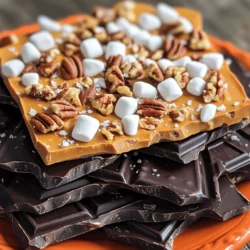 - 2 cups dark chocolate chips - 1 cup white chocolate chips - 1 cup pumpkin puree For this delightful treat, we start with dark chocolate chips. They give a rich base. Next, we use white chocolate chips. They add sweetness and creaminess. Lastly, we have pumpkin puree. It brings that classic fall flavor. - 1 teaspoon pumpkin spice - 1/2 teaspoon vanilla extract Pumpkin spice is key for that warm, cozy taste. It blends perfectly with the chocolate. We also add vanilla extract. It enhances the flavors and makes everything taste better. - 1/4 cup chopped pecans or walnuts - 1/4 cup mini marshmallows - Sea salt for garnish For extra crunch, consider adding chopped pecans or walnuts. They give a nice bite. Mini marshmallows can add a fun, chewy texture. Lastly, sprinkle a bit of sea salt on top. It balances the sweetness and adds a nice touch. Start by getting a baking sheet. Line it with parchment paper. Make sure the paper hangs over the edges. This helps with easy removal later. Grab a microwave-safe bowl. Add the dark chocolate chips. Heat in the microwave for 30 seconds. Stir the chocolate. Repeat this until it is smooth and melted. In another bowl, mix white chocolate chips and pumpkin puree. Add the pumpkin spice and vanilla extract. Melt this mix in the microwave, just like you did with the dark chocolate. Stir until it is smooth. Take the melted dark chocolate and pour it onto the baking sheet. Spread it evenly with a spatula. Let it cool in the fridge for about 10-15 minutes. Once it firms up a bit, pour the pumpkin spice layer on top. Use the spatula to spread it evenly. This is where it gets fun! Sprinkle chopped pecans or walnuts on top. If you like, add mini marshmallows too. Press them down gently into the chocolate so they stick. Now, you need to let the bark set. Put the baking sheet back in the fridge. Leave it there for 30-45 minutes. This helps the chocolate firm up nicely. Once it’s set, use the parchment paper to lift it out. Break it into pieces and enjoy! Refrigeration is key for the right texture. After spreading the dark chocolate, chill it for 10-15 minutes. This helps it firm up before adding the pumpkin layer. If you skip this step, the layers may mix. To ensure a smooth layer, use an offset spatula. Start at the center and push outwards. This method creates a nice, even coat. If you want a clean edge, use the spatula to gently press against the sides. Presentation makes your bark stand out. Arrange the pieces on a fun platter. You can sprinkle extra sea salt on top for flair. For a treat bag, place small pieces in candy cups. These small touches will wow your guests! {{image_2}} You can make this bark healthier with a few easy swaps. - Using dark chocolate alternatives: If you want a richer taste, try using 70% dark chocolate. It has less sugar and more flavor. - Adding dried fruit or seeds: Toss in some dried cranberries or sunflower seeds. They add great texture and nutrition. To give your bark a festive vibe, play with spices. - Incorporating other spices like cinnamon or nutmeg: These spices bring warmth and a cozy feel. Add about a half teaspoon to your pumpkin spice layer. Enhance the taste with simple additions. - Adding flavored extracts or zest of citrus: A splash of orange or lemon zest brings brightness. You can also try almond or maple extract for a unique twist. To keep your no-bake pumpkin spice chocolate bark fresh, use airtight containers. Glass or plastic containers with tight lids work well. You can also use resealable bags if you want to save space. Make sure to layer the bark with parchment paper to avoid sticking. You can store the bark in the fridge for up to two weeks. It will stay tasty and fresh during this time. Just remember to keep it in an airtight container. If you notice any changes in taste or smell, it’s best to discard it. Yes, you can freeze the bark! Cut it into pieces and store them in an airtight container. It can last up to three months in the freezer. When you want to enjoy it, take it out and let it thaw in the fridge for a few hours. This keeps the texture nice and creamy. For this recipe, I love using dark and white chocolate. Dark chocolate gives a rich taste. It balances well with the sweet pumpkin layer. White chocolate adds creaminess and sweetness. You can mix these two for a great flavor. If you prefer just one type, go ahead! Use what you like best. Yes, you can use canned pumpkin. It is easy and saves time. Canned pumpkin is smooth and has great flavor. If you want to use fresh pumpkin, just cook and mash it first. Either way, you get that delicious pumpkin taste in your bark. Yes, this recipe is gluten-free! All the ingredients used are safe for those who avoid gluten. Just double-check your chocolate brands to ensure they are gluten-free. Enjoy this treat without worry! To make it more festive, you can add fun toppings. Try crushed candy canes for a holiday twist. You can also use colored sprinkles. These will brighten up your bark. Serve it on a seasonal platter to impress your guests. This blog post shared all you need to know about making delicious pumpkin bark. We covered the main ingredients like dark and white chocolate and pumpkin puree. You learned about flavor enhancers, optional add-ins, and step-by-step instructions. Remember, proper refrigeration and creative toppings can make your bark shine. As you play with variations and storage, have fun experimenting with flavors. This treat is perfect for sharing or enjoying yourself. Dive in, create, and enjoy every bite!