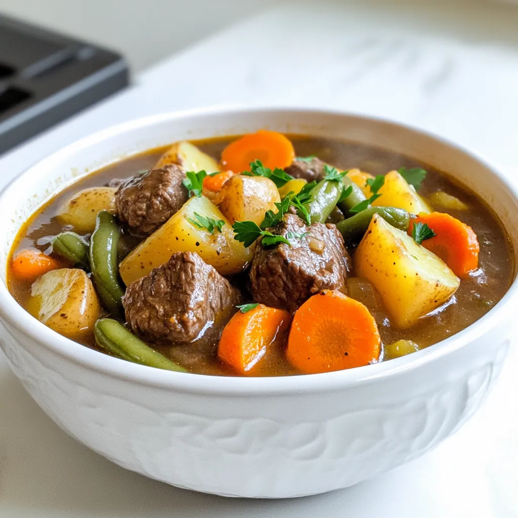 - 2 lbs beef chuck, cut into 1-inch cubes - 4 medium carrots, sliced - 3 potatoes, diced - 2 stalks celery, chopped - 1 large onion, chopped - 3 cloves garlic, minced - 4 cups beef broth - 1 can (14 oz) diced tomatoes, undrained - 1 cup green beans, trimmed and cut into 1-inch pieces - 2 teaspoons dried thyme - 1 teaspoon smoked paprika - 1 teaspoon salt - ½ teaspoon black pepper - 2 tablespoons olive oil - 1 tablespoon Worcestershire sauce - 1 bay leaf You can swap beef chuck for stew meat or brisket if needed. If you want a lighter stew, use chicken instead. For a vegetarian option, use mushrooms or lentils. Instead of carrots, try parsnips for a sweet twist. You can replace beef broth with vegetable broth for a lighter flavor. If you don’t have fresh herbs, dried herbs work too, just use less. When buying beef, look for bright red color and little fat. Choose firm and smooth potatoes. For carrots, pick ones that feel heavy and have a rich color. Celery should be crisp and green, while onions must be firm and dry. Choose garlic that is plump and free of spots. Fresh green beans should snap easily. Always check the expiry date on canned goods for freshness. Start with 2 lbs of beef chuck. Cut it into 1-inch cubes. This size helps the beef cook evenly. Heat 2 tablespoons of olive oil in a skillet over medium-high heat. Season the beef with 1 teaspoon of salt and ½ teaspoon of black pepper. Sear the beef cubes in batches until they are brown on all sides. This step adds great flavor. Use a slotted spoon to transfer the beef to your slow cooker. Now, it's time to layer the veggies. Add the seared beef to the slow cooker. Next, slice and add 4 medium carrots, dice 3 potatoes, and chop 2 stalks of celery. Then, chop 1 large onion and mince 3 cloves of garlic. Stir all these ingredients together in the slow cooker. Next, pour in 4 cups of beef broth and 1 can of diced tomatoes (14 oz), undrained. Ensure all the ingredients are covered. Add 1 tablespoon of Worcestershire sauce, 2 teaspoons of dried thyme, 1 teaspoon of smoked paprika, and 1 bay leaf. These spices enhance the stew's flavor. Cover your slow cooker and set it to cook. You can choose to cook on low for 8 hours or on high for 4 hours. The beef needs to be tender when done. In the last hour of cooking, add 1 cup of trimmed and cut green beans. This keeps them crisp and fresh. Once finished, taste the stew and adjust the seasoning with more salt or pepper as needed. Don’t forget to remove the bay leaf before serving. Enjoy your hearty stew! Searing beef is key for great flavor. Start with a hot skillet. Use medium-high heat and add olive oil. Make sure to season the beef with salt and pepper before you cook it. This step helps seal in the juices. Cook the beef in small batches, so it browns well. Don’t overcrowd the pan. Each piece needs space to sear properly. You want that nice brown crust on all sides. This will give your stew a rich taste. To make the stew even tastier, consider these tips. First, use fresh herbs if you can. They add a lively flavor. Next, add a splash of red wine before cooking. This gives depth to the dish. You can also try adding a tablespoon of tomato paste. This thickens the stew and boosts the tomato flavor. Finally, adjust the seasoning at the end of cooking. Taste the stew and add more salt or pepper if needed. This ensures every bite is delicious. If your stew is too thin, don’t worry. There are easy ways to thicken it. One method is to mix a tablespoon of cornstarch with cold water. Stir this mixture into the stew and let it cook for 15 more minutes. Another option is to mash some of the potatoes in the stew. This adds creaminess and body. You can also let the stew cook uncovered for the last hour. This helps some of the liquid evaporate, making it thicker. {{image_2}} You can make a tasty vegetarian stew by swapping out beef for hearty veggies. Use mushrooms for a meaty texture. Add lentils for protein and fiber. Replace beef broth with vegetable broth for a rich taste. Carrots, potatoes, and celery still work well. Toss in some peas for sweetness. This version is filling and healthy. Feel free to get creative with your veggie choices. You can add: - Zucchini, sliced into half-moons - Bell peppers, diced for color - Sweet corn, fresh or frozen - Butternut squash, cubed for sweetness - Spinach or kale, added at the end These veggies not only add flavor but also boost nutrients. Adjust cooking times for softer veggies. Spices can change the stew's whole vibe. Here are some ideas: - Add red pepper flakes for heat. - Stir in fresh herbs like rosemary or parsley. - Use curry powder for a warm twist. - Try a splash of red wine for depth. - Replace smoked paprika with regular paprika for a milder flavor. Experiment and find the mix you love best. Each change can create a new favorite dish! To store your beef vegetable stew, let it cool first. Use an airtight container. You can keep it in the fridge for about 3 to 4 days. Make sure to label the container with the date. This way, you know when to eat it. If you want to freeze the stew, pour it into a freezer-safe container. Leave some space at the top for expansion. The stew will stay good for about 3 months in the freezer. When you're ready to use it, just take it out and let it thaw in the fridge overnight. When reheating, use a pot on the stove over medium heat. Stir the stew often to heat it evenly. You can also use a microwave. Put it in a microwave-safe bowl and cover it with a lid. Heat in short bursts, stirring in between. Add a splash of broth if it seems too thick. You can store Slow Cooker Beef Vegetable Stew in the fridge for up to four days. Make sure to keep it in an airtight container. If you want to keep it longer, freeze it. In the freezer, it stays good for up to three months. Just thaw it in the fridge overnight before reheating. Yes, you can make this stew in an Instant Pot. Start by using the sauté function to sear the beef, just like in the slow cooker. Then, add all the other ingredients. Seal the lid and cook on high pressure for about 35 minutes. Let the pressure release naturally for best results. This method saves time and gives you a tasty stew. Beef Vegetable Stew goes well with many sides. Here are some great options: - Crusty bread for dipping - A fresh green salad - Mashed potatoes for a creamy touch - Rice or quinoa for a hearty base Each of these sides enhances the meal and makes it even more satisfying. Enjoy your hearty dish! This blog post covered how to make delicious slow cooker beef vegetable stew. We explored key ingredients, helpful tips for selecting fresh items, and how to prepare your beef. You learned step-by-step instructions for cooking, plus tips for enhancing flavor and adjusting the stew's thickness. We also discussed variations for veggie lovers and how to store leftovers. With these insights, you can create a satisfying meal that fits your taste. Enjoy making this stew and share it with friends and family!