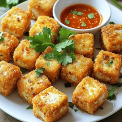- 14 oz firm tofu, drained and pressed - 3 tablespoons cornstarch - 1 tablespoon garlic powder - 1 tablespoon onion powder - 1 teaspoon smoked paprika - 1 teaspoon salt - 1/2 teaspoon black pepper - 2 tablespoons soy sauce - 2 tablespoons sesame oil For this dish, I recommend using firm tofu. It holds its shape well and crisps up nicely in the air fryer. Press your tofu to remove excess water. This helps the tofu soak up flavors better. Next, we need the seasoning mix. Combine cornstarch with garlic powder, onion powder, smoked paprika, salt, and black pepper. This mix gives the tofu its crispy coating and bold flavor. Lastly, we need oils and sauces. Soy sauce adds a savory touch, while sesame oil brings a nutty flavor. Together, they enhance the taste of the tofu. - Fresh parsley for garnish - Sweet chili sauce or soy sauce for dipping For garnish, you can use fresh parsley. It adds a pop of color and a hint of freshness. For dipping, consider sweet chili sauce or soy sauce. Both pair well with the crispy tofu bites. Enjoy the crunch and dip them for extra flavor! First, preheat your air fryer to 380°F (193°C). This step helps the tofu cook evenly. Give it about 5 minutes to warm up properly. Next, drain and press the firm tofu. This removes excess water. Cut the tofu into bite-sized cubes, about 1 inch each. Place the cubes in a mixing bowl. Drizzle 2 tablespoons of soy sauce and 2 tablespoons of sesame oil over the tofu. Toss gently to coat each piece. This adds great flavor. In a small bowl, mix together the dry ingredients: - 3 tablespoons cornstarch - 1 tablespoon garlic powder - 1 tablespoon onion powder - 1 teaspoon smoked paprika - 1 teaspoon salt - 1/2 teaspoon black pepper Sprinkle this mixture over the tofu. Toss again until every piece has a nice coat. This will help make them crispy. Now, arrange the coated tofu cubes in a single layer in the air fryer basket. Make sure they do not touch. This is key for getting that perfect crispiness. Set the cooking time for 15-20 minutes at the same temperature. Remember to shake the basket halfway through. This ensures even cooking. The tofu should turn a lovely golden brown and become crispy. After cooking, carefully remove the tofu bites and place them on a serving plate. Garnish with fresh parsley for color. Enjoy your crispy garlic tofu bites! To get that perfect crispiness, do not overcrowd the basket. If the tofu pieces touch, they will steam instead of crisp. This makes them less crunchy. Instead, cook in batches if you have a lot of tofu. Each piece needs space to cook evenly. Also, adjust the time based on your air fryer model. Some air fryers cook faster than others. Start with 15 minutes and check for golden brown color. If they need more time, add a few minutes at a time. To add more flavor, try adding extra seasonings. You can use cayenne for heat or Italian herbs for a twist. A pinch of cumin or curry powder also works well. Mix in what you like. For more flavor, consider marinating the tofu. Let it soak in soy sauce and sesame oil for at least 30 minutes before cooking. This gives the tofu a deeper taste. You can even add garlic or ginger to the marinade for extra zing. {{image_2}} You can change these crispy garlic tofu bites to fit your taste. For a spicy kick, add chili powder. This will give your tofu bites a nice heat. Just mix in about a teaspoon of chili powder with the other seasonings. You can start small and add more if you like it spicier. Another option is to make Italian herb-infused tofu bites. Use dried herbs like oregano, basil, and thyme. You can mix two teaspoons of these herbs into your seasoning mix. This will give your tofu a fresh and fragrant flavor that pairs well with pasta or salads. These crispy garlic tofu bites work well with many dishes. You can serve them with a fresh salad or a warm rice dish. They add a nice crunch and protein to your meal. Try tossing them in a bowl of mixed greens or serving them on top of rice with veggies. Don’t forget about dipping sauces! Sweet chili sauce is a perfect match for these bites. You can also use soy sauce for a classic taste. Try mixing soy sauce with a little honey or sesame oil for a twist. These sauces will enhance the flavor and make your meal even more enjoyable. To keep your crispy garlic tofu bites fresh, follow these tips: - Refrigeration: Place the tofu in the fridge within two hours of cooking. This helps prevent spoilage. - Container Recommendations: Use an airtight container to store your tofu. Glass or plastic containers work well. Layer parchment paper between layers if stacking to keep them crispy. To enjoy your leftovers without losing crispiness, here’s how to reheat them: - How to Reheat for Retained Crispiness: Preheat your air fryer to 350°F (175°C). Place the tofu bites in a single layer and reheat for about 5-7 minutes. This will help them regain their crisp texture. - Avoiding Sogginess When Reheating: Avoid using the microwave, as it can make the tofu soggy. Stick to the air fryer or a conventional oven for the best results. Yes, you can use different types of tofu. Firm tofu works best for this recipe. It holds its shape well and gets crispy. Extra-firm tofu is also a great choice. It has less water and will crisp up nicely. Soft tofu is not ideal because it may fall apart during cooking. To prevent sticking, oil the air fryer basket lightly. Use a spray bottle for even coverage. You can also coat the tofu cubes with a bit of oil before cooking. Make sure to arrange the tofu in a single layer. Do not overcrowd the basket; this helps all sides get crisp. Crispy garlic tofu bites pair well with many sides. Here are some ideas: - Steamed rice or quinoa for a filling meal. - A fresh salad for a light and healthy option. - Roasted vegetables for added flavor and nutrients. - Dipping sauces like sweet chili sauce or soy sauce for extra taste. In this post, we explored how to make crispy garlic tofu bites. We covered essential ingredients and how to prepare your air fryer. You learned tips for achieving the perfect crispiness and flavor enhancements. We also looked at different flavor variations and storage tips to keep leftovers fresh. Tofu is a versatile ingredient, and with these methods, you can prepare tasty dishes. Try out these techniques to enjoy your tofu bites. You will love the crunch and flavor!