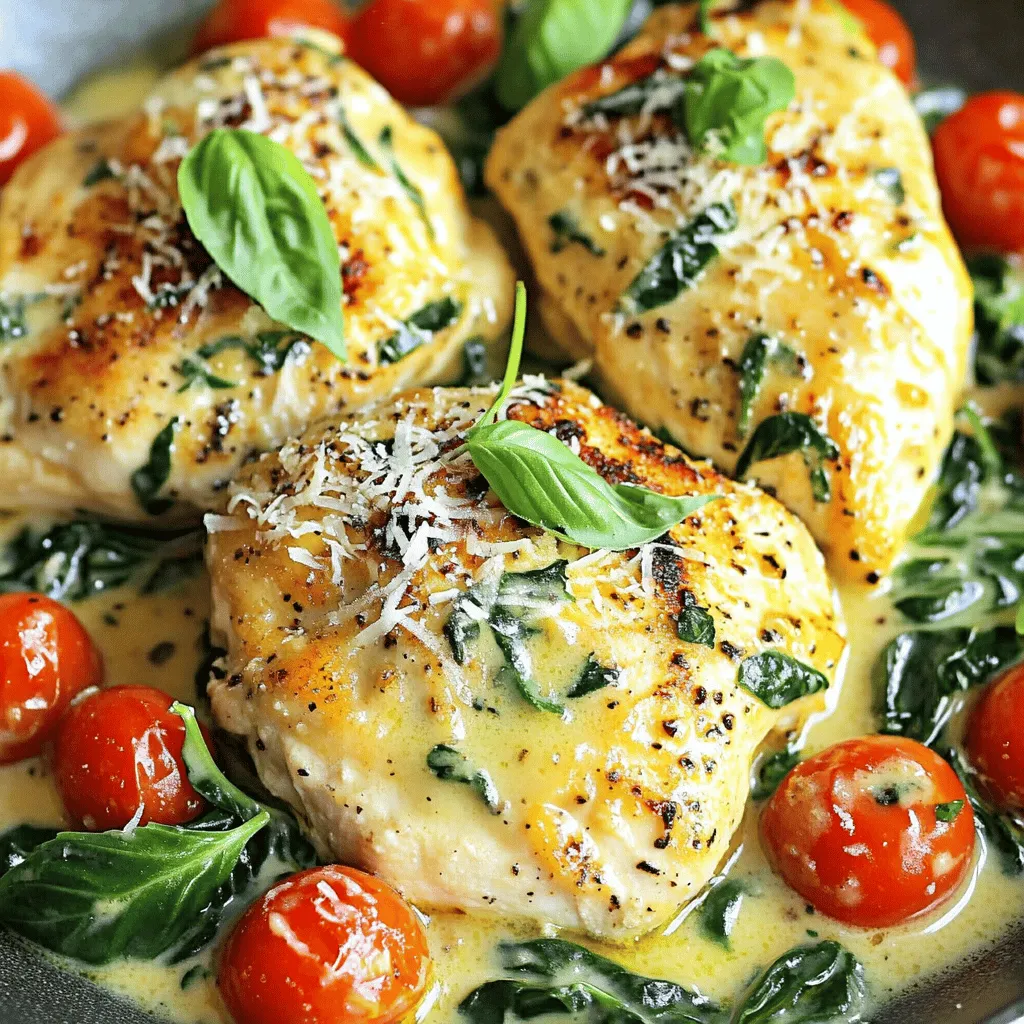 To make Creamy Garlic Tuscan Chicken, you need a few simple ingredients. Here is the list: - 4 boneless, skinless chicken breasts - 2 tablespoons olive oil - 4 cloves garlic, minced - 1 cup cherry tomatoes, halved - 1 cup fresh spinach leaves - 1 cup heavy cream - 1/2 cup grated Parmesan cheese - 1 teaspoon Italian seasoning - Salt and pepper to taste - Fresh basil leaves for garnish Each ingredient plays a key role in creating the creamy, rich flavor you will love. The chicken provides protein and a nice base. Olive oil helps sear the chicken and adds good fat. Garlic brings a punch of flavor that makes this dish special. Cherry tomatoes add sweetness and a splash of color. Fresh spinach gives it a healthy twist while adding a nice green touch. Heavy cream makes the sauce creamy and rich, while Parmesan cheese adds a salty bite. Italian seasoning ties all the flavors together. Lastly, salt and pepper enhance the taste, and fresh basil leaves make it look beautiful. Feel free to swap in your favorite ingredients if you want to make it your own. Enjoy the process and let your kitchen come alive with these fresh flavors! Seasoning the chicken Start by seasoning the chicken breasts. Use salt, pepper, and Italian seasoning. Make sure to cover both sides. This adds flavor to the chicken. Searing process Heat two tablespoons of olive oil in a large skillet. Set the heat to medium-high. Place the seasoned chicken in the skillet. Cook for about 6-7 minutes on each side. The chicken should turn golden brown and be fully cooked. Remove the chicken from the skillet and set it aside. Sautéing garlic In the same skillet, lower the heat to medium. Add four minced garlic cloves. Sauté for about one minute. This will make your kitchen smell amazing! Adding cherry tomatoes Next, add one cup of halved cherry tomatoes. Cook them for about 3-4 minutes. They should start to soften and release their juices. This will enhance the flavor of your dish. Incorporating heavy cream Pour in one cup of heavy cream. Bring the mixture to a simmer. This will create a rich and creamy base for your sauce. Adding Parmesan cheese Stir in half a cup of grated Parmesan cheese. Keep stirring until it melts smoothly into the cream. This will add a lovely cheesy flavor. Cooking spinach Add one cup of fresh spinach leaves to the sauce. Cook until the spinach wilts. This adds color and nutrients to your meal. Melding flavors Return the seared chicken to the skillet. Spoon the creamy sauce over the chicken. Let it simmer for another 2-3 minutes. This step helps the flavors blend together. Final cooking step Make sure the chicken is heated through. The sauce should be thick and creamy. Plating the dish Carefully plate the creamy garlic Tuscan chicken. Make sure to include some of the sauce and veggies. Proper garnishing Garnish with fresh basil leaves. This adds a pop of color and fresh flavor. Enjoy your meal! To cook chicken breasts perfectly, aim for a cooking time of 6 to 7 minutes per side. This helps ensure they stay juicy and tender. Always check that the chicken reaches an internal temperature of 165°F. For a great sear, make sure the skillet is hot before adding the chicken. This locks in flavor and creates a nice crust. To boost flavor, consider adding sun-dried tomatoes or olives. These add a salty, rich taste that pairs well with the creamy sauce. For herbs, fresh basil and thyme work wonders. They enhance the dish and add a fresh aroma. Italian seasoning is a solid choice, but don’t shy away from experimenting. If you want a thicker sauce, add more heavy cream. You can also mix in some cream cheese for extra richness. If you don't have Parmesan, use Pecorino Romano or a dairy-free cheese. Both options can create a tasty twist while keeping the creaminess intact. {{image_2}} You can switch the chicken for shrimp or salmon. Both options cook fast and add a fresh taste. For shrimp, sauté them until pink and tender. For salmon, sear the fillets skin-side down for crispy texture. If you want a vegetarian dish, use mushrooms or tofu. They soak up the creamy sauce well. Feel free to add other vegetables. Bell peppers, zucchini, or asparagus can work great. They add color and crunch. You can also use seasonal veggies. In summer, try fresh corn or peas. In fall, add pumpkin or butternut squash for a cozy feel. You can mix different cheeses into the sauce. Try mozzarella for a stretchy texture or goat cheese for a tangy kick. If you want a lighter sauce, use Greek yogurt or coconut cream instead of heavy cream. These swaps keep the dish creamy while making it lighter. Store leftover creamy garlic Tuscan chicken in the fridge. Use an airtight container for best results. This keeps the chicken moist and tasty. Let the chicken cool down before sealing the container. It helps keep the sauce creamy. To freeze this dish, let it cool completely. Place it in a freezer-safe container. This helps avoid freezer burn. When ready to eat, thaw the chicken overnight in the fridge. To reheat, warm it on the stove over low heat. Add a splash of cream if the sauce is too thick. Leftovers can last in the fridge for up to three days. Look for signs of spoilage before eating. If it smells off or looks strange, it’s best to toss it. Always trust your senses when it comes to food safety. To make Creamy Garlic Tuscan Chicken, start with four chicken breasts. Season them with salt, pepper, and Italian seasoning. Sear them in olive oil until golden brown. Then, cook minced garlic and halved cherry tomatoes in the same skillet. Add heavy cream and Parmesan cheese to create a rich sauce. Stir in spinach until it wilts. Finally, return the chicken to the skillet and let it simmer for a few minutes. This process creates a creamy, flavorful dish. Yes, you can make this dish ahead of time. Cook the chicken and sauce as instructed. Let it cool, then store it in an airtight container. Refrigerate for up to three days. When ready to serve, reheat on the stove over low heat. This helps the flavors blend even more. This dish pairs well with several sides. Consider serving it with: - Steamed rice - Garlic bread - Pasta - Roasted vegetables - A fresh green salad These sides enhance the meal and add variety. To lighten Creamy Garlic Tuscan Chicken, try these tips: - Use skinless chicken thighs instead of breasts for more flavor. - Replace heavy cream with Greek yogurt or light cream. - Cut down on cheese or use a lower-fat version. - Add more vegetables, like zucchini or bell peppers, to bulk it up. These choices help reduce calories while keeping it tasty. This article explored how to make Creamy Garlic Tuscan Chicken. You learned about the key ingredients, cooking steps, and helpful tips. We discussed various ways to customize the dish and store leftovers safely. Remember, you can adjust flavors or ingredients to fit your taste. Whether you choose chicken, shrimp, or veggies, this dish is always a win. Enjoy sharing your meal with friends and family!