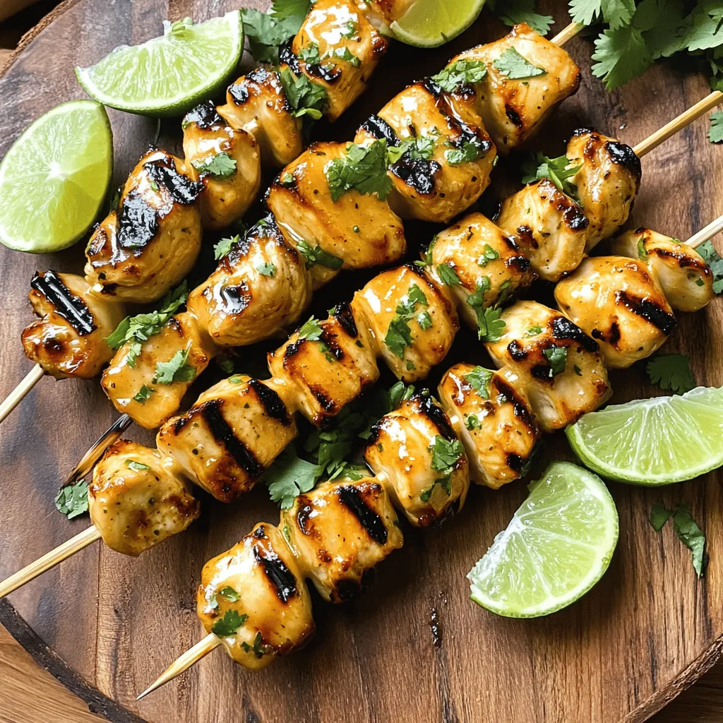 - 1 lb boneless, skinless chicken breast, cut into 1-inch cubes - 3 tablespoons honey - 2 tablespoons lime juice (freshly squeezed) - 1 tablespoon soy sauce - 2 cloves garlic, minced - 1 teaspoon ground cumin - 1 teaspoon paprika - Salt and pepper to taste - Skewers (wooden or metal) - Fresh cilantro, chopped (for garnish) For best results, use a kitchen scale to weigh the chicken. This ensures you have the right amount. For lime juice, use fresh limes. Fresh juice tastes better than bottled. When measuring honey, warm it slightly. This helps it pour easily. Before cutting the chicken, make sure your knife is sharp. A sharp knife makes clean cuts. Cut the chicken into equal pieces. This helps them cook evenly on the grill. If you're out of honey, try maple syrup. It adds a nice sweetness. Instead of lime juice, lemon juice works too. It gives a similar tang. Use coconut aminos instead of soy sauce for a soy-free option. For garlic, you can use garlic powder in a pinch. Just use half the amount. If you don’t like cumin, try using oregano. It gives a different flavor but still tastes great. Feel free to swap out the chicken for shrimp or tofu. Both work well with this marinade. To make your honey lime grilled chicken skewers, start with the marinade. In a large mixing bowl, combine: - 3 tablespoons honey - 2 tablespoons lime juice - 1 tablespoon soy sauce - 2 cloves garlic, minced - 1 teaspoon ground cumin - 1 teaspoon paprika - Salt and pepper to taste Whisk these ingredients until they blend well. This mixture gives the chicken great flavor. Next, add 1 pound of cubed chicken breast to the bowl. Make sure each piece gets coated with the marinade. Cover the bowl with plastic wrap. Let it sit in the fridge for at least 30 minutes. If you have time, marinate for up to 2 hours. This extra time adds even more flavor. While the chicken marinates, prepare your skewers. If you use wooden skewers, soak them in water for at least 30 minutes. This step helps prevent burning on the grill. For metal skewers, you can skip this step. After soaking, you can move on to the next part. Now, it’s time to grill the chicken. Preheat your grill to medium-high heat. Take the marinated chicken pieces and thread them onto the soaked skewers. Leave some space between each piece for even cooking. Place the skewers on the grill. Cook them for about 10-12 minutes. Turn them occasionally for an even cook. The chicken is done when it reaches an internal temperature of 165°F (75°C). Once cooked, remove the skewers from the grill. Let them rest for 5 minutes. This step helps keep the chicken juicy. For a nice finish, sprinkle chopped cilantro on top before serving. You can serve the skewers on a wooden platter or a large white plate. Add lime wedges and extra cilantro for a pop of color. Enjoy your tasty honey lime grilled chicken skewers! To get the best flavor, use fresh lime juice. It adds a bright taste. Mix honey, lime juice, soy sauce, minced garlic, ground cumin, and paprika in a bowl. This blend creates a sweet and tangy marinade. Make sure to coat each chicken piece well. Let it sit for at least 30 minutes. If you have time, marinate for up to 2 hours. The longer it sits, the more flavor it soaks up. Preheat your grill to medium-high heat. This step is key for great grill marks. Use a hot grill to sear the chicken quickly. Space the chicken pieces on the skewers, leaving gaps. This helps the heat reach all sides. Turn the skewers every few minutes. This action gives you those nice, dark grill lines. Keep a close eye on them to avoid burning. It's important to check the chicken’s doneness. The internal temperature should reach 165°F (75°C). You can use a meat thermometer for accuracy. If you don’t have one, cut a piece open. The meat should be white and juices clear. This step ensures the chicken is safe to eat. Let the skewers rest for five minutes after grilling. This helps juices settle back in the meat, making it tender and juicy. {{image_2}} You can switch up the marinade for fun flavors. Try using orange juice instead of lime. This adds a sweet twist. You can also use maple syrup instead of honey for a rich taste. For a spicy kick, add some hot sauce or red pepper flakes. Experimenting with different herbs, like thyme or rosemary, can also change the flavor. If you want to change the protein, chicken isn’t your only choice. You can use shrimp for a light and tasty option. Beef cubes, marinated the same way, create a hearty meal. Tofu is a great choice for vegans. It soaks up flavors well and grills nicely. Just be sure to press it first to remove extra moisture. For veggie skewers, use bell peppers, zucchini, and mushrooms. These colorful veggies grill beautifully. Add cubed eggplant for a rich flavor. You can also include cherry tomatoes for sweetness. Marinate these veggies in the same honey-lime mix. This way, your skewers stay vibrant and tasty without meat. Serve with a side of rice or a fresh salad for a complete meal. After you enjoy your Honey Lime Grilled Chicken Skewers, store leftovers properly. Place the skewers in an airtight container. You can keep them in the fridge for up to three days. If you want to keep them longer, freezing is a good option. To reheat the chicken skewers, use the oven for the best results. Preheat your oven to 350°F (175°C). Place the skewers on a baking sheet and heat for about 10-12 minutes. You want the chicken to be warm all the way through. You can also use a microwave, but this may make the chicken less juicy. If you want to freeze the skewers, first let them cool completely. Wrap each skewer tightly in plastic wrap. Then, place the wrapped skewers in a freezer bag. They can last for up to three months in the freezer. When you're ready to eat them, thaw overnight in the fridge before reheating. Marinate the chicken for at least 30 minutes. For the best flavor, let it sit for up to 2 hours. This time allows the chicken to soak up the honey and lime flavors. If you're short on time, 30 minutes still gives great taste. Yes, you can grill these skewers in the oven. Preheat your oven to 400°F (200°C). Place the skewers on a baking sheet lined with foil. Cook for about 15-20 minutes, flipping halfway through. This method gives you juicy chicken with a nice char. Great side dishes include: - Grilled vegetables - Cilantro lime rice - Fresh salad with avocado - Corn on the cob These sides add color and flavor to your meal. They also balance the sweetness of the chicken. Enjoy a mix of textures and tastes with your skewers! In this blog post, we covered key ingredients for the Honey Lime Grilled Chicken Skewers. We shared tips on measuring ingredients, marinating chicken, and preparing skewers. You learned about grilling techniques and ways to ensure your chicken is cooked right. We explored tasty variations, proper storage, and common questions. By following these steps and tips, you can create a delicious meal that your family will love. Enjoy your cooking and happy grilling!