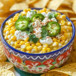 - 4 cups frozen corn, thawed - 1 cup cream cheese, softened - 1 cup sour cream - 1 cup mayonnaise - 1 cup shredded queso fresco or feta cheese - 1 jalapeño, finely chopped (remove seeds for less heat) - 2 cloves garlic, minced - 1 teaspoon chili powder - 1 teaspoon cumin - 1 tablespoon lime juice - 1/2 cup chopped fresh cilantro - Salt and pepper to taste The ingredients are the heart of this dip. They work together to create a creamy, dreamy delight. The corn brings sweetness, while the cheeses add richness and flavor. Cream cheese, sour cream, and mayonnaise create a smooth base. The spices, lime juice, and cilantro add a burst of freshness. - Alternatives for Cream Cheese: You can use Greek yogurt or cottage cheese. These options keep it creamy while adding a tangy flavor. - Dairy-Free Options: Try using cashew cream or a dairy-free sour cream. These will still give a nice texture. - Different Types of Cheese: If you can't find queso fresco, feta works well. Cheddar or pepper jack can also add a unique twist. These substitutions let you customize the dip to fit your needs. Whether you're dairy-free or just want to try something new, you can get creative! 1. Start by gathering your base ingredients. In a big bowl, mix together: - 4 cups frozen corn, thawed - 1 cup cream cheese, softened - 1 cup sour cream - 1 cup mayonnaise 2. Blend these ingredients well. You want a smooth and creamy base. 3. Now, it's time for the flavor boost. Add in: - 1 cup shredded queso fresco or feta cheese - 1 jalapeño, finely chopped (remove seeds for less heat) - 2 cloves garlic, minced - 1 teaspoon chili powder - 1 teaspoon cumin - 1 tablespoon lime juice 4. Stir everything together until mixed evenly. 5. Season to taste with salt and pepper. 1. Pour the mixture into your slow cooker. 2. Cover the slow cooker and set it to low heat. 3. Cook for 2-3 hours. Stir occasionally to ensure even heating. 4. Your dip is ready when it is hot and combined well. 1. Serve the dip warm for the best flavor. 2. Accompany it with: - Tortilla chips - Veggie sticks 3. For a fun touch, serve the dip in a colorful bowl. 4. Garnish with fresh cilantro and crumbled queso fresco. 5. Place it on a vibrant tablecloth to enhance the festive look. To get the right consistency, mix the corn with cream cheese, sour cream, and mayonnaise. This creamy base makes the dip rich and smooth. Stir well to avoid lumps. If you want a thicker dip, add more cream cheese. For a thinner dip, add a splash of milk. Balancing flavors is key. The lime juice adds brightness, while the jalapeño brings heat. Adjust these to suit your taste. If you like it spicy, leave some seeds in the jalapeño. Don’t forget to taste as you go! When using different slow cooker models, know that sizes may vary. A 4-quart slow cooker works well for this dip. If you have a larger one, you can double the recipe. Check if your model has a warm setting; this keeps the dip hot for longer. For safety, always cover your slow cooker. This helps heat circulate and prevents spills. Stir occasionally to ensure even cooking. Avoid opening the lid too often, as this lets heat escape. For the best taste, serve the dip warm. You can keep it in the slow cooker on low. This way, it stays creamy and delicious. Use a colorful bowl for presentation. Top with cilantro and crumbled cheese for a nice touch. For dipping, tortilla chips work great. Veggie sticks like carrots or celery are fun, too. You can even use pita chips for a twist! Get creative with your dippers to make it more exciting. {{image_2}} You can make the dip spicier by adding more jalapeños. Use two or three if you love heat. If you want a different kick, try other peppers like serrano or poblano. These add unique flavors. Another way to spice it up is by incorporating hot sauce. A few dashes can bring a fun twist. Choose your favorite brand or type. Experiment with heat levels to find your sweet spot. If you want a vegan option, swap out the cream cheese and sour cream for plant-based versions. There are many tasty vegan cream cheeses on the market. Look for those made from nuts or soy for the best flavor. Also, feel free to add other vegetables. Chopped bell peppers, spinach, or even black beans can mix in well. This adds color and texture. It’s a great way to use what you have on hand. Using different herbs can change the dip's taste. Try swapping cilantro for parsley or adding fresh chives. Each herb gives a different flavor boost. You can also experiment with spices. Instead of chili powder, try smoked paprika for a deeper taste. Adding a pinch of cayenne pepper can heighten the flavor too. Adjust the spices to match your taste. How do I store leftovers of my dip? After enjoying your Slow Cooker Mexican Street Corn Dip, let it cool. Transfer it to an airtight container. Store it in the fridge for up to five days. Make sure the lid is tight to keep it fresh. This helps prevent any strong smells from other foods in your fridge. What are the best practices for freezing dip? To freeze the dip, start by letting it cool completely. Use a freezer-safe container, leaving some space at the top. This allows for expansion. Label it with the date. You can freeze it for about three months. Just remember to thaw it in the fridge before reheating. How can I reheat the dip without losing texture? To reheat, you can use the microwave or stovetop. For the microwave, heat in short bursts, stirring often. For the stovetop, place it in a pan over low heat. Stir gently until warm. Adding a little milk can help restore its creamy texture. Avoid high heat to keep it smooth and tasty. Mexican Street Corn Dip is a creamy and flavorful dish. It combines sweet corn with cheese, spices, and fresh herbs. This dip is inspired by elote, a popular street food in Mexico. You get a rich taste with every bite. The dip is warm and comforting, perfect for gatherings or game day. Yes, you can prepare this dip in advance. Mix the ingredients in your slow cooker a day before. Just cover it and store it in the fridge. On the day you want to serve it, simply cook it in the slow cooker. This makes it easy to enjoy without stress. You can serve this dip with various snacks. Tortilla chips are a classic option and great for dipping. Veggie sticks like carrots or celery also work well. For a fun twist, try serving it with warm pita bread or toasted baguette slices. The dip lasts for about three to five days in the fridge. Make sure to store it in an airtight container. When you're ready to enjoy it, reheat gently. This keeps the dip creamy and tasty. This guide covered the essentials of making Mexican Street Corn Dip. We explored the key ingredients and some tasty substitutions. I shared clear steps to prepare, cook, and serve the dip right. Plus, I offered tips for creating the perfect flavor and texture. With these insights, you can impress your guests or enjoy a cozy night in. The versatility of this dip allows for many tasty changes. Keep experimenting and enjoy every bite!