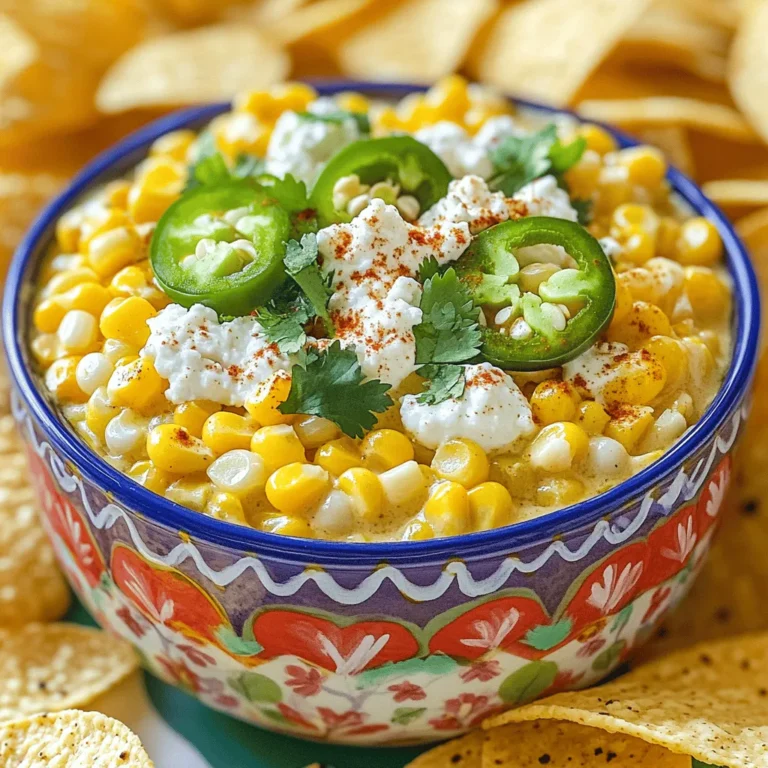 - 4 cups frozen corn, thawed - 1 cup cream cheese, softened - 1 cup sour cream - 1 cup mayonnaise - 1 cup shredded queso fresco or feta cheese - 1 jalapeño, finely chopped (remove seeds for less heat) - 2 cloves garlic, minced - 1 teaspoon chili powder - 1 teaspoon cumin - 1 tablespoon lime juice - 1/2 cup chopped fresh cilantro - Salt and pepper to taste The ingredients are the heart of this dip. They work together to create a creamy, dreamy delight. The corn brings sweetness, while the cheeses add richness and flavor. Cream cheese, sour cream, and mayonnaise create a smooth base. The spices, lime juice, and cilantro add a burst of freshness. - Alternatives for Cream Cheese: You can use Greek yogurt or cottage cheese. These options keep it creamy while adding a tangy flavor. - Dairy-Free Options: Try using cashew cream or a dairy-free sour cream. These will still give a nice texture. - Different Types of Cheese: If you can't find queso fresco, feta works well. Cheddar or pepper jack can also add a unique twist. These substitutions let you customize the dip to fit your needs. Whether you're dairy-free or just want to try something new, you can get creative! 1. Start by gathering your base ingredients. In a big bowl, mix together: - 4 cups frozen corn, thawed - 1 cup cream cheese, softened - 1 cup sour cream - 1 cup mayonnaise 2. Blend these ingredients well. You want a smooth and creamy base. 3. Now, it's time for the flavor boost. Add in: - 1 cup shredded queso fresco or feta cheese - 1 jalapeño, finely chopped (remove seeds for less heat) - 2 cloves garlic, minced - 1 teaspoon chili powder - 1 teaspoon cumin - 1 tablespoon lime juice 4. Stir everything together until mixed evenly. 5. Season to taste with salt and pepper. 1. Pour the mixture into your slow cooker. 2. Cover the slow cooker and set it to low heat. 3. Cook for 2-3 hours. Stir occasionally to ensure even heating. 4. Your dip is ready when it is hot and combined well. 1. Serve the dip warm for the best flavor. 2. Accompany it with: - Tortilla chips - Veggie sticks 3. For a fun touch, serve the dip in a colorful bowl. 4. Garnish with fresh cilantro and crumbled queso fresco. 5. Place it on a vibrant tablecloth to enhance the festive look. To get the right consistency, mix the corn with cream cheese, sour cream, and mayonnaise. This creamy base makes the dip rich and smooth. Stir well to avoid lumps. If you want a thicker dip, add more cream cheese. For a thinner dip, add a splash of milk. Balancing flavors is key. The lime juice adds brightness, while the jalapeño brings heat. Adjust these to suit your taste. If you like it spicy, leave some seeds in the jalapeño. Don’t forget to taste as you go! When using different slow cooker models, know that sizes may vary. A 4-quart slow cooker works well for this dip. If you have a larger one, you can double the recipe. Check if your model has a warm setting; this keeps the dip hot for longer. For safety, always cover your slow cooker. This helps heat circulate and prevents spills. Stir occasionally to ensure even cooking. Avoid opening the lid too often, as this lets heat escape. For the best taste, serve the dip warm. You can keep it in the slow cooker on low. This way, it stays creamy and delicious. Use a colorful bowl for presentation. Top with cilantro and crumbled cheese for a nice touch. For dipping, tortilla chips work great. Veggie sticks like carrots or celery are fun, too. You can even use pita chips for a twist! Get creative with your dippers to make it more exciting. {{image_2}} You can make the dip spicier by adding more jalapeños. Use two or three if you love heat. If you want a different kick, try other peppers like serrano or poblano. These add unique flavors. Another way to spice it up is by incorporating hot sauce. A few dashes can bring a fun twist. Choose your favorite brand or type. Experiment with heat levels to find your sweet spot. If you want a vegan option, swap out the cream cheese and sour cream for plant-based versions. There are many tasty vegan cream cheeses on the market. Look for those made from nuts or soy for the best flavor. Also, feel free to add other vegetables. Chopped bell peppers, spinach, or even black beans can mix in well. This adds color and texture. It’s a great way to use what you have on hand. Using different herbs can change the dip's taste. Try swapping cilantro for parsley or adding fresh chives. Each herb gives a different flavor boost. You can also experiment with spices. Instead of chili powder, try smoked paprika for a deeper taste. Adding a pinch of cayenne pepper can heighten the flavor too. Adjust the spices to match your taste. How do I store leftovers of my dip? After enjoying your Slow Cooker Mexican Street Corn Dip, let it cool. Transfer it to an airtight container. Store it in the fridge for up to five days. Make sure the lid is tight to keep it fresh. This helps prevent any strong smells from other foods in your fridge. What are the best practices for freezing dip? To freeze the dip, start by letting it cool completely. Use a freezer-safe container, leaving some space at the top. This allows for expansion. Label it with the date. You can freeze it for about three months. Just remember to thaw it in the fridge before reheating. How can I reheat the dip without losing texture? To reheat, you can use the microwave or stovetop. For the microwave, heat in short bursts, stirring often. For the stovetop, place it in a pan over low heat. Stir gently until warm. Adding a little milk can help restore its creamy texture. Avoid high heat to keep it smooth and tasty. Mexican Street Corn Dip is a creamy and flavorful dish. It combines sweet corn with cheese, spices, and fresh herbs. This dip is inspired by elote, a popular street food in Mexico. You get a rich taste with every bite. The dip is warm and comforting, perfect for gatherings or game day. Yes, you can prepare this dip in advance. Mix the ingredients in your slow cooker a day before. Just cover it and store it in the fridge. On the day you want to serve it, simply cook it in the slow cooker. This makes it easy to enjoy without stress. You can serve this dip with various snacks. Tortilla chips are a classic option and great for dipping. Veggie sticks like carrots or celery also work well. For a fun twist, try serving it with warm pita bread or toasted baguette slices. The dip lasts for about three to five days in the fridge. Make sure to store it in an airtight container. When you're ready to enjoy it, reheat gently. This keeps the dip creamy and tasty. This guide covered the essentials of making Mexican Street Corn Dip. We explored the key ingredients and some tasty substitutions. I shared clear steps to prepare, cook, and serve the dip right. Plus, I offered tips for creating the perfect flavor and texture. With these insights, you can impress your guests or enjoy a cozy night in. The versatility of this dip allows for many tasty changes. Keep experimenting and enjoy every bite!