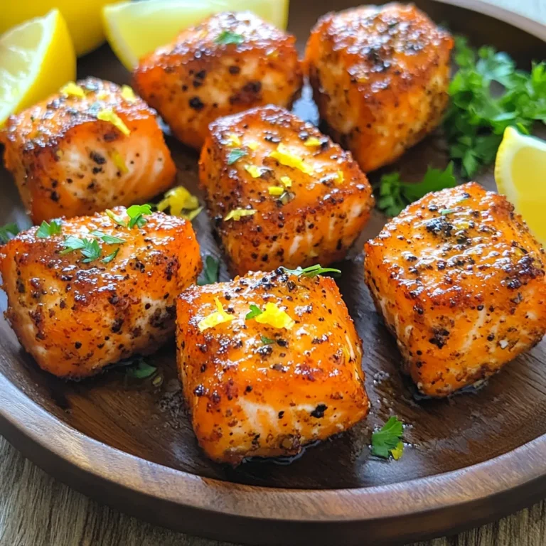 - 1 lb fresh salmon fillet, skin removed and cut into bite-sized pieces - 2 tablespoons olive oil - 1 tablespoon lemon zest - 2 tablespoons lemon juice The main ingredients are simple but full of flavor. Fresh salmon is key. It gives a tender texture and rich taste. Olive oil adds moisture and helps the spices stick. Lemon zest and juice brighten the dish with fresh citrus notes. - 1 teaspoon black pepper - 1 teaspoon garlic powder - 1 teaspoon onion powder - 1 teaspoon smoked paprika - Salt to taste The spices elevate the salmon. Black pepper adds heat, while garlic and onion powders bring depth. Smoked paprika adds a hint of smokiness. A pinch of salt enhances the natural flavor of the fish. These spices work together to create a zesty crust. - Fresh parsley, chopped for garnish - Lemon wedges Garnishing is key for presentation. Fresh parsley adds a pop of color and freshness. Lemon wedges provide a tangy kick when squeezed over the salmon. These little touches make your dish look and taste amazing. Using these ingredients, you create a dish that is quick, easy, and bursting with flavor. In a bowl, mix olive oil, lemon zest, lemon juice, black pepper, garlic powder, onion powder, smoked paprika, and a pinch of salt. I like to whisk this mix until it’s smooth. This marinade adds a lot of flavor to the salmon. The longer you let it sit, the better the taste will be. I recommend marinating for at least 15-20 minutes. This time allows the salmon to soak in all those zesty flavors. Add the salmon pieces to your marinade. Gently toss them to coat every piece well. This ensures every bite bursts with flavor. Let the salmon sit in the marinade for about 15-20 minutes. This timing is key for maximum flavor. If you can, cover the bowl and place it in the fridge. This helps keep the salmon fresh as it marinates. First, preheat your air fryer to 390°F (200°C). This step takes about 5 minutes. A hot air fryer helps cook the salmon evenly. Once it's hot, lightly spray the air fryer basket with cooking spray. Then, place the marinated salmon bites in a single layer. Don’t overcrowd the basket; this helps all the pieces cook properly. Cook the salmon for 8-10 minutes. Check for doneness by using a fork. The salmon should flake easily. If it does, you’re ready to enjoy those tasty bites! To cook salmon just right, keep an eye on the time. You want your salmon bites to cook for about 8-10 minutes in the air fryer. If you overcook them, they can easily dry out. Checking for doneness is key. The salmon should flake easily with a fork when it’s ready. If it doesn’t, give it another minute or two. Avoid overcrowding your air fryer. If you place too many salmon bites in, they won’t cook evenly. It’s best to work in batches. Using cooking spray is also important. Lightly spray the basket before adding your salmon to prevent sticking. This simple step makes cleanup much easier. There are many ways to boost the flavor of your lemon pepper salmon bites. Try adding a pinch of cayenne pepper for heat or some dill for a fresh taste. You can also switch up the marinade. Consider using soy sauce or honey for a different twist. These small changes can make your dish unique and exciting. {{image_2}} You can switch up the fish if you want. Try using tilapia or cod for a different taste. Each type of fish will change the flavor and texture. Just remember that cooking time may vary. Herbs can also change the dish. If you like basil or dill, add them to the marinade. Fresh herbs give a bright taste and pair well with lemon. You can even try adding a bit of chili for heat! For the best sides with lemon pepper salmon, think light and fresh. Roasted veggies like asparagus or broccoli work well. A simple salad with mixed greens and a light vinaigrette is also great. If you want healthy options, try quinoa or brown rice. These grains add fiber and keep you full. You can mix in some herbs or lemon juice for extra flavor. Storing marinated salmon is easy. You can marinate it the night before. Put the salmon in a sealed bag with the marinade. It will soak up more flavor as it sits in the fridge. Prepping ahead saves time for busy weeknights. You can cut the salmon into pieces and store them in the fridge. When you are ready to cook, just pop them in the air fryer. This makes a quick and tasty meal! To keep your lemon pepper salmon bites fresh, store them in the fridge. Place them in an airtight container. This helps keep moisture in and prevents the salmon from drying out. Use glass or plastic containers with tight lids for the best results. Remember to cool them down before sealing them up. This prevents condensation, which can make your salmon soggy. When you reheat salmon bites, you want to keep them crispy. You can use your air fryer again or a skillet. If you choose the air fryer, heat it to 350°F (175°C). Cook the salmon for about 3-4 minutes. If you use a skillet, add a bit of olive oil and heat them on medium. This keeps the flavor and texture intact. Avoid using the microwave, as it can make the salmon chewy. If you want to save extra salmon bites, freezing is a great option. Place them in a single layer on a baking sheet. Freeze them for about an hour until firm. Then, transfer them to a freezer-safe bag. This helps prevent freezer burn. When you're ready to eat, thaw them in the fridge overnight. Once thawed, you can air fry them again for a quick meal. I recommend marinating the salmon for 15-20 minutes. This time helps the flavors soak in well. If you have more time, you can marinate longer, up to an hour. However, avoid longer periods, as the lemon juice can break down the fish too much. Yes, you can use frozen salmon. Just make sure to thaw it first. A quick way is to place it in a sealed bag and submerge it in cold water. After thawing, pat it dry with a paper towel. If using frozen salmon, you may need to add an extra minute or two to the cooking time. If your air fryer is smaller, cook the salmon in batches. Avoid overcrowding the basket. This ensures even cooking and crispiness. You can also reduce the amount of salmon you prepare at one time. Just adjust the time as needed to get that golden-brown finish. To check if the salmon is done, look for a few signs. The fish should be golden brown on the outside. Use a fork to see if it flakes easily. If it does, it is ready to eat. The salmon should also be opaque in the center, not translucent. You learned how to make delicious lemon pepper salmon bites. We covered key ingredients, spices, and garnishes. I shared step-by-step instructions for marinating and cooking. You got tips to ensure perfect results and variations to try. Plus, I offered storage info and answered common questions. Now, you are ready to make a tasty meal. Enjoy experimenting with different flavors and sides! This dish is simple, quick, and sure to impress.