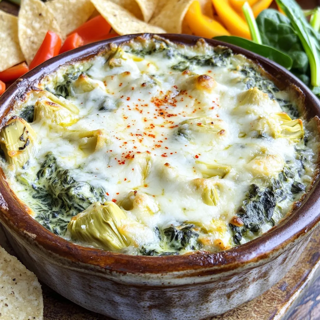 - 1 (10 oz) package frozen chopped spinach, thawed and excess water squeezed out - 1 (14 oz) can artichoke hearts, drained and chopped - 1 cup cream cheese, softened - 1 cup sour cream - 1 cup shredded mozzarella cheese - ½ cup grated Parmesan cheese - 2 cloves garlic, minced - 1 teaspoon onion powder - ½ teaspoon red pepper flakes (optional) - Salt and pepper to taste To create the creamy texture of this dip, we rely on a few key ingredients. First, the frozen chopped spinach brings a fresh taste without the fuss of washing and chopping. The artichoke hearts add a unique flavor and texture that pairs perfectly with the cheese. Cream cheese and sour cream give the dip its rich and creamy base, while mozzarella and Parmesan offer that melty goodness we crave. Garlic and onion powder boost the flavor, with red pepper flakes adding a little kick. - You can use fresh spinach instead of frozen. Just wilt it in a pan before mixing. - Try different cheeses like cheddar or goat cheese for new flavors. These substitutions can change the dip's taste and texture. Fresh spinach will offer a brighter flavor. Switching cheese types can make your dip more fun and unique. Experiment and find your favorite mix! First, you need to thaw the frozen spinach. Place the spinach in a bowl and let it sit for a while. Once it’s thawed, squeeze out the extra water. This helps keep the dip from being too watery. Next, open the can of artichoke hearts. Drain them well and chop them into small pieces. This makes it easier to mix into the dip. In a large mixing bowl, start by adding the softened cream cheese. Then, add the sour cream, shredded mozzarella cheese, and grated Parmesan cheese. Toss in the minced garlic and onion powder. If you like a little heat, add red pepper flakes. Mix everything well until it’s smooth. This will form a creamy base for your dip. Now, gently fold in the chopped spinach and artichoke hearts. Make sure they are evenly spread throughout the mix. Finally, season with salt and pepper. Taste it and adjust if needed. Now it’s time for the slow cooker. Transfer your creamy mixture into the slow cooker. Spread it out evenly for even cooking. Cover the slow cooker and set it to low. Cook for about 1.5 to 2 hours. Stir it occasionally to make sure it heats evenly. When it’s done, the dip should be hot, and the cheese should be melted and bubbly. Serve it warm with your favorite dippers like tortilla chips, pita bread, or fresh veggies. Enjoy your creamy delight! To make this dip great, soften the cream cheese fully. This ensures a smooth blend. Cold cream cheese leads to lumps. You can set it out for a bit or microwave it for a few seconds. Just be careful not to melt it! Stir the dip occasionally as it cooks. This helps it heat evenly and prevents burning. If you skip stirring, the bottom may cook faster than the top. Give it a good stir to mix up the flavors. This simple step makes a big difference in taste. Serve the dip warm for the best taste. Use dippers like tortilla chips, pita bread, or fresh veggies. You can also try it with toasted baguette slices. Each dipper adds its own fun twist. Get creative with what you have, and enjoy the creamy goodness! {{image_2}} To boost the taste of your creamy spinach artichoke dip, try adding herbs and spices. Here are some ideas: - Fresh basil: Adds a sweet and fragrant taste. - Dill: Gives a nice, tangy flavor. - Cumin: Adds warmth and depth. - Smoked paprika: Provides a subtle smokiness. - Black pepper: For a simple kick. Mix any of these into your cheese mixture for a unique twist. You can change the flavor with just a few extra spices. If you want a vegan or dairy-free dip, it's easy to make swaps. Use these plant-based ingredients: - Vegan cream cheese: A great alternative for cream cheese. - Dairy-free sour cream: Keeps the dip creamy without dairy. - Nutritional yeast: Adds a cheesy flavor without using cheese. - Plant-based cheeses: Look for vegan mozzarella or Parmesan. These swaps let everyone enjoy the dip, no matter their diet. To make this dip gluten-free, check your ingredients carefully. Here are some tips: - Use gluten-free dippers: Try tortilla chips, fresh veggies, or gluten-free crackers. - Read labels: Some seasonings may contain gluten. By ensuring all your ingredients are gluten-free, everyone can enjoy this creamy delight. To keep your creamy spinach artichoke dip fresh, store it in an airtight container. Make sure to cool it first before sealing. This helps avoid steam buildup that can spoil the dip. You can refrigerate it for up to three days. When you are ready to enjoy it again, reheat in the microwave or on the stovetop. Heat it gently, stirring often, so it warms evenly. Add a splash of cream if it seems too thick after reheating. This keeps the dip creamy and delicious. If you want to make this dip ahead of time, freezing is a great option. To freeze, place the cooled dip in a freezer-safe container. Leave some space at the top, as it will expand when frozen. You can also use freezer bags, squeezing out excess air before sealing. This dip can last in the freezer for up to three months. When you are ready to use it, let it thaw in the fridge overnight. For reheating, warm it slowly in a pot over low heat. Stir often to maintain its creamy texture. Enjoy your frozen dip just like fresh! Yes, you can make this dip ahead. Prepare the dip up to the cooking step. Place the mixed ingredients in the slow cooker. Cover and store it in the fridge for up to 24 hours. When ready, just cook it on low for about 1.5 to 2 hours. This makes it easy for parties or gatherings. You can enjoy fresh dip without much hassle. The dip lasts about 3 to 4 days in the fridge. Store it in an airtight container to keep it fresh. If you see any signs of spoilage, like off smells or mold, throw it away. To reheat, warm it gently in the microwave or slow cooker. Stir it to ensure even heating. Keep the dip creamy and tasty by avoiding high heat. Yes, you can easily double this recipe. Just double each ingredient and mix well. Make sure your slow cooker is large enough to hold it all. If you have a big group, this dip is a crowd-pleaser. Cook it the same way, checking for doneness after 2 hours. Everyone will enjoy this creamy, tasty treat! This blog post covered how to make a delicious spinach artichoke dip. We looked at key ingredients, cooking steps, and tips for great taste. You learned how to customize the dip with substitutes and variations, ensuring everyone can enjoy it. Storing and reheating tips help you keep leftovers fresh. Whether for a party or a cozy night, this dip is a winner. Remember, cooking is about fun and creativity in the kitchen. Enjoy making this dip your own!